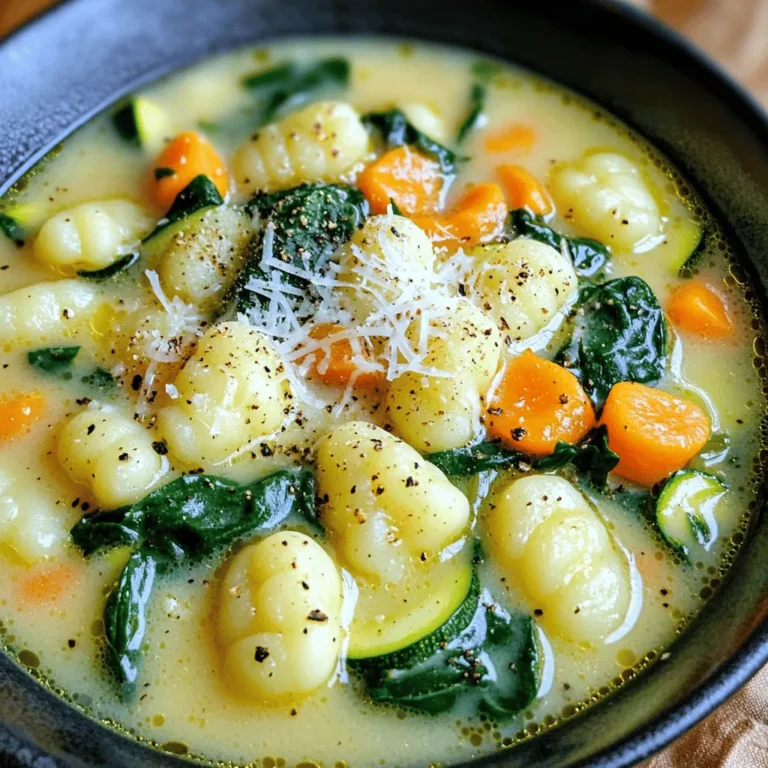 For a rich and tasty soup, gather the following key ingredients: - 1 package (16 oz) gnocchi - 1 tablespoon olive oil - 1 small onion, diced - 3 cloves garlic, minced - 1 medium carrot, diced - 1 medium zucchini, diced - 4 cups vegetable broth - 1 can (14 oz) diced tomatoes, undrained - 1 cup heavy cream - 3 cups fresh spinach, chopped - 1 teaspoon dried basil - 1 teaspoon Italian seasoning - Salt and pepper to taste - Grated Parmesan cheese for garnish These ingredients blend to create a warm and hearty dish. The gnocchi adds a soft texture, while the cream gives a lovely richness. You may already have some of these staples in your kitchen. Check for: - Olive oil - Salt - Pepper - Dried basil - Italian seasoning These items help build flavor and keep the soup simple yet delicious. When serving, consider these extra touches for a special flair: - Grated Parmesan cheese - Fresh basil leaves - A drizzle of olive oil These garnishes enhance the look and taste of your soup. Adding them can elevate your meal from good to great. Enjoy the creamy, comforting flavors! 1. Gather your ingredients. You need gnocchi, olive oil, onion, garlic, carrot, zucchini, vegetable broth, diced tomatoes, heavy cream, spinach, dried basil, Italian seasoning, salt, and pepper. 2. Dice the onion, carrot, and zucchini. Cut them into small, even pieces for even cooking. 3. Mince the garlic. This will bring out a strong flavor in your soup. 1. Heat a large pot. Add one tablespoon of olive oil over medium heat. 2. Add the diced onion and carrot. Sauté for about five minutes until they soften. 3. Stir in the minced garlic and zucchini. Cook for another two to three minutes until fragrant. 4. Pour in the vegetable broth. Add the undrained can of diced tomatoes and bring to a boil. 5. Add the gnocchi. Cook for three to five minutes until they float to the top. 6. Reduce the heat to low. Stir in the heavy cream, chopped spinach, dried basil, and Italian seasoning. 7. Let it simmer gently. Allow the soup to cook for another five minutes to meld the flavors. 8. Season to taste. Add salt and pepper as needed for flavor. 1. Serve hot. Ladle the soup into bowls. 2. Garnish with cheese. Add freshly grated Parmesan cheese on top of each bowl. 3. Enjoy your meal! This soup is perfect for a cozy night in. To make your soup extra creamy, start with heavy cream. This rich ingredient gives the best texture. Stir in the cream gently after cooking the gnocchi. Avoid boiling after adding the cream. This helps keep that lovely, smooth texture. For more flavor, add a dash of nutmeg. Just a pinch can elevate the soup. If you want it really creamy, blend a portion of the soup and mix it back in. Cook gnocchi in boiling water until they float. This shows they are done. For this soup, add them right to the pot. They soak up flavors as they cook. Don’t overcrowd the pot; work in batches if needed. After adding gnocchi to the soup, stir gently. This prevents them from breaking apart. One big mistake is overcooking the gnocchi. They turn mushy if cooked too long. Also, don’t rush adding the cream. Give time for the other ingredients to blend first. Forgetting to season can dull the flavor. Always taste and adjust with salt and pepper. Lastly, avoid using low-fat cream. It won't give the same rich, creamy finish. {{image_2}} If you want a vegetarian twist, skip the heavy cream. You can use coconut milk instead. It adds creaminess and a hint of sweetness. Another option is to use cashew cream for a nutty flavor. You can also replace the vegetable broth with a mushroom broth. This gives a deep, rich taste that enhances the soup. For those who want more protein, add cooked chicken or sausage. Just brown them in the pot before the veggies. You can also use beans like white beans or chickpeas. They add protein and make the soup heartier. If you prefer seafood, shrimp works great. Add it at the end to keep it tender. Feel free to mix in different veggies too. Bell peppers, kale, or broccoli can work well. Just chop them into small pieces so they cook evenly. You can also try adding sweet corn for a hint of sweetness. The more colorful your soup, the more fun it will be to eat. Each new ingredient brings its own unique taste. To store leftover soup, let it cool first. Pour it into an airtight container. This keeps the soup fresh. Label the container with the date. You can keep it in the fridge for up to three days. If you want to enjoy it later, freezing is a great option. For freezing, use freezer-safe containers. Leave some space at the top. The soup will expand as it freezes. You can freeze it for up to three months. When you are ready to eat, just thaw it in the fridge overnight. When reheating, pour the soup into a pot. Heat it over medium-low heat on the stove. Stir it often to avoid burning. If the soup is too thick, add a bit of broth or water. You can also use the microwave. Heat in short bursts, stirring in between. Enjoy your soup warm! To thicken your soup, you can add a few things. Try mixing in more heavy cream or a cornstarch slurry. A slurry is made by mixing equal parts cornstarch and water. You can also blend some of the soup using a blender. This will create a smooth texture and make it thicker. Yes, you can use frozen gnocchi in this recipe. There is no need to thaw them. Just add them straight to the pot when the soup is boiling. They will cook up just fine, adding that wonderful, soft texture. If you want a lighter option, you can use half-and-half or whole milk. For a dairy-free choice, try coconut milk or cashew cream. These will change the taste a bit but will still give you creaminess. This soup can last about 3 to 4 days in the fridge. Store it in an airtight container to keep it fresh. If you see any signs of spoilage, it’s best to toss it out. In this blog post, we explored how to make creamy Tuscan gnocchi soup. We covered the main ingredients, essential steps, and important tips. You learned how to achieve the perfect creamy texture, avoid common mistakes, and customize your soup. Remember to store leftovers properly for later enjoyment. This soup is easy to make and offers many tasty options. Dive in and create your own version today. You’ll enjoy every savory bite!