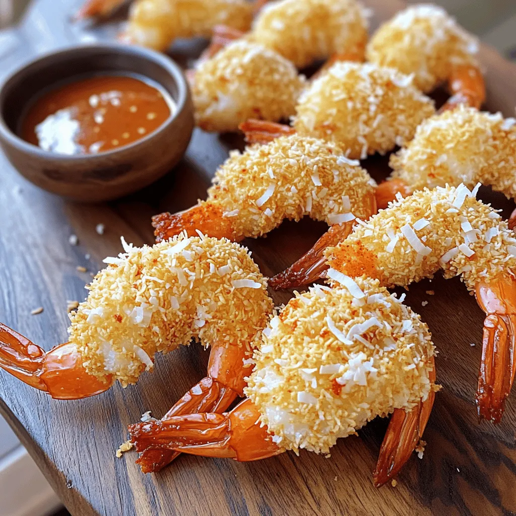 - 1 pound large shrimp, peeled and deveined - 1 cup shredded coconut (sweetened or unsweetened) - 1/2 cup panko breadcrumbs - 1/2 cup all-purpose flour - 2 large eggs - 1 teaspoon garlic powder - 1 teaspoon paprika - Salt and pepper to taste Using cooking spray is key for crispiness. It helps the shrimp get that golden, crunchy crust. Without it, your shrimp may end up soggy. So, don’t skip this step! A light spray on both the basket and the shrimp makes a big difference. It’s simple but very effective. 1. Preparing the shrimp Start with 1 pound of large shrimp. Make sure they are peeled and deveined. Rinse them under cold water. Pat them dry with paper towels. This helps the coating stick better. 2. Setting up the dredging stations Get three shallow bowls ready. In the first bowl, add 1/2 cup of all-purpose flour. Season it with a pinch of salt and pepper. In the second bowl, beat 2 large eggs. In the third bowl, combine 1 cup of shredded coconut, 1/2 cup of panko breadcrumbs, 1 teaspoon of garlic powder, 1 teaspoon of paprika, salt, and pepper. Mix everything well. 1. Flour coating Take one shrimp and dip it into the flour. Make sure to shake off any extra flour. This step gives the shrimp a nice base. 2. Egg wash Next, dip the floured shrimp into the beaten eggs. Ensure it is fully coated. This step helps the coconut and panko stick. 3. Coconut-panko mixture Finally, roll the shrimp in the coconut-panko mix. Press gently to make sure it sticks well. Repeat this process for all the shrimp. 1. Preheating the air fryer Preheat your air fryer to 400°F (200°C). This should take about 5 minutes. Preheating ensures even cooking. 2. Cooking instructions and flipping technique Lightly spray the air fryer basket with cooking spray. Place the shrimp in a single layer, making sure not to overcrowd. Spray the tops of the shrimp with cooking spray to help them crisp up. Cook for 8-10 minutes, flipping halfway through. The shrimp should turn golden brown and crispy when done. Serve hot with your favorite dipping sauce. To get your shrimp extra crispy, use cooking spray. This helps the coating brown nicely. Spray the basket lightly before adding the shrimp. Also, place the shrimp in a single layer. This allows hot air to circulate around each piece, making them crispier. One common mistake is overcrowding the basket. If you put too many shrimp in, they won’t cook evenly. They need space to get that nice crunch. Another mistake is not preheating the air fryer. Always preheat it for about 5 minutes. This helps the shrimp cook correctly and become golden. For flavor, feel free to swap seasonings. Try adding chili powder for spice or lemon zest for freshness. When it comes to coconut, you can choose sweetened or unsweetened. Sweetened coconut gives a rich flavor, while unsweetened offers a more subtle taste. Both options work well, so pick what you like! {{image_2}} You can dip your crispy coconut shrimp in different sauces. - Sweet chili sauce adds a nice, tangy kick. - Zesty lime aioli gives a fresh, citrus flavor. These sauces make each bite even better. They complement the shrimp's crunch and sweetness well. You can also try mixing sauces to create your own flavor. You can make this dish even more friendly for different diets. - Gluten-free alternatives for flour and breadcrumbs work great. You can use almond flour or gluten-free panko. - Adding spices for heat can spice things up! Try cayenne pepper or chili powder. This will give your shrimp an extra kick. Feel free to get creative with what you have on hand. If you want to try different cooking methods, you have options. - Oven-baked version: Preheat your oven to 425°F (220°C). Place shrimp on a baking sheet and bake for 15-20 minutes. Flip halfway through for even cooking. - Deep-frying option: Heat oil to 350°F (175°C). Fry shrimp in batches for about 3-4 minutes until golden brown. Each method brings its own twist to the dish. Choose what fits your style and enjoy! To keep your shrimp fresh, let them cool first. Spread them on a plate. Once they are cool, place them in an airtight container. Make sure to layer parchment paper between layers if you stack them. This helps avoid sticking. They can stay in the fridge for up to three days. To warm up your shrimp, use the air fryer. Set it to 350°F (175°C) and cook for about 5 minutes. This keeps them crispy. You can also use the oven at the same temperature. Just place them on a baking sheet for 10 minutes. Avoid the microwave; it makes shrimp soggy. If you want to freeze your cooked shrimp, let them cool first. Place them on a baking sheet in a single layer. Freeze for about an hour until firm. Then, transfer them to a freezer bag. Be sure to press out the air. They can last in the freezer for up to three months. Cooking shrimp in the air fryer takes about 8 to 10 minutes. You will want to preheat the air fryer to 400°F (200°C) before adding the shrimp. Make sure to flip them halfway through to get even cooking. The shrimp should turn golden brown and crispy when done. Yes, you can use frozen shrimp, but I recommend thawing them first. Place the shrimp in a bowl of cold water for about 15 minutes. Once thawed, peel and devein them if needed. This step ensures that the shrimp cook evenly and get crispy in the air fryer. You can tell shrimp are done when they turn opaque and curl slightly. The color should change to a nice pink. If you have a meat thermometer, the internal temperature should reach 145°F (63°C). Enjoy your crispy coconut shrimp hot for the best taste! In this article, we discussed making crispy shrimp in the air fryer. We covered key ingredients, including shrimp, coconut, and breadcrumbs. Next, we outlined step-by-step cooking instructions. Tips and tricks helped you achieve maximum crispiness and avoid common mistakes. We explored variations, including sauces and ingredient swaps. Finally, we shared storage and reheating methods. Now, you can enjoy delicious, crunchy shrimp anytime. Use these tips to impress your friends and family with your cooking skills. Happy frying!