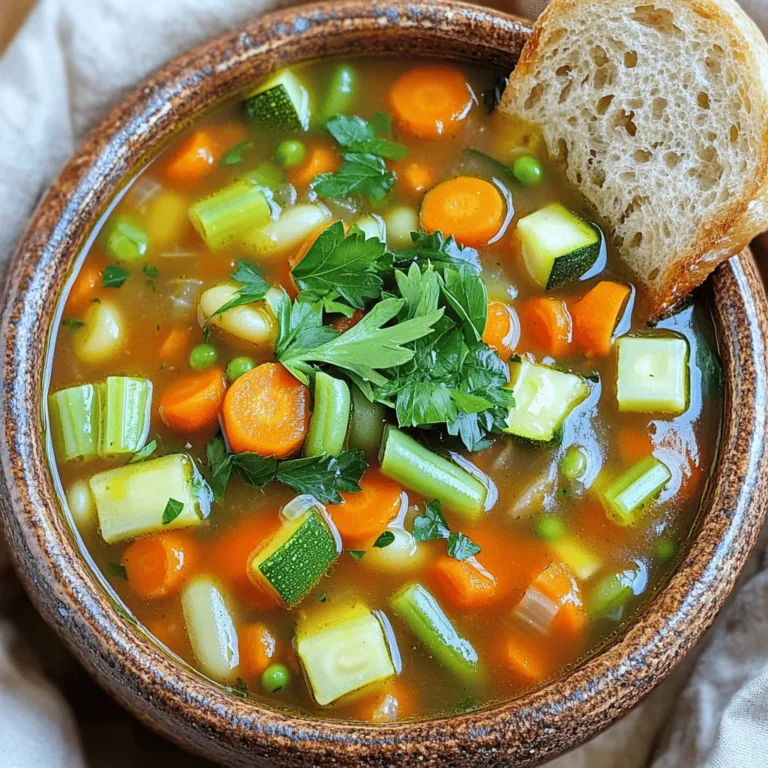For a delightful bowl of Veggie Packed Minestrone, gather these fresh ingredients: - 1 tablespoon olive oil - 1 medium onion, diced - 2 cloves garlic, minced - 2 carrots, diced - 2 celery stalks, diced - 1 medium zucchini, diced - 1 cup green beans, chopped - 1 can (14 oz) diced tomatoes, with juices - 4 cups vegetable broth - 1 can (15 oz) kidney beans, rinsed and drained - 1 cup uncooked pasta (such as ditalini or penne) - 1 teaspoon dried oregano - 1 teaspoon dried basil - 1 bay leaf - Salt and pepper, to taste - 2 cups baby spinach or kale - Fresh parsley or basil for garnish You can swap ingredients based on what you have. Here are some easy swaps: - Olive oil: Use avocado oil or coconut oil. - Vegetable broth: Chicken broth works well too. - Kidney beans: Any canned beans like cannellini or black beans are great. - Pasta: Use gluten-free pasta if needed. - Spinach or kale: Try Swiss chard or arugula for a twist. This soup is not just tasty; it's also packed with health benefits: - Olive oil: Rich in healthy fats and good for your heart. - Vegetables: High in vitamins, minerals, and fiber for digestion. - Kidney beans: Great source of protein and iron. - Spinach or kale: Loaded with antioxidants and helps with bone health. - Tomatoes: Provide lycopene, which is good for your skin and heart. With these ingredients, you create a warm, filling soup that nourishes both body and soul. Enjoy every hearty spoonful of this veggie-packed delight! 1. Heat the Olive Oil: Start by pouring one tablespoon of olive oil into a large pot. Turn the heat to medium. 2. Sauté the Onion: Add the diced onion. Cook for about 3-4 minutes. The onion should look translucent. 3. Add Garlic: Stir in two minced garlic cloves. Cook for another minute until you smell the garlic. 4. Mix in Carrots and Celery: Add two diced carrots and two diced celery stalks. Sauté for another 5 minutes until they start to soften. 5. Incorporate Zucchini and Green Beans: Toss in the diced zucchini and chopped green beans. Sauté for an additional 3-4 minutes. 6. Pour in Tomatoes and Broth: Add one can of diced tomatoes, juices included, along with four cups of vegetable broth. Stir until mixed well. 7. Season the Soup: Add the rinsed kidney beans, one teaspoon each of dried oregano and basil, a bay leaf, salt, and pepper. Bring the soup to a boil. 8. Simmer the Soup: Lower the heat and let it simmer for about 15 minutes. This helps the flavors mix. 9. Cook the Pasta: Stir in one cup of uncooked pasta. Follow the package instructions, usually around 7-10 minutes, until it is al dente. 10. Add Greens: In the last minute, stir in two cups of baby spinach or kale. This helps them wilt nicely. 11. Finish Up: Remove the bay leaf. Taste the soup and adjust the seasoning if needed. - Use fresh herbs like parsley or basil for garnish. This elevates the taste and looks great! - Sauté the vegetables until they are soft but not mushy. This keeps the soup hearty. - Don’t rush the simmering stage. Letting the soup cook longer helps the flavors blend better. - Add the pasta toward the end of cooking. This prevents it from getting too soft. - Check the pasta a minute before the time on the package. It should be firm but cooked through. - If you have leftovers, store the pasta separately. This keeps it from soaking up too much broth. To make a great minestrone, start with fresh veggies. Fresh produce gives your soup better taste. Dice the onion small for even cooking. Sauté it until it looks clear, about 3-4 minutes. This step builds a nice base for your soup. Always add garlic after the onion. Cook it for just one minute to avoid burning. When adding vegetables, think about their cooking times. Carrots and celery need more time to soften. Add them first, then add softer veggies like zucchini and green beans later. This way, every bite is perfect. To boost flavors, use dried herbs like oregano and basil. They add depth and warmth. Make sure to add them early in the cooking process. The longer they cook, the more flavor they release. Don’t forget about salt and pepper. Season as you go. This helps build layers of taste. A bay leaf adds a subtle aroma. Just remember to take it out before serving! If you want a heartier soup, you can add more beans or pasta. Kidney beans are great, but chickpeas or lentils work too. They add protein and fiber, making your meal more filling. Another tip is to add more broth. This keeps the soup rich and flavorful. If you want extra greens, toss in some kale or spinach at the end. They'll wilt right into the soup and give it a nice color. These tips can help you create a delicious, veggie-packed minestrone that warms your soul! {{image_2}} You can swap or add many veggies to your minestrone. Try sweet bell peppers for a pop of color. Corn adds sweetness and crunch. You can also use butternut squash for a creamy texture. Broccoli and cauliflower bring a nice bite. Don't forget leafy greens like Swiss chard or collard greens. The more colors, the better your soup will look and taste. To boost protein, add cooked chicken, turkey, or sausage. Lentils or chickpeas also work well and keep it plant-based. For a heartier soup, toss in cubed tofu or tempeh. These options will keep you full and add a new flavor twist. They can also help round out your meal and make it more satisfying. You can easily adapt this soup for different diets. For a vegan option, just use vegetable broth and skip any meat. To make it gluten-free, choose gluten-free pasta. You can also use rice or quinoa as a base. These small changes let everyone enjoy this tasty soup. Always check labels for hidden gluten in canned goods. To keep your veggie packed minestrone fresh, let it cool first. Pour the soup into an airtight container. Make sure to seal it well. Place it in the fridge if you plan to eat it within three days. If you need it longer, consider freezing it. When you are ready to enjoy your soup, heat it on the stove. Start with medium heat and stir often. If you find it too thick, add a little water or broth. You can also microwave it in a bowl. Cover the bowl to avoid spills and heat in short bursts. To freeze your minestrone, use freezer-safe containers or bags. Leave some space at the top of the container. This allows for expansion as it freezes. Label the container with the date. It will keep well for up to three months. When you’re ready to eat it, thaw it in the fridge overnight. Then reheat it as mentioned above. To make your Veggie Packed Minestrone richer, add more broth or a splash of wine. You can also stir in some grated cheese like Parmesan. This adds depth and a nice salty flavor. Using fresh herbs, like basil or parsley, can boost the taste too. Try adding a tablespoon of pesto for a burst of flavor. It enhances the soup and makes it creamier. Yes, you can use fresh vegetables instead of canned ones! Fresh veggies add a vibrant taste and texture. Dice up fresh tomatoes instead of canned ones. Use fresh green beans and zucchini for crunch. Just make sure to adjust cooking times. Fresh veggies may take a bit longer to soften. Always taste as you go to find the perfect texture. To know when the pasta is done, taste it for doneness. You want it to be al dente, meaning it has a slight bite. Check the package directions for cooking time. Usually, it cooks in about 7-10 minutes. Make sure to stir it occasionally to prevent sticking. If you notice it getting too soft, remove the pot from heat right away. This blog post covered how to make a delicious veggie-packed minestrone soup. We discussed the ingredients, their benefits, and tips for better flavor. You learned how to cook your pasta just right. I shared variations for more nutrients and dietary needs. In closing, minestrone is not just good for you; it’s fun to make. Enjoy experimenting with flavors and textures to create your perfect bowl.