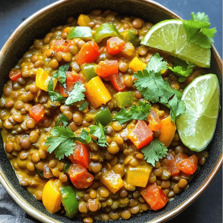 To make Slow Cooker Coconut Curry Lentils, you'll need a few simple ingredients. Here’s what to gather: - 1 cup dried green or brown lentils, rinsed - 1 can (14 oz) coconut milk - 1 cup vegetable broth - 1 medium onion, finely chopped - 2 cloves garlic, minced - 1 tablespoon fresh ginger, grated - 1 tablespoon curry powder - 1 teaspoon turmeric powder - 1 teaspoon cumin - 1 tablespoon soy sauce or tamari - 1 bell pepper, chopped (any color) - 1 cup diced tomatoes (canned or fresh) - 2 cups fresh spinach (optional) - Salt and pepper to taste - Fresh cilantro, for garnish - Lime wedges, for serving These ingredients blend together to create a rich, creamy curry. The lentils are the star of the dish, providing protein and fiber. Coconut milk adds a smooth texture and sweetness. The spices give it that warm, inviting flavor. Each vegetable adds its own touch, making every bite exciting. First, gather your base ingredients. You will need: - 1 cup dried green or brown lentils, rinsed - 1 can (14 oz) coconut milk - 1 cup vegetable broth - 1 medium onion, finely chopped - 2 cloves garlic, minced - 1 tablespoon fresh ginger, grated - 1 tablespoon curry powder - 1 teaspoon turmeric powder - 1 teaspoon cumin - 1 tablespoon soy sauce or tamari Place these items in your slow cooker. Stir them together well. This will form the rich base for your curry. Next, it's time to add vegetables and seasonings. Chop one bell pepper and add it to the slow cooker. You can use any color you like. Then, add one cup of diced tomatoes, either canned or fresh. Stir the mixture again to combine. Now, season your dish. Add salt and pepper to taste. This step is key for enhancing the flavors. Finally, set your slow cooker. Cover it with the lid. Choose low for 6-8 hours or high for 3-4 hours. This will let the lentils cook until they are tender. Understanding cooking times is important. The low setting allows for slow cooking. This helps the flavors blend well and the lentils to soften. The high setting cooks faster but may not develop the same depth of flavor. Lentils take about 6-8 hours on low or 3-4 hours on high. Check them for doneness before serving. They should be tender but not mushy. After cooking, it’s time for the final touches. If you want to add spinach, do this in the last 15 minutes. Stir it in and let it wilt. This adds a nice color and nutrition. When it's done, taste the curry. Adjust the seasoning if needed. For serving, ladle the lentil curry into deep bowls. Garnish with fresh cilantro. Don’t forget lime wedges on the side! These add a zesty kick. Enjoy your meal with rice or naan for a complete experience. To make your coconut curry lentils shine, adjust the seasoning to your taste. Start with salt and pepper. Add more if you want a stronger flavor. You can also add a bit of sweetness. A little brown sugar or honey can balance the spices well. If you like heat, try adding red pepper flakes or a dash of hot sauce. These tweaks can create a dish that's just right for you. Rinsing lentils is essential. It removes dust and any small stones. This step helps your dish taste fresh. Use cold water and rinse until it runs clear. Fresh ingredients also matter a lot. Use fresh garlic, onion, and spices for the best flavor. They make your curry taste vibrant and lively. Serving your lentils well can make a big difference. Use deep bowls for a nice look. Top each serving with fresh cilantro. The green color pops against the curry. Add lime wedges on the side for a zesty kick. Pair your dish with rice or naan. This adds texture and makes it more filling. The bright colors and fresh garnishes will impress anyone you serve. {{image_2}} You can easily switch up the lentils in this recipe. Try using black lentils or red lentils. Each type adds a unique taste and texture. If you want a grain base, swap lentils for quinoa or rice. These options cook well in a slow cooker too. Feel free to mix in different vegetables. Carrots, zucchini, or sweet potatoes work great. They add color and flavor to the dish. You can also toss in some peas or corn for extra sweetness. Spices can really change the dish. Experiment with paprika or garam masala. These spices bring warmth and depth to your curry. You could also add a pinch of cayenne for a spicy kick. If you're looking to boost protein, try adding chickpeas or tofu. They blend well with the lentils and absorb the curry flavors. You could even add cooked chicken for a heartier meal. To store your leftover lentils, let them cool first. This step keeps moisture from forming. Use airtight containers to keep them fresh. Glass or plastic containers work well. Label the containers with the date. This helps you know how long they have been stored. Refrigerate the lentils right away. They can last for up to five days in the fridge. When you want to enjoy your lentils again, reheating is easy. The best way is to use the stove. Just put the lentils in a pot over medium heat. Stir them often to avoid sticking. If they seem dry, add a splash of vegetable broth or water. You can also use a microwave. Heat in short bursts, stirring in between. This keeps them warm and tasty. Reheat until they are hot throughout, about 2-3 minutes in the microwave. Enjoying lentils again is quick and simple! What are the best lentils for this recipe? For this recipe, I recommend using green or brown lentils. They hold their shape well during cooking. Red lentils can work too, but they tend to become mushy. Can I make this dish vegan? Yes! This dish is vegan-friendly. Just use vegetable broth and soy sauce. You can skip the optional ingredients if you prefer. Caloric content and nutritional benefits A serving of slow cooker coconut curry lentils contains about 300 calories. They are high in protein and fiber, making them filling and nutritious. The coconut milk adds healthy fats. This dish is rich in vitamins from the veggies. Healthier additions to the recipe You can add more veggies like carrots or zucchini for added nutrients. Chopped kale or collard greens are great too. They boost vitamins and minerals. FAQs about slow cooking lentils When cooking lentils, rinse them before adding to the slow cooker. This helps remove any dirt or debris. Cooking on low for 6-8 hours gives the best flavor and texture. Troubleshooting common slow-cooker issues If your lentils are too hard, they may need more cooking time. Adding water can help if they seem dry. If they are mushy, try using less liquid next time. This article covered everything you need to make a delicious lentil dish in a slow cooker. We looked at key ingredients, preparation steps, and cooking times. I shared tips to enhance flavor and make your dish shine. You can swap ingredients and even experiment with spices. Storing and reheating leftovers is also easy with the right methods. Lentils are nutritious and versatile. Enjoy creating your own variations to find your favorite recipe!