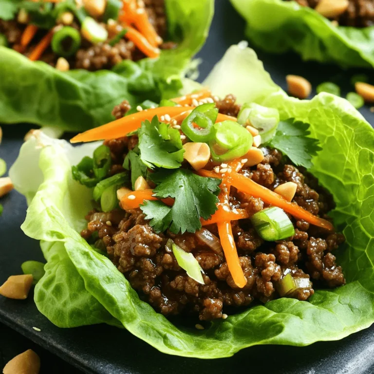 - 1 pound ground beef or ground turkey - 2 tablespoons soy sauce (low sodium) - 1 tablespoon sesame oil - 1 tablespoon brown sugar - 2 cloves garlic, minced - 1 teaspoon ginger, grated - 1 tablespoon rice vinegar - 1 carrot, shredded - 1/2 cup green onions, sliced - 1 head of butter or romaine lettuce, leaves separated - Shredded carrot and sliced green onions - Chopped cilantro and peanuts for garnish - Large skillet - Measuring spoons and cups - Spatula In this recipe, you can use either ground beef or turkey. Both options work well. The soy sauce gives a salty taste. I like low sodium for a healthier touch. Sesame oil adds a rich flavor, and brown sugar balances the saltiness. You will also need garlic and ginger. They add a nice kick and aroma. Rice vinegar brings some tang to the mix. Don't forget the vegetables! Shredded carrots and green onions add color and crunch. For garnish, cilantro and peanuts give extra flavor and texture. Use butter or romaine lettuce for the wraps. The leaves hold the filling well and keep everything fresh. Gather these items before cooking. This way, you will have everything ready to make your Minute Korean Beef Lettuce Wraps quick and fun! 1. Start by heating the sesame oil in a large skillet over medium-high heat. 2. Add the minced garlic and grated ginger. Sauté for about 1 minute until it smells great. 3. Next, add the ground beef. Break it apart with a spatula. Cook it until browned, which takes about 5 to 7 minutes. 1. In a small bowl, mix together the soy sauce, brown sugar, and rice vinegar. Stir well until it is smooth. 2. Pour this sauce over the cooked beef. Stir to coat all the meat. Let it simmer on low heat for 2 to 3 minutes. 1. Add the shredded carrot and sliced green onions to the beef mixture. Cook for one more minute until the carrots soften a bit. 2. Remove the skillet from the heat. Let the mixture cool for a couple of minutes. 3. To serve, take a lettuce leaf and add a good amount of the beef mix into the center. 4. Top it all with chopped cilantro. If you like crunch, sprinkle some chopped peanuts on top. 5. Wrap the lettuce around the filling like a taco. Now, enjoy your tasty wraps! To get perfect browning on your meat, use a hot skillet. Heat your skillet first, then add sesame oil. This helps the beef sear nicely. Break the beef apart with a spatula as it cooks. Stir often to avoid steaming. Using low sodium soy sauce is key. It keeps the dish tasty without being too salty. This balance lets other flavors shine. Plus, it’s healthier, so you can enjoy more! When arranging your lettuce wraps, use large, sturdy leaves. Butter or romaine lettuce works best for this recipe. Spoon the beef mixture in the center. Then, fold the lettuce around it like a taco. This makes for easy eating! For garnishing, fresh cilantro adds color and flavor. You can also sprinkle chopped peanuts on top. This gives a nice crunch and makes them look fancy! Prep your ingredients ahead of time. Chop garlic, ginger, and vegetables before you cook. This makes the cooking process quick and smooth. Using pre-shredded vegetables can save you even more time. Look for bags of shredded carrots or coleslaw mix. They add crunch without the prep work! {{image_2}} You can switch up the protein in these wraps. Ground turkey or chicken works great. These options keep the dish lighter but still tasty. If you want a vegetarian choice, try tofu or tempeh. Just crumble the tofu or cut the tempeh into small pieces. Cook them just like the beef for a delicious meal. To add some heat, try chili paste. This gives the wraps a spicy kick. You can also experiment with different sauces. For example, hoisin sauce or spicy mayo can change the taste. Feel free to mix and match your favorite flavors to keep it exciting! These wraps can be served with some fun sides. Try serving them with rice or a fresh salad. You can also add extra sauces for dipping. This makes the meal more filling and satisfying. For a complete meal, consider serving crunchy veggies on the side. Enjoy the layers of flavor and texture! To store leftovers, first let the beef cool down. Then, place it in an airtight container. This helps keep the beef fresh. Store the container in the fridge. Leftovers can last for about 3 to 4 days. Always check for any off smells before eating. When reheating the beef mixture, use a skillet over medium heat. Stir it often to heat evenly. If you want to keep the lettuce crisp, reheat the beef only when you are ready to serve. Avoid microwaving the lettuce. Instead, serve the beef in fresh lettuce leaves. Yes, you can freeze the beef mixture! To freeze, let it cool completely first. Use a freezer-safe container or bag. Remove as much air as you can before sealing. The beef can stay good for up to 3 months. When you're ready, thaw it in the fridge overnight before reheating. Making Minute Korean Beef Lettuce Wraps is quick. You need about 10 minutes for prep. The cooking time is around 10 minutes. So, in just 20 minutes, you can enjoy this tasty dish. Yes, you can use different types of lettuce. Iceberg is crunchy and great for wraps. Romaine has a nice shape and holds fillings well. Both options work well for this recipe. You can make this dish gluten-free. Use gluten-free soy sauce instead of regular soy sauce. Make sure the brown sugar and rice vinegar are also gluten-free. This way, everyone can enjoy the wraps! You learned how to make Minute Korean Beef Lettuce Wraps using simple ingredients and steps. The recipe includes ground beef or turkey, a tasty sauce, and fresh vegetables. You saw tips for cooking and presentation, plus ways to change up the flavors. Remember, these wraps are quick and fun to make. Try them out and enjoy a healthy meal. With practice, you’ll perfect these tasty wraps and impress your friends and family. Happy cooking!