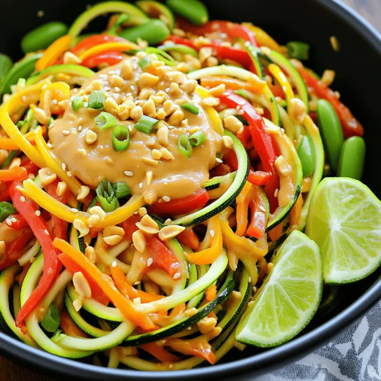 - 2 medium zucchinis (spiralized into zoodles) - 1 cup bell peppers (sliced, red and yellow for color) - 1 cup snap peas - 1/2 cup carrots (julienned) - 1 tablespoon sesame oil - 2 tablespoons creamy peanut butter - 1 tablespoon soy sauce (or tamari for gluten-free) - 1 tablespoon honey or maple syrup - 1 teaspoon Sriracha (adjust to taste) - 1 garlic clove (minced) - 1 tablespoon fresh ginger (grated) - 1/4 cup chopped green onions (for garnish) - Crushed peanuts (for garnish) - Lime wedges (for serving) The secret to a great Minute Spicy Peanut Zoodle Stir-Fry lies in fresh, colorful ingredients. Start with your zucchinis. Spiralize them into zoodles. This gives your dish a fun twist. Next, grab some bell peppers. Use red and yellow ones for a vibrant look. Snap peas add a nice crunch, while julienned carrots bring sweetness. Now let's talk about pantry staples. You need sesame oil to stir-fry the veggies. Creamy peanut butter adds richness. Soy sauce gives it a salty kick, and honey or maple syrup brings in sweetness. For flavor, Sriracha adds heat. Garlic and ginger give depth and aroma. Finally, green onions and crushed peanuts add texture and a pop of flavor. Don’t forget the lime wedges. They brighten up the dish. Gather these ingredients, and you're ready to cook a meal that is quick, simple, and packed with taste! - Heat sesame oil in a skillet or wok over medium-high heat. - Sauté minced garlic and grated ginger for about 30 seconds. This step makes the kitchen smell amazing. - Add bell peppers, snap peas, and carrots to the skillet. - Stir-fry for 3-4 minutes until vegetables soften. They should still have a little crunch to them. - In a bowl, mix together peanut butter, soy sauce, honey, and Sriracha. - Pour the peanut sauce over the zoodles in the skillet. Toss everything until heated through, about 2-3 minutes. This makes the zoodles soak up all the great flavors. Serve hot, and enjoy your quick and tasty meal! To make your sauce just right, you can adjust the spice. If you want more heat, add more Sriracha. Start with a teaspoon and taste it. You can always add more later. If your sauce feels too thick, thin it out. Add a little water until you reach the consistency you want. This will help it coat the zoodles evenly. Spiralizing zucchinis can be fun! Use a spiralizer to create long, noodle-like shapes. Make sure to press down firmly while twisting. This gives you nice, even zoodles. To prevent mushy zoodles, don’t overcook them. Add them to the pan last and stir-fry just until heated. This keeps them firm and tasty. Garnishes can add great crunch and flavor. Try using crushed peanuts or sesame seeds for extra texture. You can also sprinkle on some cilantro or mint for a fresh touch. Serve with lime wedges for a zesty kick. A squeeze of lime adds brightness and enhances all the flavors. {{image_2}} You can easily add protein to your zoodle stir-fry. Chicken, tofu, or shrimp work great. For chicken, use bite-sized pieces. Cook them first in the hot oil until browned. For shrimp, add them when the veggies start to soften. They cook fast, so keep an eye on them. If you choose tofu, cube it and pan-fry it until golden. This adds more texture and flavor to your dish. If you want to change up the veggies, try using carrots or squash instead of zoodles. Spiralized carrots give a sweet crunch. You can also use butternut squash for a different taste. Feel free to add seasonal vegetables like asparagus or broccoli. They add freshness and color. Just remember to cut them into small pieces for even cooking. You can easily make this dish vegan or vegetarian. Just skip the chicken or shrimp, and it will still taste great. For a gluten-free option, use tamari instead of soy sauce. Always check labels for allergens in sauces. This way, everyone can enjoy your tasty stir-fry without worry. To store your zoodle stir-fry, follow these easy steps: - Allow the dish to cool to room temperature. - Use airtight containers to keep it fresh. - Store in the fridge for up to three days. This method helps maintain the flavor and texture of your meal. If you want to avoid sogginess, keep the sauce separate until you’re ready to eat. When reheating zoodle stir-fry, you want to keep it tasty and crunchy. Here’s how: - Use a skillet over medium heat for about five minutes. - Stir gently to avoid breaking the zoodles. - You can also use the microwave. Heat in short bursts of 30 seconds, stirring in between. This way, you won’t lose the nice texture of the zoodles. Can you freeze zoodle stir-fry? Yes, but with care. Here are tips: - Zoodles can become watery when frozen. It’s best to freeze the stir-fry without them. - Store the cooked veggies and sauce in airtight containers. - For zoodles, freeze them separately for up to a month. When ready to eat, thaw the veggies and sauce in the fridge overnight. Cook the zoodles fresh to keep them firm and flavorful. This dish takes just 15 minutes from start to finish. You will spend about 10 minutes prepping. The cooking time is around 5 minutes. This means you can enjoy a tasty meal in no time! Yes, you can make this dish ahead of time! You can prepare the veggies and sauce early. Just store them in the fridge. When you are ready to eat, cook it fresh. This keeps the zoodles from getting soggy. Leftovers can last up to 3 days in the fridge. If you don't have zoodles, you can use other noodles. Try rice noodles, whole wheat spaghetti, or even quinoa. These options work well with the sauce and veggies. Just cook them according to their package instructions. This blog post provided a simple and tasty zoodle stir-fry recipe. We covered fresh produce, pantry staples, and flavor boosters. You learned step-by-step cooking methods and useful tips for perfecting your dish. I also shared ways to customize the recipe for dietary needs and storage advice for leftovers. Cooking can be fun and easy. Enjoy trying this recipe, and feel free to make it your own!
