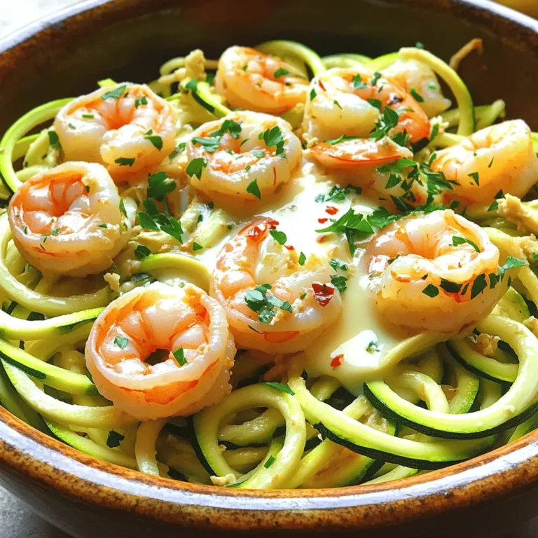 - 1 lb large shrimp, peeled and deveined - 4 medium zucchini, spiralized into zoodles - 4 tablespoons unsalted butter - 4 cloves garlic, minced - 1/2 teaspoon red pepper flakes (adjust to taste) - Salt and pepper to taste - 2 tablespoons lemon juice - 1/4 cup chopped fresh parsley - Grated Parmesan cheese for topping (optional) If you don’t have shrimp, you can use chicken or tofu. Both options work well in this dish. For a dairy-free meal, skip the butter and try olive oil instead. You can also swap the zucchini for summer squash or carrots for a different twist. If you need a gluten-free option, stick with the zoodles; they are naturally gluten-free. In the summer, use fresh, ripe tomatoes for added flavor. Add cherry tomatoes or diced heirloom varieties for a burst of sweetness. In the fall, consider adding spinach or kale for extra nutrients. In winter, try butternut squash zoodles for a hearty feel. You can always mix in seasonal herbs for fresh tastes. First, grab four medium zucchinis. Use a spiralizer to turn them into zoodles. This fun tool makes long, noodle-like strands. Once you have your zoodles, place them in a colander. Let them sit for a bit to drain excess moisture. This step helps keep your dish from getting soggy. Next, heat a large skillet over medium-high heat. Add four tablespoons of unsalted butter. Once the butter melts, toss in four minced garlic cloves and half a teaspoon of red pepper flakes. Stir this mix for about a minute. You want the garlic to smell great without burning. Now, it’s time to add one pound of peeled and deveined shrimp. Season them with salt and pepper. Cook for about 2 to 3 minutes. Watch as they turn pink and opaque. Stir them gently to cook evenly. Now, it’s time to bring everything together. Add the zoodles to the skillet with the shrimp. Mix them well with the garlic butter. Sauté the whole mix for another 2 to 3 minutes. You want the zoodles slightly tender but still crunchy. After that, drizzle two tablespoons of lemon juice over the dish. Toss everything well to combine. Finally, remove the skillet from heat. Stir in a quarter cup of chopped fresh parsley for a burst of color and flavor. Serve the garlic butter shrimp zoodle mix on plates. If you like, top with grated Parmesan cheese for extra taste. Enjoy your quick and easy dinner! To make perfect shrimp, start with large, fresh shrimp. Peel and devein them first. Pat them dry with a paper towel. This helps them sear nicely in the pan. Heat the butter in a skillet over medium-high heat. Add garlic and red pepper flakes for flavor. Cook the shrimp for about 2-3 minutes. They are done when they turn pink and opaque. Do not overcrowd the pan; cook them in batches if needed. Using a spiralizer is easy and fun. Pick firm zucchini without soft spots. Cut off both ends before spiralizing. This makes a good grip. Secure the zucchini in the spiralizer and twist it to create zoodles. After spiralizing, let them drain in a colander. This removes excess moisture and keeps them crunchy. You can use a box grater if you do not have a spiralizer. Just grate the zucchini into thin strands. Garlic is the star of this dish. Use fresh garlic for the best taste. Mince it finely to release its flavor. Sauté it in butter until fragrant, but do not burn it. Fresh herbs like parsley add brightness. Chop them finely before adding to the dish. A squeeze of lemon juice at the end enhances all the flavors. Feel free to adjust the red pepper flakes for heat. {{image_2}} You can swap shrimp for chicken or tofu. Both options work well. For chicken, cut it into small pieces. Cook it in the same butter and garlic mix. This keeps the rich flavor. If you choose tofu, use firm tofu. Press it to remove extra water, then cube it. Sauté it until golden. Both options give a tasty twist. If you want more veggies, try adding bell peppers or spinach. Both add color and crunch. You can also mix in cauliflower rice for a hearty texture. This keeps the dish low-carb and filling. For a different flavor, add mushrooms. They soak up the garlic butter well. Besides lemon juice, you can use lime juice for a zesty kick. A splash of soy sauce adds a savory note. If you enjoy heat, try chili sauce or sriracha. For a creamy twist, mix in a touch of heavy cream. Each option brings its unique flavor, making the dish your own. Store your garlic butter shrimp zoodle in an airtight container. Let the meal cool to room temperature first. This helps keep the zoodles from getting soggy. Place the container in the fridge. Proper storage lets it last for up to three days. To reheat, use a skillet. Heat it over medium heat. Add a splash of water or broth to help with moisture. Toss in the garlic butter shrimp zoodle mix. Stir until warmed through, about 5 minutes. This keeps the zoodles from becoming mushy. You can freeze the shrimp zoodle mix, but the zoodles may lose texture. To freeze, place it in a freezer-safe bag. Squeeze out as much air as possible before sealing. It can last up to two months in the freezer. When ready to eat, thaw it overnight in the fridge. Reheat in a skillet to enjoy! Garlic butter shrimp zoodle lasts about 2-3 days in the fridge. Store it in an airtight container. The shrimp may lose some texture but will still taste great. Reheat it gently in a skillet to keep it tasty. Yes, you can use frozen shrimp. Just make sure to thaw them properly first. Place them in cold water for about 15-20 minutes. This way, they cook evenly in the dish. Frozen shrimp work well and save time. You can add many veggies to zoodles. Some great options include bell peppers, carrots, or spinach. These add color and flavor. You can also mix in some cherry tomatoes or mushrooms for extra taste. Feel free to get creative! This blog post covers how to make garlic butter shrimp zoodles. We discussed ingredients, including substitutions and seasonal picks. You learned how to prepare zoodles, cook shrimp, and combine the dish. Helpful tips showed the best ways to cook shrimp and spiralize zucchini. We also explored protein swaps, low-carb options, and storage methods. Cooking this meal can be easy and fun. I hope you try it out and enjoy every bite!