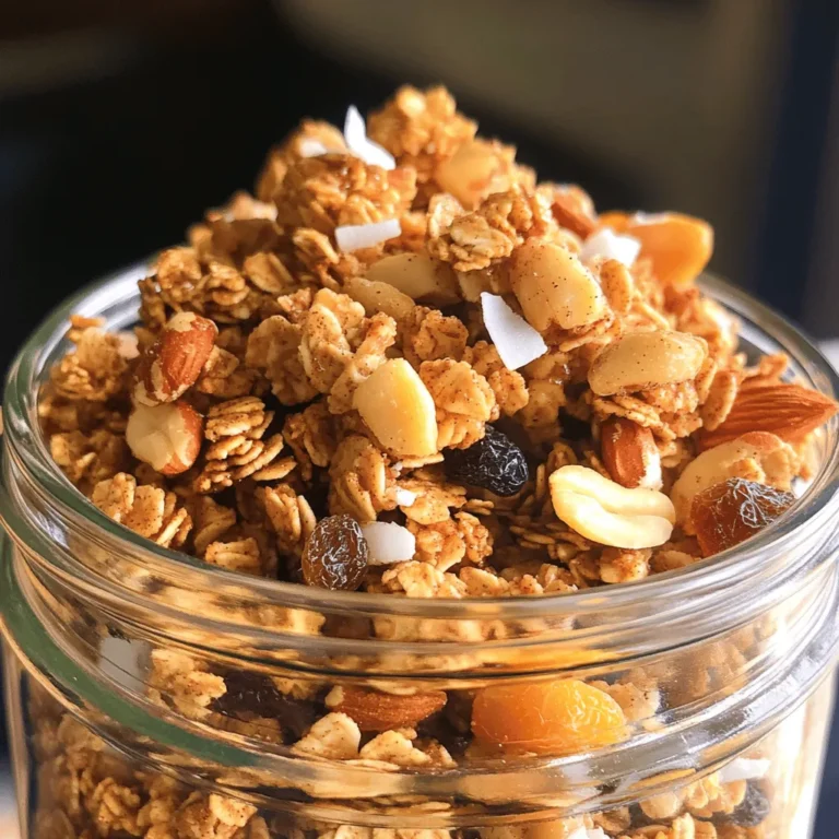 To make Maple Cinnamon Granola Clusters, gather these simple items: - 3 cups rolled oats - 1 cup nuts (almonds, walnuts, or pecans), chopped - 1 cup shredded coconut (unsweetened) - 1/2 cup maple syrup - 1/4 cup coconut oil, melted - 1 teaspoon cinnamon - 1/2 teaspoon vanilla extract - 1/4 teaspoon salt - 1/2 cup dried fruits (raisins, cranberries, or apricots), chopped Choosing the right ingredients is key for great granola. Here are my tips: - Oats: Use old-fashioned rolled oats. They give the best crunch. - Nuts: Choose fresh nuts. Look for whole nuts that smell sweet and nutty. - Coconut: Pick unsweetened shredded coconut for a natural flavor. - Maple syrup: Go for pure maple syrup. It tastes better than imitation. - Coconut oil: Make sure it is refined for a light flavor. - Spices: Fresh spices give your granola more flavor. If you have allergies, here are some easy swaps: - Nuts: Use seeds like pumpkin or sunflower seeds for nut-free granola. - Coconut: If you can't eat coconut, try more oats instead. - Maple syrup: Honey or agave syrup works as a sweetener too. - Oil: You can use olive oil or canola oil if coconut oil is not an option. - Dried fruits: Any dried fruit can replace the ones listed. Just choose your favorite! Start by preheating your oven to 350°F (175°C). This temperature helps the granola cook evenly. Next, take a large baking sheet and line it with parchment paper. This step keeps the clusters from sticking to the pan. It also makes cleanup easy. In a big mixing bowl, add 3 cups of rolled oats, 1 cup of chopped nuts, and 1 cup of shredded coconut. Stir them gently to mix. In another bowl, combine 1/2 cup of maple syrup, 1/4 cup of melted coconut oil, 1 teaspoon of cinnamon, 1/2 teaspoon of vanilla extract, and 1/4 teaspoon of salt. Whisk these together until smooth. Pour this liquid mix over the dry ingredients. Stir until every piece is coated well. Spread the mixture evenly on your prepared baking sheet. Press it down gently to form a compact layer. Bake it in the oven for 20-25 minutes. Watch for the edges to turn golden brown. When done, remove the baking sheet and let it cool for about 10 minutes. After cooling, use your hands to break the granola into clusters. Finally, mix in your choice of 1/2 cup of chopped dried fruits. Allow the granola to cool completely before moving it to an airtight container. Enjoy your tasty snack! For crunchy granola clusters, use rolled oats. They give the best chew and crunch. Mix in chopped nuts for extra crunch and flavor. I love using almonds or walnuts, but you can choose your favorite. Make sure to pack the mixture tightly on the baking sheet. This helps form solid clusters. Press down gently with your hands. This small step makes a big difference. Bake until the edges turn golden brown. Watch closely, as baking times can vary. To keep your granola fresh, store it in an airtight container. Glass jars work well and look nice, too. Place the jar in a cool, dry place. Avoid the fridge, as it can add moisture. Granola can last for two weeks at room temperature. If you want it to last longer, freeze it. Use freezer-safe bags or containers. It can stay fresh for up to three months in the freezer. You can easily make this recipe gluten-free. Just use certified gluten-free oats. For nut-free options, swap nuts with seeds. Sunflower seeds or pumpkin seeds work great. If you need a nut-free version, skip the nuts and add more coconut or seeds. This way, you still get a tasty crunch. Adjusting ingredients helps everyone enjoy this snack. {{image_2}} You can change the nuts in your granola. Try using almonds, walnuts, or pecans. If you want more crunch, add seeds like sunflower or pumpkin seeds. These combinations give your granola fun textures and tastes. You can even mix different nuts for a unique flavor. Maple syrup is sweet, but you can use honey or agave syrup. Honey gives a nice floral taste, while agave is milder. Both options work well in this recipe. They keep your granola clusters sweet and chewy. If you want a lower sugar option, use mashed bananas or applesauce for sweetness. Adding spices can boost the flavor of your granola. Try nutmeg or ginger for a warm kick. You can also add a splash of almond or coconut extract for extra depth. These simple changes let you customize your granola to fit your taste. Feel free to experiment and find your favorite mix! To keep your maple cinnamon granola clusters fresh, use an airtight container. Glass jars or plastic bins work well. Store them in a cool, dry place. Avoid sunlight, as heat can make them go stale. If you want to enjoy them longer, consider refrigerating them. This method keeps the clusters crunchy and tasty. When stored properly, granola clusters last about two weeks at room temperature. If you want to extend their life, freeze them. They can stay fresh for up to three months in the freezer. Just make sure to seal them tightly to avoid freezer burn. When you're ready to eat them, let them thaw at room temperature. Check your clusters for any off smells or changes in color. If they smell rancid or look dull, it’s time to toss them. Also, if they feel soft or soggy instead of crunchy, they may be spoiled. Keeping an eye on these signs helps you enjoy only the best snacks. You can use quick oats, but it will change the texture. Quick oats will make the granola finer and less crunchy. Rolled oats give a nice chewiness, which adds to the clusters. For best results, I recommend sticking with rolled oats. To keep your granola soft, do not bake it too long. Bake it just until the edges are golden brown, about 20-25 minutes. Also, let it cool for only a short time before breaking it into clusters. If you want softer clusters, mix in more dried fruits or nuts. These granola clusters are great on their own. You can also serve them with yogurt for breakfast. I love adding fresh fruits like berries or banana slices on top. You can even sprinkle them on ice cream for a fun dessert. You learned about the key ingredients needed for tasty granola clusters. I shared tips for selecting the best items and offered substitutes for allergens. Then, we went through step-by-step instructions for baking and perfecting your clusters. Don’t forget the storage tips to keep them fresh. I also shared fun variations to try. Remember, cooking is about finding what works best for you. Enjoy your granola clusters, and feel free to experiment with ingredients and flavors!