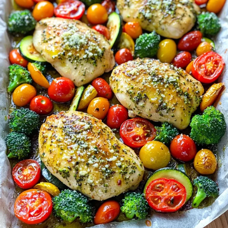 - 4 boneless, skinless chicken breasts - 1 cup broccoli florets - 1 cup cherry tomatoes, halved - 1 red bell pepper, sliced - 1 zucchini, sliced - 5 cloves garlic, minced - ½ cup grated Parmesan cheese - ¼ cup olive oil The key to this dish lies in using fresh, quality ingredients. The chicken breasts are the star here, and boneless, skinless pieces cook quickly and stay juicy. Broccoli, cherry tomatoes, red bell pepper, and zucchini not only add color but also pack in nutrients. I love using garlic for its bold flavor. Minced garlic paired with buttery Parmesan cheese creates a savory punch. Olive oil enhances the dish and helps everything roast to perfection. - 1 teaspoon dried oregano - 1 teaspoon Italian seasoning - Salt and pepper to taste - Fresh parsley for garnish (optional) Seasonings bring life to your sheet pan meal. Dried oregano and Italian seasoning add warmth and depth. Salt and pepper are crucial too; they enhance every bite. Fresh parsley can brighten the dish and add a pop of color. It’s optional but highly recommended for that extra flair. First, preheat your oven to 400°F (200°C). This step is key for even cooking. While the oven heats, line a large sheet pan with parchment paper. This makes cleanup easy and helps prevent sticking. Next, let's make the garlic and herb mixture. In a large bowl, combine ¼ cup of olive oil, 5 cloves of minced garlic, 1 teaspoon of dried oregano, and 1 teaspoon of Italian seasoning. Add salt and pepper to taste. Mix everything well until combined. Now, take your four boneless, skinless chicken breasts and place them in the bowl. Toss the chicken in the garlic mixture until it's coated evenly. This will infuse the chicken with great flavor. Once the chicken is ready, arrange the chicken breasts in the center of the sheet pan. In the same bowl, add your chopped veggies: 1 cup of broccoli florets, 1 cup of halved cherry tomatoes, 1 sliced red bell pepper, and 1 sliced zucchini. Toss the vegetables in the remaining garlic mixture until they are well-coated. Spread the seasoned veggies around the chicken on the sheet pan. For an extra touch, sprinkle ½ cup of grated Parmesan cheese evenly over the chicken and veggies. Now it’s time to roast! Place the sheet pan in the preheated oven and cook for 25-30 minutes. The chicken should reach an internal temperature of 165°F (75°C) and the veggies should be tender. If you want a golden finish, switch the oven to broil for the last 2-3 minutes. Keep a close eye on it to prevent burning. Once done, take the sheet pan out and let it rest for a few minutes before serving. If you like, garnish with fresh parsley for a pop of color. Enjoy your delicious meal! To ensure your chicken is safe and tasty, cook it all the way through. The best way to check this is by using a meat thermometer. Insert it into the thickest part of the breast. The chicken is done when it reaches 165°F (75°C). This step keeps your meal safe and juicy. Choosing the right vegetables makes a big difference. I love using fresh, colorful veggies like broccoli, cherry tomatoes, and bell peppers. They not only look great but also taste amazing. To avoid overcooking, cut your veggies into equal sizes. This helps them cook evenly. Remember, tender veggies are the goal, but they should still have a bit of crunch. When it comes to presentation, serve straight from the sheet pan for a cozy feel. If you want something fancier, use a large platter. Drizzle some olive oil on top and sprinkle with fresh parsley for a pop of color. It brings the dish to life! You can also pair this meal with a simple salad or some crusty bread to soak up all the flavors. Enjoy your delightful feast! {{image_2}} You can mix and match any veggies you like. Seasonal vegetables work great. Try asparagus in spring or squash in fall. These fresh choices add color and taste. If you’re short on time, frozen vegetables are a good option. They cook well and save you prep time. Just make sure to thaw them before using. You don’t have to stick with chicken. Try turkey or pork for a tasty twist. Both cook well and soak up flavors just like chicken. For a meat-free option, use chickpeas or tofu. These choices add protein and keep the meal filling. Spice it up by adding your favorite herbs. Rosemary or thyme can add depth. You can also try a kick with red pepper flakes. Want to switch up the cheese? Use feta or mozzarella for a different taste. Each cheese brings its own flavor, making your meal unique. Enjoy experimenting with these options! To keep your Roasted Garlic Parmesan Chicken Veggies fresh, follow these tips: - Refrigeration: Place leftovers in an airtight container. Store them in the fridge for up to 3 days. Make sure to cool them to room temperature before sealing. This helps avoid moisture build-up. - Freezing: For longer storage, freeze leftovers. Use freezer-safe containers or bags. They can last for up to 3 months. For best quality, label your containers with the date. When it's time to enjoy those leftovers, use these methods: - Best methods: Reheat the chicken and veggies in the oven for even warmth. Preheat your oven to 350°F (175°C). Place the food in a baking dish and cover it with foil. Heat for about 15-20 minutes. - Microwave: If short on time, the microwave works too. Place your food in a microwave-safe dish. Heat in 1-minute bursts, stirring in between, until hot. - Maintaining flavor and texture: To keep your chicken moist, add a splash of olive oil or broth before reheating. This helps prevent dryness. For veggies, a quick sauté in a pan with a bit of oil can bring back their crispness. Following these tips ensures your Roasted Garlic Parmesan Chicken and veggies taste great every time you enjoy them! To know if the chicken is done, check its internal temperature. Use a meat thermometer and aim for 165°F (75°C). Insert the thermometer into the thickest part of the chicken. If it reads 165°F, the chicken is safe to eat. Let it rest for a few minutes before slicing. This helps keep it juicy! Yes, you can make this recipe in advance. Cook the chicken and veggies as directed, then let them cool. Store them in an airtight container in the fridge for up to three days. To reheat, place them in the oven at 350°F (175°C) until warmed through, about 15-20 minutes. You can also use a microwave for quicker reheating. This dish pairs well with many sides. Here are some great options: - A fresh green salad with vinaigrette - Garlic bread for a tasty crunch - Quinoa or brown rice for extra fiber - Roasted potatoes for hearty comfort These sides will enhance your meal and bring out the best flavors! This blog post covered how to make Roasted Garlic Parmesan Chicken. You learned about the main ingredients, preparation steps, and helpful cooking tips. We discussed variations for different tastes and how to store leftovers. Remember, roasting brings out great flavors in the chicken and veggies. Don't hesitate to try new ingredients or spices. Cooking should be fun and creative! Enjoy your meal and feel proud of your cooking skills.
