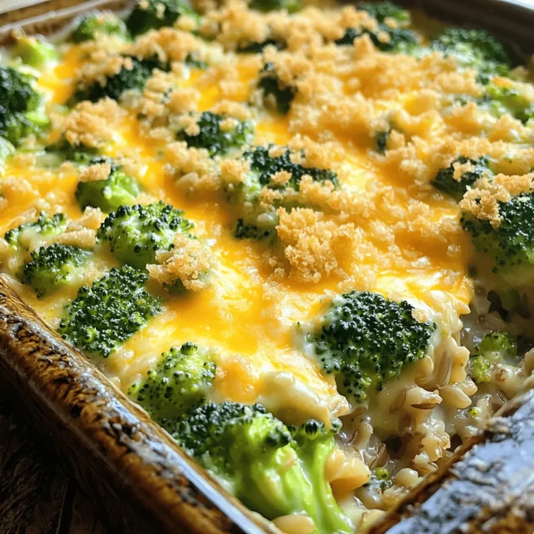 To make Cheesy Broccoli Rice Casserole, gather these items: - 1 cup uncooked brown rice - 2 cups fresh broccoli florets - 1 cup shredded cheddar cheese - 1 cup cream of mushroom soup (or homemade) - 1/2 cup milk - 1/2 cup grated Parmesan cheese - 1 small onion, diced - 2 cloves garlic, minced - 1 teaspoon olive oil - 1 teaspoon salt - 1/2 teaspoon black pepper - 1/2 teaspoon paprika (optional) - 1/2 cup breadcrumbs (for topping) I love using fresh ingredients for the best taste. Fresh broccoli gives a crisp bite and bright color. Use whole garlic cloves for stronger flavor. Choose a firm onion for sweetness. Fresh cheeses melt better and add richness. If you want to make the dish healthier, swap brown rice for quinoa. You can use a dairy-free cheese for a vegan option. Try coconut milk instead of regular milk for a creamy texture. Use gluten-free breadcrumbs if needed. Start by boiling 2 cups of water in a medium saucepan. Once it boils, add 1 cup of uncooked brown rice. Cover the pot and reduce the heat to low. Let it simmer for 40 to 45 minutes. Check the rice to ensure it is tender and the water is absorbed. This step is key for a great base in your casserole. While the rice cooks, heat 1 teaspoon of olive oil in a skillet over medium heat. Add 1 small diced onion and 2 minced garlic cloves to the skillet. Sauté them for about 4 to 5 minutes until the onion turns translucent. Next, toss in 2 cups of fresh broccoli florets. Sauté for another 2 to 3 minutes. You want the broccoli to be bright green and slightly tender. This mix adds great flavor and nutrition to your dish. In a large bowl, combine the cooked rice, sautéed broccoli, 1 cup of cream of mushroom soup, and 1/2 cup of milk. Add 1 cup of shredded cheddar cheese, 1/2 cup of grated Parmesan cheese, 1 teaspoon of salt, 1/2 teaspoon of black pepper, and optional 1/2 teaspoon of paprika. Mix everything until well combined. Transfer this mixture into a greased 9x13 inch baking dish. Spread it out evenly. In a small bowl, mix 1/2 cup of breadcrumbs with a drizzle of olive oil. Sprinkle this over the top. Bake in a preheated oven at 350°F (175°C) for 25 to 30 minutes. Look for a golden, bubbly top. Let it rest for 5 minutes before serving. Enjoy your hearty and cheesy casserole! To get the best texture, cook the rice well. Use brown rice for a hearty feel. It takes longer to cook, but the nutty taste is worth it. Ensure the broccoli is bright and slightly tender. This helps prevent mushiness in the final dish. Mix all ingredients well, but don’t over-mix. This keeps the casserole light and fluffy. Cheddar cheese is a classic choice for this dish. It melts nicely and adds a rich flavor. I also love using Parmesan cheese for a salty kick. You can mix different cheeses for more depth. Consider using Gruyère or Monterey Jack for a twist. Each cheese adds its own special taste to the casserole. For a beautiful, golden top, use breadcrumbs. Mix them with a little olive oil before sprinkling on top. This helps them crisp up in the oven. Bake it at 350°F for the perfect time. Keep an eye on it. If it browns too fast, cover it with foil. The goal is a crispy topping that contrasts with the creamy inside. {{image_2}} You can boost your casserole by adding protein. Cooked chicken or turkey works great. Just shred or cube it before mixing. If you prefer seafood, try adding shrimp or crab. For a tasty vegetarian option, you could use cooked lentils or chickpeas. These options add flavor and make the dish more filling. To make this dish vegetarian, use vegetable broth instead of chicken broth. You can swap out cheese for a dairy-free option made from nuts or soy. For the cream of mushroom soup, opt for a plant-based version or make it at home. This way, you keep the creamy texture while staying true to your diet. Spices can take your casserole to a new level. Try adding garlic powder or onion powder for extra depth. A pinch of red pepper flakes gives a nice kick. You can also use Italian seasoning for a herby touch. Experiment with the spices you love to create a unique dish every time. After you bake the cheesy broccoli rice casserole, let it cool. Cooling helps keep the food safe. Once it cools, cover it with plastic wrap or foil. Store it in the fridge. The casserole stays good for about 3 to 5 days. To reheat, first take the casserole out of the fridge. You can use the oven or microwave. If using the oven, preheat it to 350°F (175°C). Heat it for about 20 minutes. If using the microwave, heat in 1-minute bursts. Stir often to avoid hot spots. Make sure it gets hot all the way through. You can freeze the casserole for later meals. First, let it cool completely. Then, cut it into smaller portions. Wrap each portion tightly in foil or freezer bags. It can last for up to 3 months in the freezer. When you are ready to eat, thaw it in the fridge overnight before reheating. This way, you can enjoy your cheesy broccoli rice casserole anytime! To make this casserole gluten-free, swap the regular cream of mushroom soup for a gluten-free version. You can also use gluten-free breadcrumbs for the topping. Make sure the rice is certified gluten-free, which most brown rice is. This way, you keep all the great flavors without the gluten. Yes, you can use frozen broccoli! It saves time and is often just as nutritious. Just be sure to thaw and drain it well before adding it to the casserole. This helps prevent excess moisture, which can make the dish soggy. This casserole is great with many dishes. Here are some ideas: - Grilled chicken or fish for protein - A fresh garden salad for crunch - Roasted vegetables for extra flavor - Garlic bread for a comforting touch These pairings make the meal balanced and fun. Enjoy! This article covered how to prepare a cheesy broccoli rice casserole. We explored the best ingredients, including fresh options and alternatives for dietary needs. You learned the steps for cooking the rice, sautéing veggies, and baking the dish. I shared tips on texture, cheese choices, and achieving a perfect topping. In conclusion, this casserole is easy to adapt and store. Feel free to try different proteins and spices to suit your taste. Enjoy making this dish as a comforting meal for your family.