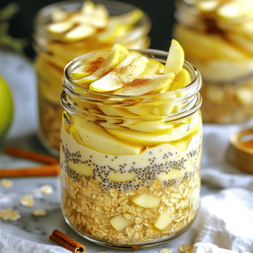 - 1 cup rolled oats - 1 cup unsweetened almond milk (or any milk of choice) - 1 medium apple, peeled and diced (preferably Granny Smith for tartness) - 1 tablespoon maple syrup (adjust based on sweetness preference) - 1 teaspoon ground cinnamon - 1/2 teaspoon vanilla extract - A pinch of salt These ingredients make your overnight oats taste just like apple pie! The rolled oats provide a hearty base. They soak up the almond milk, creating a creamy texture. I recommend using unsweetened almond milk to keep it healthy. Granny Smith apples work best. They add a nice tang to balance the sweetness. Maple syrup gives a warm flavor. You can adjust the amount to suit your taste. Ground cinnamon adds warmth and spice, making it feel cozy. The vanilla extract enhances the overall flavor, giving it that pie essence. - 1 tablespoon chia seeds - 2 tablespoons chopped walnuts (optional for added crunch) - Additional toppings and garnishes Chia seeds boost nutrition. They add fiber and omega-3s. Walnuts give a delightful crunch. If you want extra texture, add them in! You can also top your oats with more diced apples, a drizzle of maple syrup, or even a sprinkle of cinnamon for extra flair. These optional ingredients let you personalize your oats. They make each bite unique and satisfying. Experiment with different toppings to find your perfect match! Start by gathering your dry ingredients. In a medium bowl, combine: - 1 cup rolled oats - 1 tablespoon chia seeds - 1 medium apple, peeled and diced Mix these together well. The oats and chia seeds will soak up the liquid later. The diced apple adds a nice crunch and flavor. I prefer Granny Smith apples for their tartness. They balance the sweetness. Next, move to a new bowl for the wet ingredients. Mix together: - 1 cup unsweetened almond milk (or your choice of milk) - 1 tablespoon maple syrup (adjust to your sweetness taste) - 1 teaspoon ground cinnamon - 1/2 teaspoon vanilla extract - A pinch of salt Stir these together until they blend well. The spices and vanilla add warmth and depth to your oats. This mixture brings all the flavors together. Now, it’s time to combine the dry and wet mixtures. Pour the wet mixture over the dry ingredients. Stir until everything is evenly coated. If you like a bit of crunch, fold in: - 2 tablespoons chopped walnuts (optional) Next, divide the mixture into two jars or containers. Seal them tightly and refrigerate overnight. This allows the oats to soak and soften. Aim for at least 4 hours of chilling to absorb all the delicious flavors. In the morning, stir the oats. If they seem thick, add a splash of almond milk. Top with extra diced apple, maple syrup, and a sprinkle of cinnamon for a tasty finish. You can change the sweetness to fit your taste. If you like it sweeter, add more maple syrup. For less sweetness, use less syrup. You can also swap maple syrup for honey if you prefer. Adding spices like nutmeg or ginger can bring new flavors to the oats. Just a pinch can make a big difference. Experiment with different spice blends to find your favorite. Serving your overnight oats in clear jars makes them look great. You can see the layers of oats and apples. Top them with a thin apple slice for a fresh touch. A sprinkle of cinnamon adds color and flavor. You can also drizzle more maple syrup on top for extra sweetness. These little details make your dish fun and pretty. Chia seeds are tiny but mighty. They are rich in fiber and omega-3 fatty acids. This helps keep you feeling full longer. Walnuts add healthy fats and protein, which are good for your heart. Each serving of these oats has about 300 calories. This makes them a filling breakfast option. You get a mix of carbs, protein, and healthy fats in one jar. Enjoy the benefits while tasting something delicious! {{image_2}} You can change the flavor of your overnight oats easily. Try using other fruits like pears or peaches. They add a sweet twist. If you want to spice things up, use nutmeg or ginger. These spices give a warm taste, just like apple pie. You can mix and match to find your favorite flavor! To make this recipe vegan, swap almond milk with any plant-based milk. Use maple syrup for sweetness, which is already vegan. For gluten-free options, choose oats labeled gluten-free. This ensures you avoid any gluten cross-contamination. Always check the package to be sure. If you want to serve more people, double the recipe. This gives you four servings. You can also make a single serving if you prefer. Just divide all the ingredients by two. This way, you enjoy a fresh batch anytime without leftovers. Adjust as needed to fit your needs! How long can you keep overnight oats in the fridge? You can keep apple pie overnight oats in the fridge for up to five days. This makes them perfect for meal prep. Just make sure to check for any signs of spoilage before eating. Recommended storage containers are key. Use airtight jars or containers. Glass jars work well because you can see the layers. They also help keep the oats fresh longer. Can you freeze apple pie overnight oats? Yes, you can freeze them! This is a great option for longer storage. Just remember, the texture may change slightly after thawing. How to thaw and serve after freezing? Take the oats out of the freezer and put them in the fridge overnight. In the morning, stir them well. You can add a splash of almond milk to restore creaminess. Enjoy them cold or warm them up in the microwave. You can use several types of oats for overnight oats. Here's a quick guide: - Rolled oats: These are the best choice. They absorb liquid well and soften overnight. - Quick oats: These oats cook faster and have a finer texture. They also work well but may be mushy. - Steel-cut oats: These take longer to soften. They need more liquid and time. They may not work as well for overnight recipes. Rolled oats give the best mix of texture and flavor. To make your overnight oats creamier, try these tips: - Adjust the liquid: Add more almond milk to reach your desired creaminess. - Add yogurt: Mix in a spoonful of yogurt for extra creaminess and flavor. - Use nut butter: Stir in some almond or peanut butter for a rich texture. These changes can help you get the perfect consistency. Yes, you can eat overnight oats warm! Here are a few ways to warm them up: - Microwave: Place the jar in the microwave for 30-60 seconds. Stir well to heat evenly. - Stovetop: Transfer oats to a small pot. Heat over low heat, stirring often until warm. Warming them adds a cozy touch, especially in cooler months! Apple pie overnight oats are easy and tasty. You need rolled oats, almond milk, and fresh apples. Mix these with sweeteners and spices for great flavor. Remember to customize with optional ingredients like chia seeds and walnuts. You can serve them cold, but warming them is also an option. Store them in the fridge for a few days, or even freeze them. Have fun trying different fruits and flavors. Overnight oats let you enjoy a yummy breakfast daily. Enjoy creating your own version!
