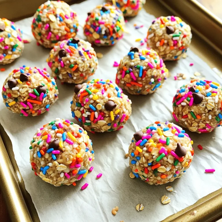 - 1 cup rolled oats - 1/2 cup almond flour - 1/2 cup nut butter (almond or peanut) - 1/4 cup maple syrup (or honey) - 1/4 cup mini chocolate chips - 1/4 cup rainbow sprinkles - 1 tsp vanilla extract - Pinch of salt These ingredients come together to make a fun treat that packs a punch. The rolled oats give great texture and fiber. Almond flour adds a nice nutty taste. Nut butter provides healthy fat and protein. You can use either almond or peanut butter, depending on what you like. The maple syrup or honey adds sweetness, while mini chocolate chips bring a fun twist. Rainbow sprinkles add color and joy, making these bites special for any birthday. The vanilla extract gives a lovely aroma, and the salt balances the sweetness. If you want to change things up, there are great swaps available. You can use any nut butter you prefer, like cashew or sunflower seed butter. For the sweetener, maple syrup and honey are both tasty. Choose what suits your diet or taste. If you need a gluten-free option, look for gluten-free rolled oats. They work just as well and keep the treats safe for those with gluten issues. These swaps keep the recipe flexible, so you can enjoy it your way. - Mixing dry ingredients: Start with a large bowl. Add 1 cup of rolled oats and 1/2 cup of almond flour. Stir them well until they mix together. This step ensures a good base for your bites. - Adding wet ingredients: Next, add 1/2 cup of nut butter, 1/4 cup of maple syrup, 1 teaspoon of vanilla extract, and a pinch of salt to the dry mix. Stir until everything blends nicely. This mix gives your energy bites a sweet and nutty flavor. - Recommended chilling time: After mixing, put the bowl in the fridge for about 15-20 minutes. This chilling time makes the mix easier to handle. - Tips for forming bite-sized balls: Once chilled, take the mix out. Use your hands to shape small balls, about 1 inch wide. If your hands are getting sticky, wet them a bit. This trick helps in forming neat bites. - Storing energy bites: Place the formed bites on a parchment-lined baking sheet. You can store them in an airtight container in the fridge for up to a week. For longer storage, freeze them. - Rolling in sprinkles for decoration: If you want extra fun, roll the bites in more rainbow sprinkles before chilling. This adds a festive touch to your energy bites! To make the best no-bake birthday cake energy bites, choose the right nut butter. Almond butter gives a mild, sweet taste. Peanut butter adds a rich, nutty flavor. Fresh ingredients make a big difference too. Use fresh oats and sprinkles for the best taste. Quality maple syrup or honey enhances the sweetness. Sometimes the mixture may be too wet or dry. If it’s too wet, add more almond flour or oats. If too dry, mix in a little extra nut butter or syrup. Adjust sweetness by adding more maple syrup if needed. Taste as you go to find what you like. Make your energy bites fun and pretty! Roll them in extra sprinkles to add color. You can use chocolate drizzle for a sweet touch. If gifting, pack them in clear bags with a ribbon. This makes them look special and fun. A personal touch always makes a gift better! {{image_2}} You can switch up the flavor of your energy bites easily. Try a chocolate birthday cake version by adding cocoa powder and dark chocolate chips. You will get a rich, sweet treat everyone will love. Funfetti bites are also a hit! Mix in colorful sprinkles for a cheerful look. You can even use different colors to match a theme. Want a protein boost? Add protein powder to your mix. This will make your bites filling and good for post-workout snacks. If you're vegan, replace honey with maple syrup. You can also choose nut butters like sunflower seed or soy nut butter. This way, you keep the taste while making it plant-based. Make these bites festive! For holidays, think about using red and green sprinkles for Christmas. You can also add peppermint extract for a minty twist. In summer, try adding dried fruits like cranberries or diced mango. These fruity bites are refreshing and perfect for warm days. To keep your No-Bake Birthday Cake Energy Bites fresh, store them in the fridge. Use an airtight container to prevent them from drying out. If you want to save some for later, they freeze well. Just place them in a freezer-safe bag, remove as much air as you can, and seal it tight. In the fridge, these bites stay fresh for about a week. Always check for signs of spoilage, like an off smell or change in texture. If you see any mold, toss them out. When you're ready to enjoy a frozen bite, take it out and let it sit for a few minutes. They soften quickly. For parties, serve these bites on a fun platter with extra sprinkles. They make great snacks too, perfect for kids and adults alike! No-bake energy bites last about a week in the fridge. Store them in an airtight container. If you freeze them, they can last up to three months. Just thaw when you’re ready to eat. This makes them great for meal prep! Yes, you can make these energy bites nut-free. Use sunflower seed butter instead of nut butter. You can also try soy nut butter. Both options will keep the energy bites tasty and safe for kids with nut allergies. Absolutely! Kids love these no-bake energy bites. They are fun to eat and packed with good ingredients. The rainbow sprinkles and chocolate chips make them feel like a treat. You can also make them healthier by using less sweetener. If you need a substitute for almond flour, try oat flour. You can make oat flour by blending rolled oats until fine. Coconut flour is another option, but use less. Coconut flour absorbs more moisture than almond flour. This recipe makes about 15 to 20 energy bites. The exact number depends on how big you make each bite. If you want more, just double the recipe. They’re perfect for sharing or for a quick snack! Making no-bake energy bites is simple and fun. We covered the ingredients, substitutions, and step-by-step instructions. You can easily adjust flavors, textures, and nutrition to match your needs. Remember to store them right for lasting freshness. These bites are great snacks for all ages. Enjoy experimenting with different toppings and variations. With these tips, you can make delicious bites anytime. Keep exploring and have fun with your recipes!