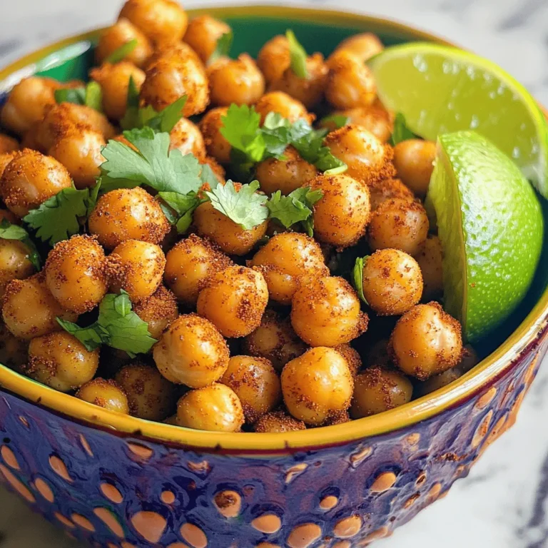 To make Taco Seasoned Roasted Chickpeas, you need these main items: - 1 can (15 oz) chickpeas, rinsed and drained - 2 tablespoons olive oil - 1 teaspoon chili powder - 1 teaspoon cumin - 1/2 teaspoon smoked paprika - 1/2 teaspoon garlic powder - 1/2 teaspoon onion powder - 1/4 teaspoon cayenne pepper (adjust to taste) - Salt, to taste These ingredients come together to create a crunchy snack full of flavor. Chickpeas are packed with protein and fiber, making them a great choice. For an extra cheesy kick, try adding: - 1 tablespoon nutritional yeast This ingredient gives the chickpeas a nutty, cheese-like flavor without dairy. It adds depth and makes the snack even more enjoyable. If you can’t find chickpeas, you can use other beans, like black beans or kidney beans. However, chickpeas work best for this recipe due to their texture. You can also use dried chickpeas. Just soak and cook them first. Adjust cooking times based on which beans you choose. First, gather your ingredients. You need one can of chickpeas. Rinse and drain the chickpeas well. This step removes extra sodium and improves taste. Next, dry the chickpeas with a clean towel. Removing moisture helps them get crispy. In a big bowl, pour in the olive oil. Add the rinsed chickpeas and mix well. You want them fully coated. In a small bowl, combine the chili powder, cumin, smoked paprika, garlic powder, onion powder, cayenne pepper, and salt. If you like a cheesy taste, add nutritional yeast. Sprinkle this spice mix over the chickpeas. Toss them again until they are all covered with spices. Preheat your oven to 400°F (200°C). Line a baking sheet with parchment paper. Spread the seasoned chickpeas in a single layer on the sheet. Place it in the oven and roast for 25 to 30 minutes. Halfway through, shake the pan to help them cook evenly. Watch them closely to prevent burning. When they are golden brown and crispy, they are done. Let them cool slightly before serving. To get the best crunch, start with dry chickpeas. Drain and rinse them well. After rinsing, pat them dry with a clean towel. Moisture can prevent crispiness. Use a good amount of olive oil to coat the chickpeas. This helps the spices stick and adds flavor. Spread the chickpeas out in a single layer on your baking sheet. Avoid crowding them to allow air to circulate. Shake the pan halfway through roasting. This ensures even cooking and a crispy texture. One common error is not drying the chickpeas well. If they are wet, they will steam instead of roast. Another mistake is using too few spices. Make sure to coat them well for a bold flavor. Also, do not skip preheating your oven. A hot oven helps achieve that perfect crunch. Finally, keep an eye on them as they roast. They can go from golden brown to burnt quickly. Serve your roasted chickpeas in a colorful bowl. Add a garnish of chopped fresh cilantro for a nice touch. Lime wedges can also add a zesty kick. These chickpeas make a great snack or topping. Try adding them to salads or tacos for an extra crunch. You can also pair them with yogurt or guacamole for dipping. {{image_2}} You can easily add heat to your taco seasoned roasted chickpeas. Try adding more cayenne pepper for extra spice. You can also use hot chili powder instead of regular. For a smoky kick, add a dash of chipotle powder. If you love heat, try mixing in some diced jalapeños before roasting. This will make your snack sizzle! To switch up the taste, consider other spice blends. For a zesty twist, try taco seasoning. You can also use curry powder for a warm flavor. Italian herbs like oregano and basil give a fresh taste. If you want a sweet touch, add cinnamon or paprika. Each blend can completely change your roasted chickpeas! Roasted chickpeas are great in many meals. Toss them in salads for a crunchy bite. Add them to wraps for extra protein. You can also use them as a topping for soups or chili. They make a perfect snack on their own too! Try serving them with dips like hummus or guacamole. Enjoy their crunch and flavor however you like! To keep your roasted chickpeas fresh, store them in an airtight container. Glass jars work great. Make sure the chickpeas are completely cool before sealing. This step helps prevent moisture, which can make them soggy. Roasted chickpeas stay fresh for about a week in the pantry. If you place them in the fridge, they can last up to ten days. However, they may lose some crunch in the fridge. For the best taste and crunch, eat them sooner. If your chickpeas lose their crunch, don’t worry! Simply spread them out on a baking sheet and reheat them in the oven at 350°F for about 10 minutes. This method revives their crispiness. You can also use an air fryer for faster results. Enjoy them hot and crunchy! Yes, you can use dried chickpeas. Start by soaking them overnight in water. After soaking, cook them until they are tender. This may take about an hour. Once cooked, rinse and drain them. Then, follow the same steps to season and roast. This recipe is naturally gluten-free! The spices used, like chili powder and cumin, do not contain gluten. Just make sure your olive oil and any added ingredients, like nutritional yeast, are also gluten-free. Always check labels to confirm. Chickpeas are packed with protein and fiber. They help you feel full and satisfied. They also support heart health and can lower cholesterol levels. Plus, they are rich in vitamins and minerals, like iron and magnesium. Eating chickpeas can boost your overall health while enjoying tasty snacks! In this post, we covered how to make tasty Taco Seasoned Roasted Chickpeas. You learned about the main ingredients, preparation steps, and tips for achieving the perfect crunch. We explored variations and shared storage tips to keep them fresh. In the end, roasted chickpeas are a fun and healthy snack. Try different spices to find your favorite flavor. Enjoy experimenting with this easy recipe!