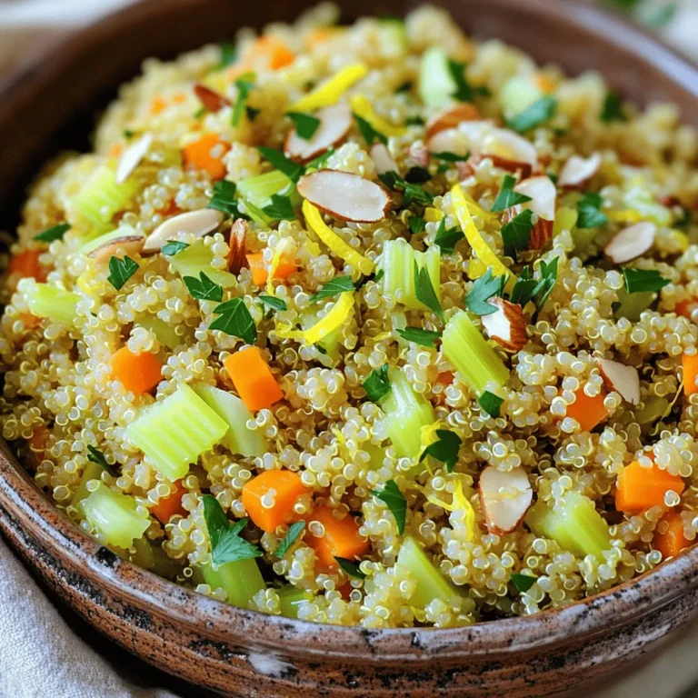 - 1 cup quinoa, rinsed - 2 cups vegetable broth - 1 tablespoon olive oil - 1 small onion, finely chopped - 2 cloves garlic, minced The main part of this dish is quinoa. It’s a great grain that is healthy and tasty. You will also need vegetable broth. It gives the quinoa rich flavor. Olive oil adds some healthy fat and a nice shine. The onion and garlic add depth and aroma. - 1 teaspoon dried thyme - 1 teaspoon dried parsley - Juice and zest of 1 lemon - 1/4 cup fresh parsley, chopped (for garnish) For seasoning, I use dried thyme and parsley. They add earthy flavors. Lemon juice and zest bring a bright, fresh taste. Fresh parsley adds color and a pop of flavor at the end. - 1 carrot, diced - 1 celery stalk, diced - 1/4 cup toasted almonds or pine nuts for topping You can add a carrot and celery for crunch. They make the pilaf more colorful. Toasted almonds or pine nuts on top add a nice crunch and nutty flavor. These optional ingredients make the dish even better. - Rinsing quinoa: First, take 1 cup of quinoa and place it in a fine mesh strainer. Rinse it under cold water for about 2 minutes. This step helps remove the bitter taste. Set it aside to drain. - Chopping vegetables: Next, finely chop 1 small onion, dice 1 carrot, and dice 1 celery stalk. Minced garlic is also needed, so peel and mince 2 cloves. Having everything chopped makes cooking easier. - Sautéing onions and garlic: In a medium saucepan, heat 1 tablespoon of olive oil over medium heat. Once hot, add the chopped onion. Cook for 2-3 minutes until it looks translucent. Then, add the minced garlic and stir for about 30 seconds to release its aroma. - Cooking vegetables: After the garlic, add the diced carrot and celery. Cook these for 3-4 minutes until they start to soften. This step adds great flavor to the dish. - Toasting quinoa: Now, stir in the rinsed quinoa along with 1 teaspoon of dried thyme and 1 teaspoon of dried parsley. Cook for 1-2 minutes. This light toasting gives the quinoa a nutty flavor. - Adding broth and seasonings: Pour in 2 cups of vegetable broth. Add 1/2 teaspoon of salt and 1/4 teaspoon of black pepper. Mix well and bring it to a boil. Reduce the heat to low, cover the pan, and let it simmer for about 15 minutes. - Fluffing the quinoa: After 15 minutes, remove the pan from heat. Let it sit covered for another 5 minutes. Fluff the quinoa with a fork to separate the grains. - Incorporating lemon juice and zest: Finally, add the juice and zest of 1 lemon to the quinoa. Mix everything well to blend the bright flavor. Taste and adjust the seasoning if needed, then serve warm. To make fluffy quinoa, start by rinsing it well. This removes the bitter coating called saponin. Use a fine mesh strainer for the best results. When cooking, use double the amount of broth compared to quinoa. This will help it absorb moisture evenly. Bring it to a boil, then lower the heat and cover. Let it simmer for about 15 minutes. After cooking, let it sit covered for five minutes. Fluff it with a fork for perfect texture. Adjusting flavors is simple. Add more lemon juice for brightness. If you like spice, try adding a pinch of red pepper flakes. Taste as you go to find what you like best. Don't be afraid to play with herbs as well. Garnishing can elevate your dish. Fresh parsley adds a pop of color. You can also sprinkle toasted almonds or pine nuts on top for crunch. If you want a fancy touch, add lemon wedges on the side. They look great and add flavor to each bite. For serving, consider a pretty bowl or plate. This dish works well as a main or side. Pair it with grilled chicken or fish for a full meal. It’s also nice served warm or at room temperature, making it perfect for potlucks. If you want alternatives for quinoa, try couscous or bulgur. Both cook quickly and have similar textures. For a gluten-free option, use rice or a gluten-free grain blend. For herbs, feel free to mix it up. Basil and dill can give a fresh twist. If you want a bolder taste, try cilantro or mint. Each herb brings its unique flavor, so explore what you enjoy most. {{image_2}} Healthy add-ins can elevate your Lemon Herb Quinoa Pilaf. You can add colorful vegetables like bell peppers or leafy spinach. These not only boost nutrition but also add a lovely crunch and color. For protein, consider chickpeas or crumbled feta cheese. These options bring richness and make the dish more filling. You can also explore regional inspirations. For a Mediterranean twist, add olives, sun-dried tomatoes, or even artichoke hearts. These ingredients enhance the flavor and transport you to sunny shores. If you prefer an Asian flair, try adding soy sauce and sesame oil. Toss in some peas or bok choy for a delightful touch. Dietary adaptations make this recipe versatile. Quinoa is already gluten-free, so it suits many diets. For a vegan option, skip the feta and use nutritional yeast for a cheesy flavor. You can also load up on veggies to keep it hearty and satisfying. These variations ensure everyone can enjoy this tasty dish! To keep your Lemon Herb Quinoa Pilaf fresh, use airtight containers. Glass or plastic containers work well. Make sure to let the pilaf cool before sealing. This helps prevent moisture buildup. Store the pilaf in the fridge for up to five days. You can reheat quinoa pilaf in the microwave or on the stove. For the microwave, place it in a bowl and cover it. Heat in short bursts, stirring often. On the stove, add a splash of vegetable broth or water. Heat on low, stirring gently. This helps keep it moist and tasty. Yes, you can freeze Lemon Herb Quinoa Pilaf! To freeze, let it cool completely. Then, place it in freezer-safe bags or containers. Remove as much air as possible before sealing. When you’re ready to eat, thaw it overnight in the fridge. Reheat it in the microwave or on the stove as mentioned above. To cook quinoa well, start by rinsing it. Place 1 cup of quinoa in a fine mesh strainer. Rinse it under cold water for 1-2 minutes. This step removes any bitter flavor. Next, add the rinsed quinoa to a medium saucepan. Pour in 2 cups of vegetable broth. - Heat the saucepan over medium heat. - Add 1 tablespoon of olive oil. - Stir in your quinoa, and bring it to a boil. - Once boiling, reduce the heat to low and cover. - Let it simmer for about 15 minutes. - After 15 minutes, check if the liquid is absorbed. - Allow it to sit covered for 5 more minutes. - Fluff with a fork before serving. This method gives you fluffy quinoa that’s perfect for your pilaf. Quinoa is a great choice for a healthy diet. It is high in protein, making it a good meat substitute. One cup of cooked quinoa has about 8 grams of protein. Quinoa is also rich in fiber, which aids digestion. - It contains essential amino acids. - Quinoa is gluten-free, making it safe for those with celiac disease. - It is high in vitamins and minerals, like magnesium and iron. - It has antioxidants that help fight disease. These health benefits make quinoa a smart addition to your meals. Yes! You can prepare Lemon Herb Quinoa Pilaf in advance. To do this, follow the recipe as normal. Once cooked, allow it to cool completely. Then, store it in an airtight container. - Keep it in the fridge for up to 4 days. - You can also freeze it for up to 3 months. - When you're ready to eat, reheat it in a microwave or on the stove. - Add a splash of broth to keep it moist while reheating. Making this dish ahead of time saves you time and effort on busy days. This blog post covered how to make Lemon Herb Quinoa Pilaf. We explored main ingredients like quinoa, vegetable broth, and fresh herbs. I shared clear steps for preparation and cooking, followed by helpful tips for storage and reheating. You learned variations, including healthy add-ins and dietary adaptations. In my view, this dish is not only tasty but also flexible. You can make it your own with simple changes. Enjoy exploring the flavors and benefits of quinoa in your meals!