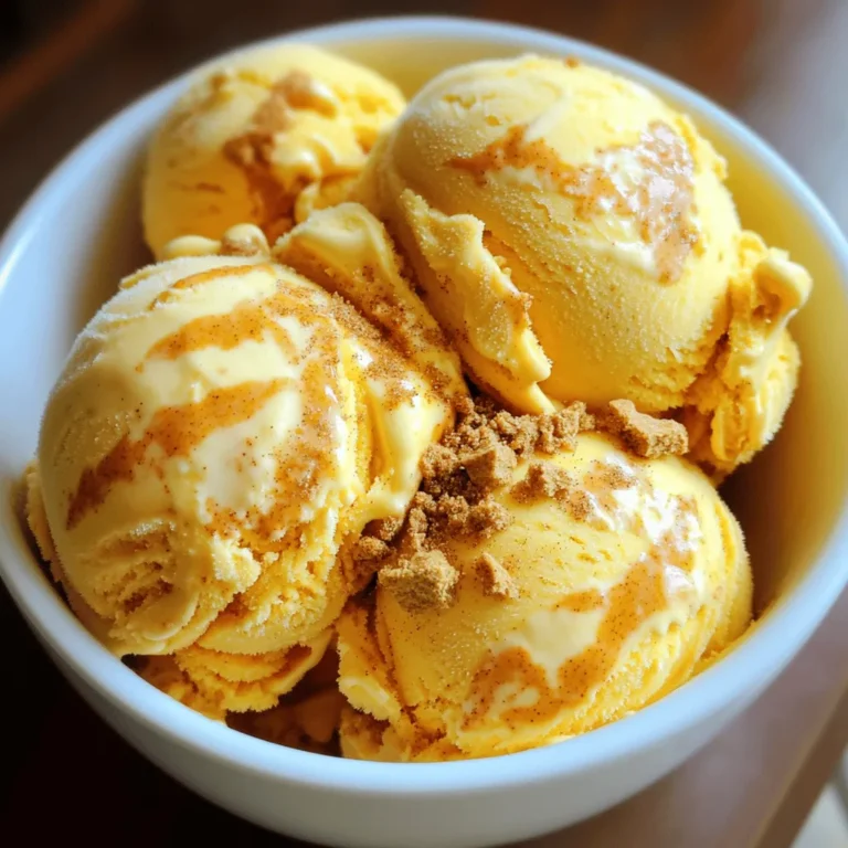 To make this delicious pumpkin cheesecake ice cream, you need a few key ingredients: - 2 cups heavy cream - 1 cup whole milk - 3/4 cup granulated sugar - 8 oz cream cheese, softened - 1 cup pumpkin puree - 1 teaspoon vanilla extract - 1 teaspoon ground cinnamon - 1/2 teaspoon ground nutmeg - 1/4 teaspoon ground ginger - 1/2 cup crushed graham crackers - 1/4 cup unsalted butter, melted These ingredients give the ice cream its rich and creamy texture. The pumpkin puree and spices add flavor and warmth. The cream cheese makes it smooth, while the graham crackers give it that lovely crunch. You can add a few optional ingredients to enhance this treat: - A pinch of salt for balance - Extra spices like allspice or cloves for depth - A splash of maple syrup for sweetness These optional ingredients can boost the flavor. Feel free to experiment and find what you love most. To make this ice cream, you will need some basic kitchen tools: - A large mixing bowl - An electric mixer - A whisk - An ice cream maker - A freezer-safe container Using the right equipment makes the process easier. The ice cream maker is key for achieving that perfect creamy texture. Enjoy making this treat! Start by gathering your ingredients. In a large mixing bowl, combine the softened cream cheese and granulated sugar. Use an electric mixer to beat them together. Mix until the cream cheese is smooth and creamy. This step creates a rich base for your ice cream. It is key to getting the right texture. Next, add the pumpkin puree, vanilla extract, ground cinnamon, nutmeg, and ginger to the cream cheese mixture. Blend well until all ingredients are fully mixed. In a separate bowl, whisk the heavy cream and whole milk together. Once combined, gently stir in the pumpkin mixture. This creates a delicious and smooth base for your ice cream. Now, pour the combined mixture into your ice cream maker. Churn it according to the manufacturer's instructions. This usually takes about 20-30 minutes. You want it to have a soft-serve consistency. While the ice cream churns, prepare the graham cracker swirl. In a small bowl, mix the crushed graham crackers with melted butter until crumbly. Once the ice cream is ready, layer half of it into a freezer-safe container. Sprinkle half of the graham cracker mixture over the top. Add the remaining ice cream, then finish with the rest of the graham crackers. With a knife or skewer, gently swirl the graham crackers into the ice cream for a nice marbled look. Be careful not to over mix. Cover the container and freeze for at least four hours. This will let your ice cream firm up and become ready to serve. To make the best pumpkin cheesecake ice cream, start with cold ingredients. Chill your heavy cream and milk before mixing. This helps the ice cream churn faster and get a better texture. When churning, follow your ice cream maker's instructions closely. Usually, it takes about 20-30 minutes. Stop churning when the ice cream is thick and has a soft-serve feel. This means it's ready for the next step. Creating that perfect graham swirl is easy. Mix crushed graham crackers with melted butter in a small bowl. This will give it a nice crumbly texture. When the ice cream is done churning, layer half of it in your container. Then, sprinkle half of the graham cracker mix on top. Add the rest of the ice cream and finish with the remaining graham mix. Use a knife to gently swirl it through. Don't overdo it; you want to see those beautiful swirls! When you're ready to serve, use chilled bowls. This keeps the ice cream colder for longer. Top each serving with extra crushed graham crackers for crunch. A sprinkle of cinnamon adds a lovely touch. For a pop of color, add a sprig of mint on top. This makes your dessert look even more inviting! Enjoy your creamy, pumpkin-flavored treat! {{image_2}} You can make this ice cream dairy-free! Use coconut milk instead of whole milk. For cream, use coconut cream. It gives a rich, creamy taste. You can also try almond milk. Make sure to pick unsweetened options for the best flavor. Want to mix it up? You can add chocolate chips or caramel swirls. Both pair well with pumpkin. Chopped nuts like pecans or walnuts add great crunch. Try different spices, too! A dash of allspice or clove can change the taste. You can even add a splash of maple syrup for sweetness. Crushed graham crackers are classic, but not the only choice. You can use crushed Oreos for a fun twist. They add a chocolate flavor that blends well. Try adding cookie crumbs from your favorite biscuits. Just remember to mix them with melted butter, like with graham crackers. This gives you that nice swirl in your ice cream. To keep your pumpkin cheesecake ice cream fresh, place it in an airtight container. Make sure to press a piece of plastic wrap against the surface before sealing. This prevents ice crystals from forming. When you freeze your ice cream, aim for a steady temperature. Avoid opening the freezer too often. If you plan to store it long-term, consider using a shallow container. This helps freeze it more evenly. Your ice cream will stay good for about 2-3 months in the freezer. For the best taste and texture, try to eat it within a month. If it gets too hard, let it sit at room temperature for a few minutes before scooping. Enjoy it as a special treat or a festive dessert! Yes, you can make this ice cream without an ice cream maker. First, mix your ingredients like normal. Then, pour the mixture into a freezer-safe container. Freeze it for about 45 minutes. After that, take it out and stir it well. Do this every 30 minutes for 2 to 3 hours. This helps break up ice crystals and makes it creamy. This ice cream will last up to two weeks in the freezer. Store it in an airtight container to keep it fresh. For best taste, eat it within the first week. After that, it may lose some flavor and texture. If you need a substitute for pumpkin puree, you can use butternut squash puree. It has a similar taste and texture. Another option is sweet potato puree. Both will give you a nice flavor in your ice cream. Just make sure they are smooth and not chunky. In this post, we explored making pumpkin cheesecake ice cream with a graham swirl. We covered the must-have and optional ingredients, along with helpful equipment. You learned step-by-step instructions for preparing and churning your ice cream. I also shared tips for perfect texture and ideas for fun variations. Lastly, we discussed storage options to keep your treat fresh. Enjoy creating this delightful dessert and customize it to your taste. Happy churning!