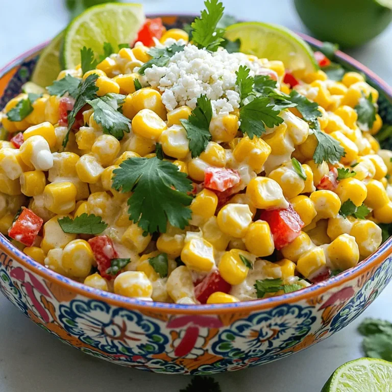 To make this Creamy Chili Lime Corn Salad, gather these simple items: - 4 cups corn (fresh, frozen, or canned) - 1/2 cup sour cream - 1/4 cup mayonnaise - 1 lime, juiced and zested - 1 tablespoon honey or agave syrup - 1 teaspoon chili powder - 1/2 teaspoon cumin - 1 red bell pepper, diced - 1/4 cup red onion, finely chopped - 1/4 cup cilantro, chopped - Salt and pepper to taste - Optional: crumbled cotija cheese for topping You can adjust this recipe for different needs. If you want a dairy-free version, use a dairy-free sour cream. For a lighter salad, swap mayonnaise for plain Greek yogurt. If you keep it vegan, use agave syrup instead of honey. You can also leave out the cheese or use a dairy-free alternative. To make your salad pop, think about adding toppings. Crumbled cotija cheese adds a nice salty bite. Chopped avocado gives a creamy texture. A sprinkle of chili flakes can give extra heat. Fresh lime wedges on the side add a zesty touch. You can also use extra cilantro for color and flavor. To prepare corn, you have three options: fresh, frozen, or canned. Each option gives great taste. - Fresh Corn: Grill the corn on medium heat for about 10 minutes. Turn it occasionally. You want it tender and slightly charred. After grilling, let it cool. Once cool, cut the kernels off the cob. - Frozen Corn: Cook the corn according to the package instructions. Once it is cooked, let it cool before using. - Canned Corn: Simply drain and rinse the corn. This helps remove extra salt and liquid. Choose any method you like! Now, let’s make the creamy dressing. In a large mixing bowl, add: - 1/2 cup sour cream - 1/4 cup mayonnaise - Juice and zest from 1 lime - 1 tablespoon honey or agave syrup - 1 teaspoon chili powder - 1/2 teaspoon cumin - A pinch of salt and pepper Whisk all these ingredients together until the mixture is smooth and creamy. This dressing gives the salad its rich flavor. Once your dressing is ready, it’s time to mix it all together. Add the prepared corn to the bowl. Then, include: - 1 diced red bell pepper - 1/4 cup finely chopped red onion - 1/4 cup chopped cilantro Gently mix everything until the corn and veggies are well coated with the dressing. Taste it and adjust seasoning with more salt, pepper, or lime juice if needed. Now, chill the salad in the fridge for at least 30 minutes. This step allows the flavors to blend beautifully. Before serving, toss it lightly again. If you want, add crumbled cotija cheese on top for extra flavor. Enjoy your fresh and flavorful dish! Grilling corn makes it sweet and smoky. Start with fresh corn if possible. Peel back the husks but keep them attached. Remove the silk and soak the corn in water for about 30 minutes. This keeps it moist while grilling. Grill the corn over medium heat for about 10 minutes, turning often. Look for nice char marks and a tender bite. Spice can change a dish. If you like it mild, use less chili powder. You can start with half a teaspoon and taste as you mix. For more heat, add a dash of cayenne or use spicy chili powder. Lime juice can help balance the heat, so feel free to add more if it’s too spicy for you. This corn salad shines as a side. It pairs well with grilled meats like chicken or steak. You can also serve it with tacos or burritos for a fun twist. For a full meal, add black beans or grilled shrimp for protein. Garnish with lime wedges and extra cilantro for color. Serve it chilled or at room temperature for the best taste. {{image_2}} If you want to make this salad a full meal, add protein. Grilled chicken works well. Cook it until golden and slice it into strips. You can also use black beans or chickpeas for a vegetarian option. Just rinse and drain the beans, then mix them in. This adds a nice texture and extra nutrients. While cilantro adds great flavor, consider other herbs too. Chopped parsley or basil can change the taste. For a zesty twist, add chopped mint. You can also play with spices. Try smoked paprika for a deeper flavor or add garlic powder for a kick. If you love heat, add fresh jalapeños. Dice them finely and mix them in the salad. You can also use sriracha or hot sauce in the dressing for more spice. Adjust the amount based on your taste. This will make the salad exciting and bold! To keep this salad fresh, place it in the fridge. Use an airtight container. This helps keep the flavors strong and the ingredients crisp. Avoid leaving it out at room temperature for long. Always cover it well to block air and moisture. I suggest glass or plastic containers. They should have tight lids. Glass containers are great because they don’t hold smells. Plastic is lighter and easy to handle. Make sure the container is big enough. You want to give the salad some room to breathe. You can safely eat the salad for up to three days. After that, the ingredients might lose their taste and texture. Check for any off smells or changes in color before eating. If you see or smell anything strange, it’s best to toss it out. Enjoy your salad while it’s still fresh! Yes, you can make this salad ahead of time. It tastes even better after chilling. I recommend making it a few hours before serving. Just keep it in the fridge to stay fresh. The flavors blend well and create a tasty dish. Make sure to stir it before serving. You can serve this salad with many dishes. It pairs well with grilled chicken or fish. Tacos and burritos also go great with it. You can enjoy it at barbecues or potlucks as a side dish. Its fresh taste complements rich foods nicely. Absolutely! You can add different veggies to this salad. Diced cucumber or cherry tomatoes work well. You can even toss in some avocado for creaminess. Just make sure to cut them small so they mix well. Be creative and use what you have on hand! This blog post covered how to make a tasty Creamy Chili Lime Corn Salad. We discussed ingredients, including options for various diets. I shared step-by-step instructions for preparation and tips for grilling corn. You also learned about ways to customize the salad with proteins and spices. In closing, this salad is easy to adapt. Enjoy it fresh or save leftovers for later. Try new flavors and make it yours. Satisfy your taste buds and impress your friends with this dish!