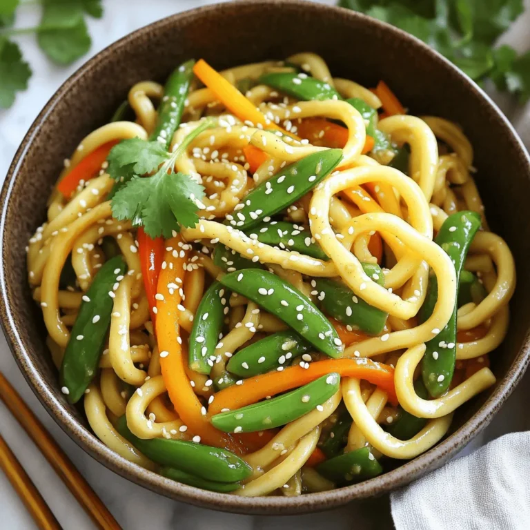 To make my Better-Than-Takeout Garlic Soy Udon Stir-Fry, you need some simple, fresh ingredients. Each one adds flavor and texture to the dish. Here’s what you will need: - Udon Noodles: 200g of thick, chewy udon noodles make the base. - Vegetables: Use colorful veggies like 1 bell pepper (red or yellow), 1 cup snap peas, and 1 medium carrot. These add crunch and color. - Aromatics: For bold flavor, include 4 cloves of minced garlic and 1 inch of grated ginger. - Sauces and Oils: You will need 3 tablespoons of soy sauce, 1 tablespoon of sesame oil, and 1 tablespoon of rice vinegar. If you like heat, add 1 teaspoon of chili paste. - Garnishes: Top your stir-fry with sesame seeds and fresh cilantro for added flavor and a pop of color. These ingredients come together to create a tasty, satisfying meal. You can easily find them at your local grocery store or farmer's market. First, boil water in a large pot. Add the udon noodles to the boiling water. Cook them for about 8-10 minutes, or until soft. Drain the noodles using a colander. Rinse them with cold water. This stops the cooking and keeps them from sticking. Set the noodles aside for later. Next, grab a large skillet or wok. Heat 2 tablespoons of vegetable oil over medium-high heat. Once hot, add 4 cloves of minced garlic and 1 inch of grated ginger. Stir these for about 30 seconds. You want them to smell great but not burn. Now, it’s time for the veggies. Toss in 1 bell pepper, 1 cup of snap peas, and 1 medium carrot, all cut into thin pieces. Stir-fry these for about 3-4 minutes. The goal is to keep them tender-crisp. You want bright colors and a bit of crunch. Add the cooked udon noodles to the skillet with the vegetables. Gently mix everything together. Now, pour in 3 tablespoons of soy sauce, 1 tablespoon of sesame oil, and 1 tablespoon of rice vinegar. If you like it spicy, add 1 teaspoon of chili paste. Toss everything for another 2-3 minutes. Make sure the noodles soak up all the tasty flavors. Once everything is well mixed, take the skillet off the heat. Stir in 3 chopped green onions for a fresh crunch. Transfer the stir-fry to a serving plate. For the final touch, sprinkle sesame seeds and fresh cilantro on top. This adds a beautiful look and extra flavor. Enjoy your homemade Better-Than-Takeout Garlic Soy Udon Stir-Fry! To get the best udon noodles, cook them just right. Boil the noodles for about 3-4 minutes. Drain them well and rinse with cold water. This keeps them from sticking together. If you want a firmer bite, cook them a minute less. To boost flavors, use fresh ingredients. The garlic and ginger should be minced and grated finely. This helps release their natural oils. Add soy sauce gradually. Taste as you go. For a hint of heat, include chili paste. You can also try adding a splash of lime juice for brightness. Serve your garlic soy udon in a deep bowl. This makes it look inviting. Top with sesame seeds and fresh cilantro for color. Add extra green onions for a fresh crunch. If you want, use chopsticks for a fun touch. This adds to the experience and makes the meal special. {{image_2}} You can easily boost your garlic soy udon stir-fry with protein. Tofu works great. Choose firm tofu and cut it into cubes. Sauté it in the oil until golden. Chicken is another tasty option. Use thin strips of chicken breast. Cook it first, then add vegetables. You can also use shrimp. Just toss them in for a quick cook. Each protein adds its own flavor. Feel free to swap out vegetables based on what you have. Broccoli florets are a great choice. They add crunch and color. Zucchini slices are another fun option. They cook fast and soak up flavors well. Mushrooms can add an earthy taste. Just slice them and toss them in. Remember, the goal is to use what you love. Do you like heat? Adjust the spice levels to match your taste. Add more chili paste for a kick. You can also use fresh chili peppers. Just slice them thin and mix in. If you want it mild, skip the chili altogether. You can also balance heat with a bit of sugar. It will make the flavors pop without making it too spicy. To keep your garlic soy udon stir-fry fresh, store it in an airtight container. This method prevents moisture loss and keeps flavors intact. Refrigerate within two hours after cooking. Your dish will last for 3 to 4 days in the fridge. Make sure to let it cool down before sealing. If you want to save some for later, freezing is a great option. Allow the stir-fry to cool completely before putting it in freezer-safe bags or containers. Make sure to remove as much air as possible to prevent freezer burn. It can last up to 2 months in the freezer. For best results, label the bags with the date. When you’re ready to enjoy your stir-fry, there are easy ways to reheat it. You can use a microwave. Place it in a microwave-safe dish and cover it. Heat in short intervals, stirring in between to get even warmth. You can also reheat on the stove. Add a splash of water or soy sauce to help keep it moist. Heat over medium-low until warmed through. This helps the flavors return to life! To store leftover udon stir-fry, place it in an airtight container. Keep it in the fridge. It stays fresh for about 3 to 4 days. When you are ready to eat, just reheat it in a pan or microwave. If you want to keep it for longer, you can freeze it. Thaw it in the fridge before reheating. Yes, you can use other noodles. Rice noodles, soba noodles, or even spaghetti work well. Just cook them according to the package instructions. Make sure to adjust the cooking time based on the noodle type. Each noodle will add a unique taste and texture to your stir-fry. To make this dish vegetarian or vegan, swap the soy sauce for a vegan brand. Use vegetable oil and check all ingredients for animal products. You can also add tofu or tempeh for protein. This adds a nice texture and makes the dish more filling. Garlic soy udon stir-fry pairs well with many dishes. You can serve it with edamame or a side salad. Spring rolls or dumplings also make great sides. For a full meal, try miso soup or a light broth. These complement the flavors and make your meal feel complete. In this post, we explored the key ingredients and steps to make a tasty udon stir-fry. We covered cooking noodles, sautéing aromatics, and adding your favorite veggies. I shared tips to perfect your dish, suggested variations for taste and texture, and explained storage and reheating. Cooking udon can be easy and fun. You can make it your own with many choices. Enjoy your stir-fry, and don't hesitate to experiment!