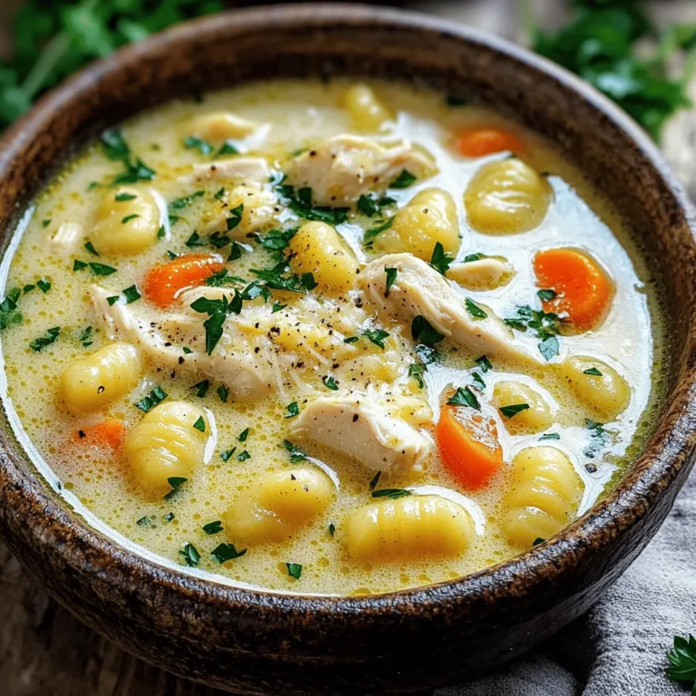 To make this tasty soup, you will need the following main ingredients: - 1 lb (450g) chicken breast, diced - 1 tablespoon olive oil - 4 cloves garlic, minced - 1 medium onion, chopped - 3 medium carrots, diced - 2 stalks celery, diced - 4 cups chicken broth - 1 cup heavy cream - 2 cups potato gnocchi - 1 cup fresh spinach - 1 cup grated Parmesan cheese - 1 teaspoon dried thyme - 1 teaspoon dried oregano - Salt and pepper to taste - Fresh parsley for garnish These ingredients blend together to create a rich and creamy flavor that warms the soul. Feel free to customize your soup with these optional ingredients: - Add diced potatoes for extra heartiness. - Toss in some frozen peas for a pop of color. - Use kale instead of spinach for a different green. - Sprinkle in red pepper flakes for a little heat. These options let you make the soup your own, based on what you like and have on hand. To cook this delicious soup, gather these tools: - A large pot for cooking - A cutting board for chopping - A sharp knife for easy slicing - A wooden spoon for stirring - Measuring cups and spoons for accuracy - Bowls for serving Having the right tools makes cooking smooth and fun, helping you create a delightful meal. First, gather all your ingredients. You need: - 1 lb chicken breast, diced - 1 tablespoon olive oil - 4 cloves garlic, minced - 1 medium onion, chopped - 3 medium carrots, diced - 2 stalks celery, diced - 4 cups chicken broth - 1 cup heavy cream - 2 cups potato gnocchi - 1 cup fresh spinach - 1 cup grated Parmesan cheese - 1 teaspoon dried thyme - 1 teaspoon dried oregano - Salt and pepper to taste - Fresh parsley for garnish Next, prepare the chicken. Dice it into small pieces. This helps it cook evenly. Chop the onion, carrots, and celery. Keep them small so they cook quickly. Mince the garlic as well. Heat a large pot over medium heat. Add the olive oil and let it warm up. Once the oil is hot, add the diced chicken. Season it with salt and pepper. Cook for about 5-7 minutes. Make sure the chicken turns golden brown. After the chicken is cooked, take it out and set it aside. In the same pot, add the chopped onion, carrots, and celery. Sauté these veggies for 5-6 minutes until they soften. Now, stir in the minced garlic. Cook it for another 1-2 minutes until it smells great. Pour in the chicken broth and bring it to a boil. Add the dried thyme and oregano for flavor. Once it boils, reduce the heat. Add the potato gnocchi to the pot. Let it simmer for 3-4 minutes. The gnocchi will float when it’s done. Turn the heat to low. Stir in the heavy cream, cooked chicken, fresh spinach, and grated Parmesan cheese. Cook for another 2-3 minutes until the spinach wilts and the cheese melts. Taste your soup. Adjust the seasoning with more salt and pepper if needed. For serving, use large bowls. Garnish with fresh parsley and a sprinkle of Parmesan cheese on top. Serve with crusty bread for dipping. Enjoy your creamy garlic Parmesan chicken gnocchi soup! You can save time by prepping ingredients first. Chop the onion, carrots, and celery ahead of time. You can even dice the chicken breast the night before. If you use pre-cooked chicken, your soup cooks even faster. Just add it in when you pour in the broth. Using a pre-made broth cuts down on time too. To get that rich, creamy texture, use cold heavy cream when adding to the pot. Stir it in slowly while the heat is low. This helps the cream mix well without curdling. Grating fresh Parmesan cheese right before you add it makes a big difference. It melts beautifully and adds a nice touch. You can boost the flavor by adding a splash of lemon juice. It brightens the soup and balances the richness. Consider adding some chopped fresh herbs like basil or thyme. They add freshness and depth. A pinch of red pepper flakes can give a nice kick if you like heat. {{image_2}} You can easily make a vegetarian version of this soup. Just skip the chicken. Instead, add more veggies like bell peppers or zucchini. You can also use vegetable broth instead of chicken broth. This keeps the soup rich and flavorful. Don’t forget to add extra Parmesan cheese for that creamy texture. If you like heat, try a spicy version. Add red pepper flakes or diced jalapeños to the soup. You can mix them in while cooking the garlic. This gives the soup a nice kick. Always taste as you go, so you can find the right spice level for you. For a dairy-free soup, swap the heavy cream with coconut milk or almond milk. Use nutritional yeast instead of Parmesan cheese for a cheesy flavor. This way, you keep the soup creamy and delicious, but without dairy. Just make sure to check the labels for any added sugars or preservatives. After enjoying your Garlic Parmesan Chicken Gnocchi Soup, let it cool. Pour the soup into an airtight container. Seal it well to keep out air. This helps the soup stay fresh. You can store it in the fridge for up to 3 days. If you want it to last longer, consider freezing it. To reheat, you can use the stove or microwave. If using the stove, pour the soup into a pot. Heat it on low, stirring often. This keeps the soup from sticking. For the microwave, place the soup in a bowl. Cover it loosely to allow steam to escape. Heat in 1-minute bursts, stirring in between. This helps heat it evenly. To freeze your soup, first cool it completely. Use freezer-safe containers or bags. Leave some space at the top for expansion. Label each container with the date. You can freeze the soup for up to 3 months. When you’re ready to eat, thaw it overnight in the fridge. Then reheat it as explained above. This way, you can enjoy this delicious soup anytime! If you want a lighter soup, you can use whole milk or half-and-half. For a dairy-free choice, try coconut milk or almond milk. These options change the flavor a bit, but they still add creaminess. Just remember, the soup won't be as rich. Yes, you can use store-bought gnocchi. It saves time and effort. Look for fresh or frozen gnocchi in your grocery store. They cook quickly and give the soup a nice texture. Just follow the package instructions to prepare them. You can tell the gnocchi is cooked when they float to the surface of the soup. This usually takes about 3-4 minutes. Once they rise, they are ready to eat. Make sure not to overcook them, as they can become mushy. You learned how to make Garlic Parmesan Chicken Gnocchi Soup. We covered key ingredients, optional add-ins, and tools you'll need. The step-by-step guide took you from prep to serving. I shared tips to save time and boost flavor. You also found variations for different diets and learned about proper storage. As you prepare this soup, remember it’s all about personal touches. Enjoy the process, and make this dish your own!
