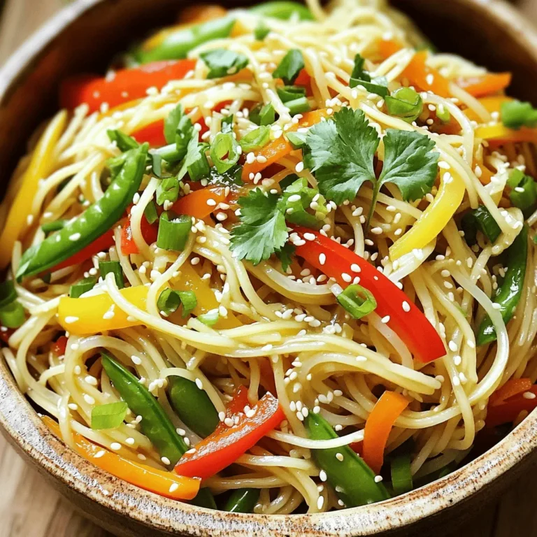 - 8 oz rice noodles - 2 tablespoons sesame oil - 1 tablespoon fresh ginger, minced - 2 cloves garlic, minced - 1 bell pepper, thinly sliced - 1 carrot, julienned - 1 cup snap peas, trimmed - 3 green onions, chopped - Fresh cilantro for garnish - 1/4 cup soy sauce (or tamari for gluten-free) - 1 tablespoon maple syrup - 1 tablespoon rice vinegar - 1 tablespoon sesame seeds This dish starts with rice noodles. They provide a nice base for the meal. I love using them because they cook fast and absorb flavors well. You will need a bit of sesame oil. This gives a rich, nutty taste. Fresh ginger adds warmth and spice. Minced garlic brings another layer of flavor. For the veggies, I suggest a bell pepper, a carrot, and snap peas. They add crunch and color. Green onions bring a fresh zing, while cilantro gives a bright finish. The sauce is simple but packed with flavor. Soy sauce is salty and savory. Maple syrup adds a hint of sweetness. Rice vinegar gives a nice tang. Finally, sprinkle sesame seeds for a bit of crunch and extra flavor. With these ingredients, you can make a tasty and filling vegan meal that everyone will love! - Bring a large pot of water to a boil. - Add 8 oz rice noodles. - Cook noodles until al dente, about 4-5 minutes. - Drain the noodles and rinse with cold water. - In a small bowl, whisk together: - 1/4 cup soy sauce (or tamari for gluten-free) - 1 tablespoon maple syrup - 1 tablespoon rice vinegar - Heat 2 tablespoons of sesame oil in a large skillet over medium heat. - Add 1 tablespoon minced fresh ginger and 2 cloves minced garlic. - Cook for about 1 minute until fragrant. - Add: - 1 thinly sliced bell pepper - 1 julienned carrot - 1 cup trimmed snap peas - Sauté for 3-4 minutes until vegetables are tender-crisp. - Add the cooked noodles to the skillet with the sautéed vegetables. - Pour the prepared sauce over the noodles. - Toss everything together to coat evenly. - Cook for an additional 2-3 minutes to heat through. - Remove from heat and sprinkle with sesame seeds and chopped green onions. - Serve warm, garnished with fresh cilantro on top. To make your dish just right, adjust the sauce ingredients based on your taste. If you love a strong taste, add more ginger or garlic. This makes the dish pop with flavor. You can also reduce the soy sauce for a lighter taste. Feel free to experiment until you find what you love best. To stop the noodles from sticking together, rinse them with cold water after cooking. This cools them down and removes excess starch. When sautéing vegetables, heat your pan well before adding oil. This helps the veggies cook evenly and stay crisp. Stir them often to get the best results. For a tasty meal, serve the noodles with fresh cilantro on top. You can also add sesame seeds for extra crunch. If you want to make it a full meal, pair these noodles with a side of steamed broccoli or a simple salad. This adds color and nutrients to your dish. {{image_2}} If you need a gluten-free dish, no problem. You can swap rice noodles for gluten-free noodles. Look for options like quinoa or buckwheat noodles. These keep the dish tasty and light. Always check the package to ensure they are truly gluten-free. Want to boost the protein? Add tofu, tempeh, or chickpeas. Tofu works great when you cube it and sauté until golden. Tempeh adds a nutty flavor; just slice and cook until crispy. Chickpeas can be added directly from the can. They cook fast and add nice texture. Want to kick up the flavor? Try adding chili flakes for heat. A squeeze of lime juice brightens the dish, too. You can also toss in some chopped peanuts for crunch. These small tweaks make a big difference in taste. To store your Vegan Sesame Ginger Noodles, let them cool first. Place the noodles in an airtight container. This keeps them fresh for up to three days. Always keep the sauce separate if you can. It helps maintain the noodles' texture and flavor. When ready to eat, simply combine them again. If you want to freeze the noodles, it’s best to do so without the sauce. Place the cooled noodles in a freezer-safe bag. Squeeze out any air before sealing. They can stay in the freezer for up to a month. For best results, eat them within two weeks. This helps keep the taste fresh and yummy. To reheat your noodles, use a skillet for the best flavor. Add a splash of water or a little oil to the pan. Heat over medium until warm. You can also use a microwave. Heat in short intervals, stirring often. This keeps the noodles from getting dry. Enjoy them just like you made them! You can use other noodles if you don't have rice noodles. Here are some great options: - Soba noodles: These are made from buckwheat. They have a nutty taste. - Udon noodles: Thick and chewy, udon adds a different texture. - Zucchini noodles: For a low-carb choice, spiralized zucchini works well. - Whole wheat pasta: It can give a hearty flavor and is easy to find. These substitutes can change the dish's taste. Choose one that you like best! To add some heat to your noodles, try these ideas: - Red pepper flakes: Sprinkle in some flakes while cooking for a kick. - Sriracha or chili sauce: Mix a bit into the sauce for a nice heat level. - Fresh chili peppers: Slice them and add to the sautéed veggies for fresh heat. - Ginger: Adding more fresh ginger can also give a spicy zing. Feel free to adjust the spice to match your taste! Yes, you can prepare this dish in advance! Here’s how to do it: - Prep the noodles: Cook and rinse them. Store them in the fridge. - Store the veggies: Chop and keep them in a sealed container. - Make the sauce: Whisk together the sauce and keep it separate. You can combine everything when you're ready to eat. This dish stays good in the fridge for about 3 days. Just reheat it gently before serving! This blog post covered making delicious sesame ginger noodles. You learned about key ingredients like rice noodles, fresh veggies, and a flavorful sauce. We also discussed cooking steps, tips for flavor, and possible variations. You can even add proteins or adjust flavors to match your taste. With proper storage tips, you can enjoy this meal later. Now, it’s your turn to try this easy recipe. Enjoy making and sharing these tasty noodles with friends and family!