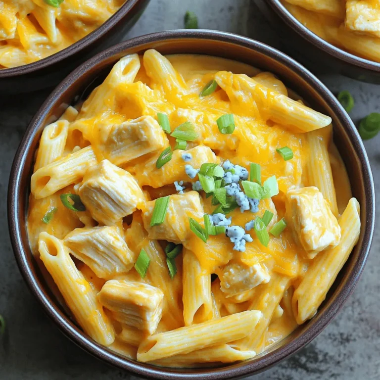 - 1 pound boneless, skinless chicken breasts (cubed) - 8 ounces penne pasta - 2 tablespoons olive oil - 1 small onion, diced - 3 cloves garlic, minced - 1 cup chicken broth - 1 cup heavy cream - ½ cup buffalo sauce (adjust to taste) - 1 cup shredded cheddar cheese - Salt and pepper to taste In this dish, chicken brings protein and richness. The penne pasta soaks up all the flavors. Olive oil adds healthy fats and helps cook the chicken. Onion and garlic give a tasty base that makes everything smell great. Chicken broth adds depth to the sauce. Heavy cream makes the dish creamy and smooth. Buffalo sauce brings heat and tang. Finally, cheddar cheese melts beautifully, adding flavor and texture. - ½ cup blue cheese crumbles - Fresh herbs (like parsley or chives) Blue cheese crumbles add a sharp flavor that works well with buffalo sauce. Fresh herbs brighten the dish and give it a fresh touch. You can skip them or use your favorites. Adding these ingredients can make your pasta even more flavorful and exciting! First, heat 2 tablespoons of olive oil in a large pot over medium heat. Add 1 pound of cubed chicken breasts. Season with salt and pepper. Cook for 5-7 minutes until the chicken is golden brown and cooked through. Remove the chicken from the pot and set it aside. This helps keep the chicken juicy and tender. In the same pot, add 1 small diced onion. Sauté it for 2-3 minutes, until it turns translucent. Next, add 3 minced garlic cloves. Cook for an additional 30 seconds while stirring. This step builds a strong flavor base for your dish. Pour in 1 cup of chicken broth and bring it to a simmer. Add 8 ounces of penne pasta and ½ cup of buffalo sauce. Stir well to combine all the ingredients. Cover the pot and cook for 12-15 minutes. Stir occasionally to keep the pasta from sticking. This timing helps the pasta cook to the perfect al dente texture. Once the pasta is done, lower the heat. Stir in 1 cup of heavy cream and 1 cup of shredded cheddar cheese. Mix until the cheese melts and the sauce is creamy. Add the cooked chicken back into the pot and stir to combine everything. This creates a rich and satisfying sauce. If you want, sprinkle ½ cup of blue cheese crumbles over the top. Stir gently until melted. Taste the dish and adjust seasoning with more salt, pepper, or buffalo sauce as needed. Let it sit for a couple of minutes to thicken slightly. Serve in deep bowls, garnished with chopped green onions and an extra drizzle of buffalo sauce. Enjoy your delicious meal! To make sure your chicken cooks evenly, cut it into even pieces. This helps it cook faster and brown nicely. Heat the olive oil in your pot first, then add the chicken. Season it well with salt and pepper. Cook it for about 5-7 minutes. Always check that it is no longer pink inside. This means it is safe to eat. To get a rich and creamy sauce, add the heavy cream after cooking the pasta. Turn down the heat before adding it. This keeps the cream from curdling. Stir in the shredded cheddar cheese slowly. It melts better this way. If you like blue cheese, sprinkle it in last. It adds a nice kick to the sauce. To store any leftovers, let the pasta cool first. Then, put it in an airtight container. You can keep it in the fridge for 3-4 days. When you want to reheat it, add a splash of chicken broth or cream. This helps keep the sauce creamy. Warm it on low heat, stirring often to avoid burning. {{image_2}} If you need to make this dish fit your diet, there are easy swaps. - Gluten-free pasta alternatives: You can use brown rice pasta or chickpea pasta. Both work well and taste great. - Dairy-free options: Try coconut cream instead of heavy cream. This gives a nice richness. Use nutritional yeast for a cheesy flavor without dairy. To change things up, consider adding more ingredients or sauces. - Adding vegetables or different sauces: You can toss in spinach, bell peppers, or even corn. These add color and health. For a twist, try ranch dressing instead of buffalo sauce for a milder taste. - Spicy adjustments for heat lovers: If you like heat, add more buffalo sauce. You can also throw in a pinch of cayenne pepper or some sliced jalapeños. Pair your dish to make it a full meal. - Pairings with sides or salads: Serve this creamy pasta with a fresh green salad. A side of garlic bread is also a great choice. You can even top it with extra green onions or serve it with ranch dressing on the side for dipping. To keep your One-Pot Creamy Buffalo Chicken Pasta fresh, store it in airtight containers. Use glass or plastic containers that seal well. Let the pasta cool to room temperature first. This helps avoid condensation, which can make it soggy. Place the containers in the fridge. Enjoy your leftovers within 3-4 days for the best taste. You can freeze this dish for longer storage. Allow the pasta to cool completely before freezing. Use freezer-safe bags or containers. Be sure to remove as much air as possible to prevent freezer burn. Label your containers with the date. You can freeze it for up to 3 months. To thaw, place it in the fridge overnight before reheating. When you're ready to enjoy your pasta again, reheat it gently. Use a saucepan on low heat. Add a splash of chicken broth or cream to keep it creamy. Stir often to prevent sticking. You can also use the microwave, but cover the dish to trap steam. Heat in short bursts and stir in between. This keeps the flavor and texture just right. Yes, you can make this recipe ahead of time. For meal prep, cook the dish fully and let it cool. Store it in an airtight container in the fridge for up to three days. You can also freeze it for longer storage. When ready to eat, reheat it on the stove over low heat. Stir often to keep it creamy and prevent sticking. I recommend using a medium heat buffalo sauce. If you like it hotter, go for a hot sauce brand that you enjoy. Store-bought sauces like Frank's RedHot work great. You can also make your own buffalo sauce. Just mix melted butter with hot sauce for a fresh taste. Adjust the ratio based on your heat preference. To add more heat, consider these ingredients: - Extra buffalo sauce - Red pepper flakes - Diced jalapeños - Hot sauce on the side for serving You can add these to your liking for an extra kick. Each option lets you customize the heat to suit your taste! To wrap up, we covered key ingredients like chicken, pasta, and tasty seasonings. You learned how to prepare and cook each step for the best results. We shared tips for perfect chicken and the creamiest sauce. Variations can help fit your taste, and we discussed how to store or reheat leftovers. In the end, this dish is fun to make and enjoy. Feel free to get creative, and your meal will impress!