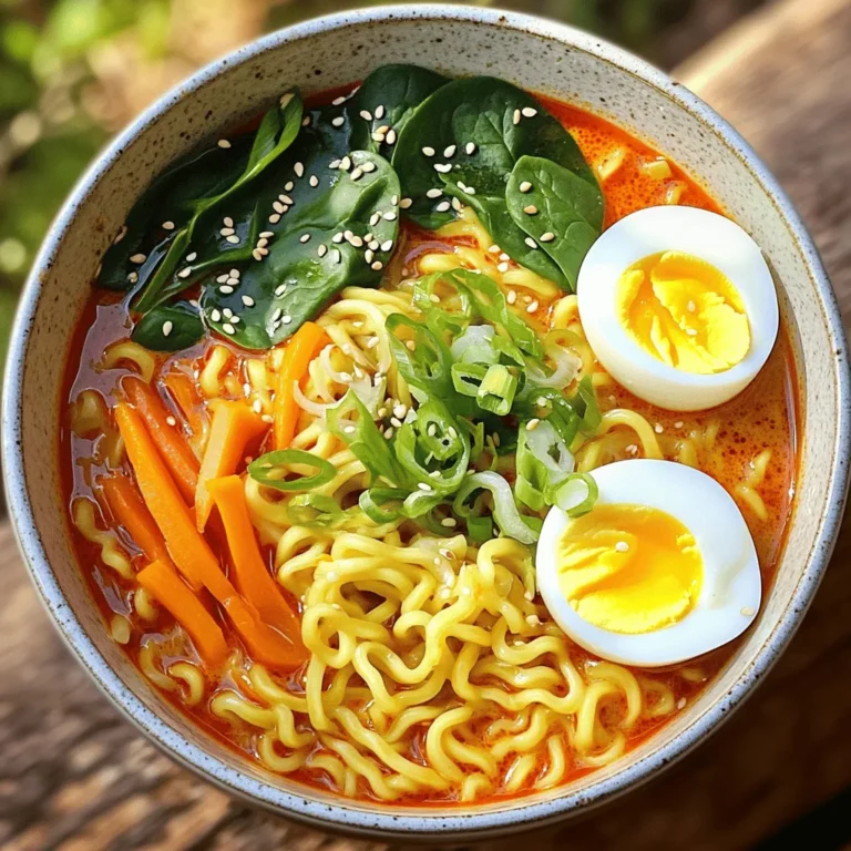 To make Creamy Gochujang Ramen, you need some key ingredients. Here’s what you need: - 200g ramen noodles - 2 tablespoons gochujang (Korean chili paste) - 1 cup coconut milk - 2 cups vegetable broth - 1 tablespoon sesame oil - 1 clove garlic, minced - 1 small onion, chopped - 1 cup baby spinach - 1 carrot, julienned - 1 green onion, sliced - 1 tablespoon soy sauce - Salt and pepper to taste - 2 boiled eggs (optional for topping) - Sesame seeds, for garnish These ingredients create a rich and creamy broth that warms you up. You can play with the recipe. Here are some optional ingredients: - Mushrooms for extra texture - Tofu for added protein - Hot pepper flakes for more heat - Cilantro for fresh flavor Feel free to add what you love. This dish is all about personal taste. Sometimes, you might not have all the ingredients. Here are some great swaps: - Use chicken or beef broth instead of vegetable broth. - Try almond milk if you can’t find coconut milk. - For gluten-free, use rice noodles instead of ramen. These substitutions still give you a tasty dish. Don’t be afraid to experiment! First, bring a pot of water to a boil. When the water is bubbling, add 200g of ramen noodles. Cook them according to the package instructions, usually about 3 to 4 minutes. Once done, drain the noodles and put them aside. This will keep them from getting soggy. Next, take a large pot and heat 1 tablespoon of sesame oil over medium heat. Once hot, add 1 small chopped onion. Sauté the onion for about 3 minutes until it looks soft and clear. Then, add 1 clove of minced garlic and 2 tablespoons of gochujang. Stir these ingredients for 1 minute until you smell the great aroma. Now, pour in 1 cup of coconut milk and 2 cups of vegetable broth. Stir well to mix everything together. Bring this mixture to a gentle simmer. After that, add 1 cup of baby spinach and 1 julienned carrot. Let the mix simmer for another 5 minutes. This will make the vegetables tender and flavorful. To finish, stir in 1 tablespoon of soy sauce. Add salt and pepper to taste. If you want more heat, you can add more gochujang. Now, gently add the cooked ramen noodles to the pot. Stir everything together to coat the noodles in the creamy broth. Heat for another 2 to 3 minutes. Finally, ladle the ramen into bowls. Top with sliced green onions, a boiled egg if you like, and sprinkle sesame seeds on top for a nice touch. Enjoy the warm, creamy goodness! To make your creamy gochujang ramen even tastier, think about these tips: - Use fresh ingredients. Fresh vegetables boost flavor. Look for bright green spinach and crisp carrots. - Adjust the gochujang. Add more gochujang for heat. Taste as you go to find your perfect balance. - Add umami depth. Consider adding a splash of soy sauce. It enhances the broth's richness. - Include herbs. Fresh cilantro or basil can brighten the dish. Just sprinkle them on before serving. Cooking noodles correctly is key to great ramen: - Use plenty of water. A large pot helps noodles cook evenly. Too little water makes them sticky. - Follow package instructions. Each brand may have different cooking times. Check to avoid overcooking. - Rinse with cold water. After draining, rinse noodles briefly. This stops cooking and prevents clumping. - Combine quickly. Add noodles to the broth right before serving. This keeps them warm and flavorful. Presentation matters, so consider these serving ideas: - Use deep bowls. They hold more broth and keep noodles submerged. This makes every bite flavorful. - Top generously. Add sliced green onions and sesame seeds. They add crunch and flavor. - Include boiled eggs. A soft-boiled egg adds richness. Cut it in half for a nice visual touch. - Try pickled veggies. They add a zingy contrast. Radishes or kimchi work well for extra flavor. {{image_2}} You can use many types of noodles for your creamy gochujang ramen. Ramen noodles are a classic choice. However, you can also try udon or soba noodles. Udon noodles are thick and chewy. They add a nice bite. Soba noodles are made from buckwheat, giving a nutty flavor. You can even use rice noodles for a gluten-free option. Experiment with different noodles to find your favorite. If you want a heartier meal, adding protein is a great idea. You can include chicken, shrimp, or tofu. For chicken, use cooked, shredded meat for easy mixing. If you like shrimp, just add it in the last few minutes of cooking. Tofu is perfect for a plant-based meal. Use firm tofu and sauté it to give it a nice texture. Each protein adds flavor and makes the dish more filling. You can easily make this dish vegan and gluten-free. For a vegan option, skip the eggs and use vegetable broth. Make sure your noodles are gluten-free, like rice noodles. You can also replace coconut milk with almond or oat milk for a lighter taste. Using these swaps keeps the creamy texture while fitting your diet. Enjoy your creamy gochujang ramen without worry! To store your creamy gochujang ramen, first let it cool. Place leftovers in an airtight container. This keeps your ramen fresh. Store it in the fridge. It stays good for up to three days. If you used eggs, it’s best to eat them soon. They may not stay fresh for long. When reheating ramen, add a splash of broth or water. This helps prevent it from drying out. Heat it on the stove over low heat. Stir gently to mix the flavors. You can also use a microwave. Heat in short bursts, stirring in between. Make sure it’s hot all the way through before serving. Freezing creamy gochujang ramen is a bit tricky. The noodles can get mushy when thawed. If you want to freeze it, store the broth and noodles separately. Use freezer-safe containers. The broth can last up to three months in the freezer. When you’re ready to eat, thaw the broth overnight in the fridge. Cook fresh noodles to add to the reheated broth. This way, your ramen stays tasty and fresh! Gochujang is a Korean chili paste. It has a sweet, spicy, and umami flavor. Using gochujang adds depth to your ramen. It makes the dish more exciting and flavorful. This paste blends well with coconut milk, creating a creamy base. You can find it in Asian markets or online. Yes, you can! If you want more heat, just add extra gochujang. Start with a little and taste as you go. This way, you control the spice level. You can also add chili flakes or fresh chili slices. These options let you customize the heat just how you like it. To make the broth less creamy, use less coconut milk. Try using half a cup instead of a full cup. You can also add more vegetable broth. This will lighten the broth while keeping the flavor. Mixing in some water can achieve the same effect. Just be sure to taste and adjust the seasoning. You can serve this ramen with various toppings. Try adding sliced green onions and sesame seeds for crunch. Boiled eggs are a great choice for extra protein. You can also serve it with pickled vegetables or kimchi. These sides pair well and enhance the meal's flavors. This blog post covered the essential and optional ingredients for creamy gochujang ramen. We walked through cooking methods, flavor tips, and serving ideas. You learned about variations, from noodles to vegan options. We also discussed storage tips for your leftovers. Gochujang ramen is fun to make and enjoy. Customize it to fit your taste. Have fun experimenting with new flavors and ingredients. You can create a dish that warms your stomach and soul.