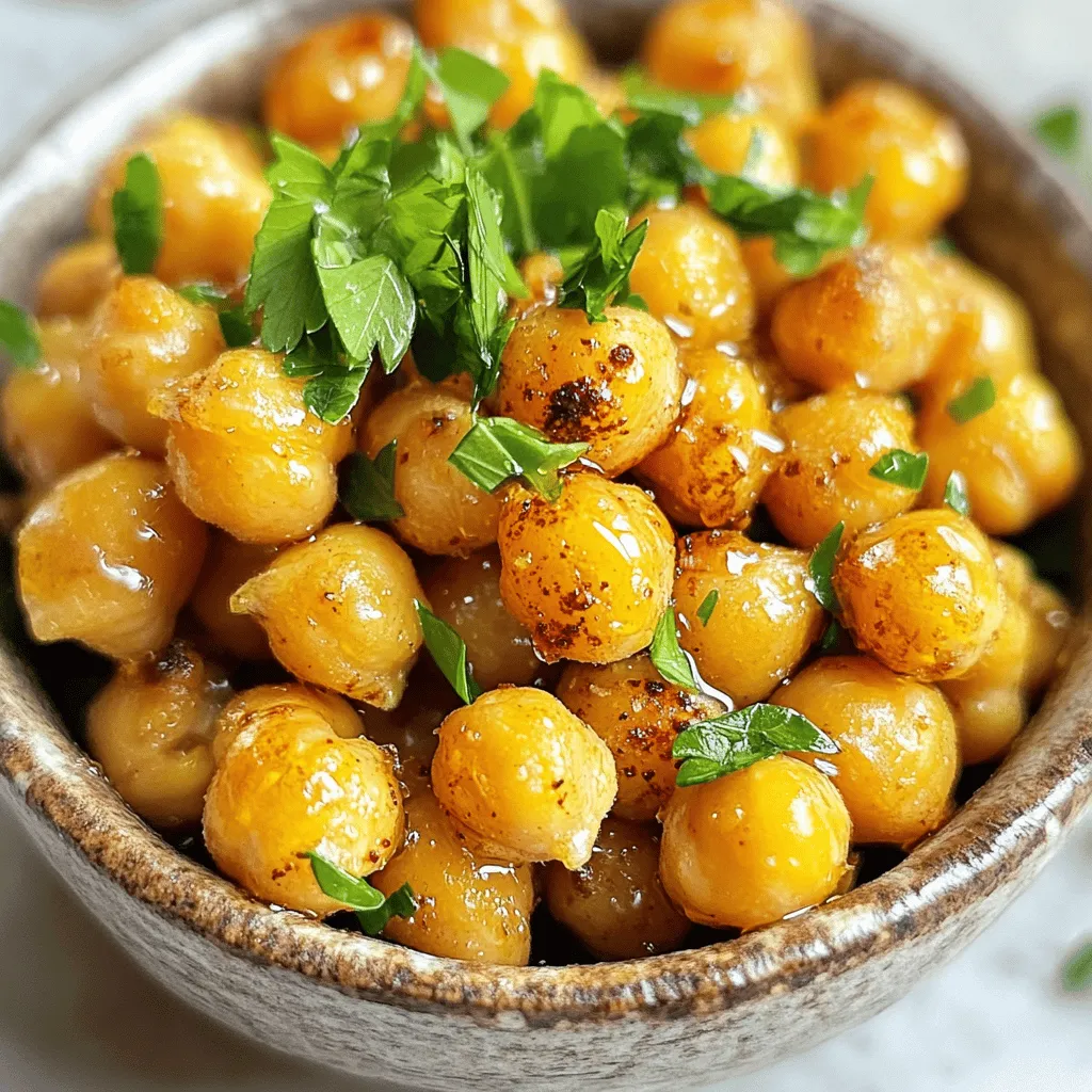 - Canned vs. dried chickpeas: You can use either canned or dried chickpeas. Canned chickpeas are easy and quick. Just rinse and dry them. Dried chickpeas need soaking and cooking first. If you choose dried, soak them overnight and boil until tender. - Sweetener options: Honey is the star here, adding sweet flavor. If you prefer, you can use maple syrup or agave nectar. Each sweetener brings its unique taste, but honey gives the best caramelization. - Essential seasonings and their roles: Each seasoning plays an important part. Olive oil helps the chickpeas crisp up. Garlic adds a strong, savory flavor. Smoked paprika gives warmth and depth. Cumin contributes a hint of earthiness. Salt and black pepper enhance all flavors. Fresh parsley adds a bright touch at the end. First, drain the canned chickpeas. Rinse them under cold water. This helps remove extra sodium. After rinsing, pat them dry with a clean kitchen towel. Drying is key for crispiness. Moisture can make them soggy when roasted. In a large bowl, combine olive oil, honey, and minced garlic. Add smoked paprika, cumin, salt, and black pepper. Mix well until all ingredients blend together. This mixture will coat the chickpeas and add flavor. Preheat your oven to 400°F (200°C). Line a baking sheet with parchment paper. Spread the chickpeas in a single layer on the sheet. Roast them for 25-30 minutes. Stir halfway through to ensure even cooking. Look for a golden brown color. This shows they are crispy and ready to enjoy! To make your chickpeas crispy, start by drying them well. After you rinse the canned chickpeas, use a clean kitchen towel. Pat the chickpeas until they are dry. This step is key. Moisture will make them soft. You want them crunchy, not soggy. Spread them out on the towel to dry for a few minutes. The drier they are, the crispier they will get in the oven. You can boost the taste of your chickpeas with spices. Try adding a pinch of cayenne for heat or mix in some Italian herbs. A dash of garlic powder can also enhance the flavor. If you like a smoky taste, add more smoked paprika. Feel free to experiment! This recipe is a blank canvas. You can use what you love and make it your own. Serve your honey garlic roasted chickpeas in a nice bowl. A small, colorful dish works great. For a fancy touch, drizzle some extra honey on top. Fresh parsley adds a nice green color. You can also serve them with dips. Hummus or yogurt dip pairs well. Mix and match as you like! This makes for a fun, tasty snack or appetizer. {{image_2}} You can change up the taste of honey garlic roasted chickpeas in fun ways. One idea is to make a sweet and spicy version. Just add some chili flakes to the honey garlic mixture. This gives the chickpeas a nice kick. It balances the sweet honey with heat. Another idea is to give them a Mediterranean twist. You can add dried herbs like oregano or thyme. Maybe even some lemon zest for freshness. This adds a whole new flavor and makes them feel light and bright. You have options for cooking honey garlic roasted chickpeas. The oven works great, but you can also try air frying. Air frying cooks them faster and can make them extra crispy. Both methods work, but air frying can cut down on cooking time. If you choose the oven, remember to preheat it to 400°F (200°C). This helps the chickpeas to roast evenly and become crunchy. These chickpeas can be a tasty snack on their own. But you can also pair them with dips or salads for a fun twist. Try serving them with hummus or tzatziki. They add a nice crunch to your favorite salads too. You can even sprinkle them on top of soups for added texture. Enjoy being creative with how you serve these delicious bites! To store your honey garlic roasted chickpeas, use airtight containers. Glass or plastic containers work well. Make sure to let them cool first. This helps keep them crispy. Store them at room temperature for short-term use. If you plan to keep them longer, consider the fridge. Cold storage can help them last a bit longer. Roasted chickpeas can stay fresh for up to a week at room temperature. To maintain their crunchiness, avoid moisture. Keep them away from humid areas. If stored in the fridge, they last about five days. Check for any signs of sogginess before eating. If they feel soft, they may need a re-crisp. To re-crisp your roasted chickpeas, use the oven. Preheat it to 375°F (190°C). Spread the chickpeas on a baking sheet in a single layer. Bake for about 10 minutes. Keep an eye on them to avoid burning. You can also use an air fryer for quick results. Set it to 350°F (175°C) and cook for around 5 minutes. Enjoy your crunchy snack! Yes, you can use dried chickpeas. First, soak them overnight in water. This helps soften them. Drain and rinse the chickpeas. Then, cook them in boiling water for about 1 to 1.5 hours. They should be tender but firm. After cooking, follow the same steps in the recipe. This way, you can enjoy fresh chickpeas with the honey garlic flavor. Honey garlic roasted chickpeas last about 3 to 4 days when stored properly. Keep them in an airtight container. Store them at room temperature to keep them crunchy. Avoid refrigeration, as it can make them soggy. If you want to keep them longer, consider freezing them. Just know that they may lose some crispiness after thawing. Yes, you can make this recipe vegan. Simply replace honey with maple syrup or agave nectar. Both options add sweetness without any animal products. Use the same amount as you would honey. This keeps the dish tasty and suitable for everyone. Enjoy the same great flavors while being vegan-friendly! Honey garlic roasted chickpeas are easy and fun to make. Start with the right ingredients like canned chickpeas and your choice of sweeteners. Follow simple steps to prepare, roast, and serve them perfectly. Use tips for crunch and flavor to enhance your dish. In summary, I hope this guide inspires you to try honey garlic roasted chickpeas. They are tasty and versatile, perfect for snacks or meals. Enjoy making this simple recipe and exploring different flavors!