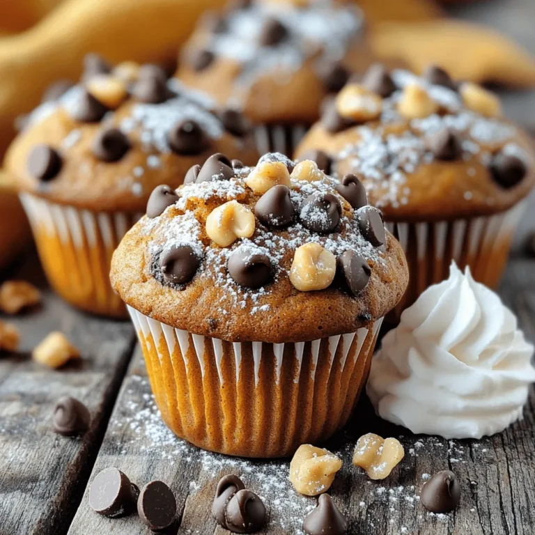 - 1 cup pumpkin puree - 1/2 cup brown sugar - 1/2 cup granulated sugar - 1/3 cup vegetable oil - 2 large eggs - 1 teaspoon vanilla extract - 1 1/2 cups all-purpose flour - 1 teaspoon baking powder - 1 teaspoon baking soda - 1 teaspoon ground cinnamon - 1/2 teaspoon ground nutmeg - 1/4 teaspoon salt - 1 cup semi-sweet chocolate chips - 1/2 cup chopped walnuts To make these muffins, you need simple, fresh ingredients. First, pumpkin puree gives these muffins their rich flavor and moisture. Brown sugar and granulated sugar add perfect sweetness. You need vegetable oil to keep them soft and tender. The eggs help bind everything together, while vanilla extract gives a lovely aroma. For the dry mix, all-purpose flour is key for texture. Baking powder and baking soda help the muffins rise. Ground cinnamon and nutmeg add that cozy, warm spice. Lastly, a pinch of salt brings all the flavors together. You can make them even better with optional add-ins. Semi-sweet chocolate chips add a sweet touch. Chopped walnuts can give a nice crunch and extra flavor. Feel free to mix and match your favorites! - Preheat oven to 350°F (175°C). - Line muffin tin with paper liners. I start by heating the oven. This step is key to getting even baking. The muffins rise well when the oven is hot. Next, I prepare my muffin tin. Lining it with paper helps the muffins come out easily. It also makes clean-up a breeze. - Combine pumpkin puree, sugars, oil, eggs, and vanilla. - Whisk until smooth. In a big bowl, I mix pumpkin puree, brown sugar, and granulated sugar. Then, I add vegetable oil, eggs, and vanilla extract. I use a whisk to blend everything until smooth. This mixture is the base of my muffins. The pumpkin adds moistness, while the sugars give sweetness. - Whisk together dry ingredients in a separate bowl. - Gradually add dry mixture to wet ingredients. - Fold in chocolate chips and walnuts. In another bowl, I whisk the dry ingredients: flour, baking powder, baking soda, cinnamon, nutmeg, and salt. This mix brings the muffins together. I slowly add this dry mix to the wet mix. It’s important to stir gently, so I don’t over-mix. Finally, I fold in the chocolate chips and walnuts. This adds lovely texture and flavor. - Fill muffin cups and bake for 18-22 minutes. - Check for doneness with a toothpick. Next, I fill each muffin cup about two-thirds full. This gives them room to rise. Then, I bake them for 18 to 22 minutes. To check if they are done, I insert a toothpick into the center of a muffin. If it comes out clean, they are ready! To make perfect muffins, avoid over-mixing the batter. Stir just until the dry ingredients blend with the wet ones. This keeps the muffins light and fluffy. For even baking, use an ice cream scoop to fill the cups. This helps ensure each muffin is the same size. Also, rotate the muffin tin halfway through baking. This way, all muffins cook evenly. For a lovely presentation, serve the muffins warm. Dust them with powdered sugar for a sweet touch. A dollop of whipped cream on the side adds a nice flair too. Pair your muffins with warm drinks. Coffee or spiced chai works well. They bring out the pumpkin flavor nicely and make a cozy snack. To boost flavor, add more spices like ginger or cloves. These spices pair well with pumpkin and chocolate. You can also try adding a pinch of allspice for an extra kick. If you want a twist, use dark chocolate chips instead of semi-sweet. They add a rich taste that contrasts nicely with the sweetness of the muffins. You can even mix different types of chocolate for more depth. {{image_2}} You can make these muffins gluten-free. Use almond flour, oat flour, or a gluten-free blend. Each will give a different taste and texture. Almond flour adds a nutty flavor. Oat flour makes them soft and chewy. A gluten-free mix works well and is easy to find. Just replace the all-purpose flour with your choice. For a vegan version, replace the eggs and dairy. Use flaxseed meal or chia seeds for eggs. Mix 1 tablespoon of seeds with 3 tablespoons of water. Let it sit until it thickens. Use almond milk or soy milk instead of regular milk. Also, check your chocolate chips. Some may contain dairy. Look for vegan chocolate chips to keep them dairy-free. You can add fruits like blueberries or cranberries for a twist. These fruits pair well with pumpkin and chocolate. Dried fruits like raisins or apricots also add sweetness. If you want crunch, try different nuts. Pecans, hazelnuts, or even macadamia nuts work well. Each nut brings a unique flavor and texture to your muffins. This way, you can make your muffins even more fun and tasty! You can keep your chocolate chip pumpkin muffins at room temperature. Place them in an airtight container. This keeps them fresh for a few days. If you want them to last longer, store them in the fridge. This will help them stay good for about a week. Just remember, cold muffins may lose some of their soft texture. Freezing muffins is a great option. First, let them cool completely. Wrap each muffin tightly in plastic wrap. Then, place the wrapped muffins in a freezer bag. This method keeps them fresh for up to three months. When you want to eat one, take it out and let it thaw in the fridge overnight. You can also warm it up in the microwave for a quick treat. At room temperature, the muffins stay fresh for about three days. If stored in the fridge, they last up to a week. Frozen muffins can last much longer, around three months. Enjoy your muffins while they are fresh for the best taste! Yes, you can use fresh pumpkin. Start with a small pumpkin. Cut it in half, scoop out the seeds, and roast it at 350°F (175°C) for 40-50 minutes. Once it's soft, scoop the flesh and blend it until smooth. This fresh pumpkin puree is great for muffins. It may have a different taste and texture, which can enhance your muffins. If you want to make the muffins vegan, there are good egg substitutes. You can use 1/4 cup unsweetened applesauce or 1/4 cup mashed banana for each egg. Another option is to mix 1 tablespoon ground flaxseed with 2.5 tablespoons water. Let it sit until it thickens. These substitutes work well in baking and keep your muffins moist. You can check the muffins with a toothpick. Insert a toothpick into the center of a muffin. If it comes out clean or with a few crumbs, the muffins are done. This usually takes about 18-22 minutes. If the toothpick has wet batter, bake for a few more minutes. Keep an eye on them so they don’t overbake. Yes, you can make mini muffins. Just fill each mini muffin cup about 2/3 full. Bake them for 10-15 minutes instead of longer. Check for doneness with a toothpick as well. Mini muffins are great for snacks or lunch boxes. They are easy to grab and enjoy! You now have the tools to make delicious chocolate chip pumpkin muffins. We covered the key ingredients, from pumpkin puree to chocolate chips. You learned the simple steps to prepare and bake these treats. Tips and variations can help you customize them to your taste. Remember to store muffins properly to keep them fresh. Enjoy experimenting with flavors and sharing these yummy muffins with friends! Your perfect fall snack is just a bake away.
