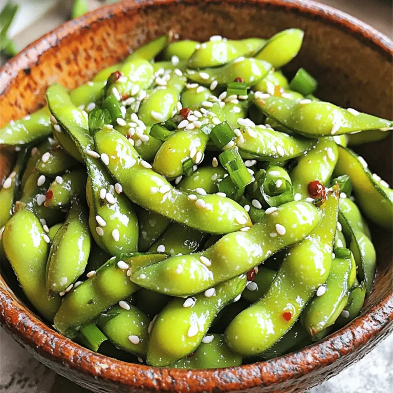 - 2 cups edamame (in pods) - 4 cloves garlic, minced - 2 tablespoons olive oil - 1 tablespoon soy sauce - 1 teaspoon red pepper flakes - Sea salt to taste - 1 teaspoon sesame oil - 1 tablespoon sesame seeds (for garnish) - Chopped green onions (for garnish) These simple ingredients come together to create a tasty snack. Edamame packs protein and fiber, making it a healthy choice. Garlic adds a robust flavor, while the red pepper flakes give it a nice kick. I love using fresh ingredients, but frozen edamame works well too. Just remember to thaw it before cooking. Olive oil brings richness, while soy sauce adds umami. Sesame oil rounds out the flavor with a nutty taste. The sesame seeds and green onions provide a lovely finish. Together, these ingredients create a snack that's not only fun to eat but also full of flavor. Enjoy! - Boiling the Edamame Start with a pot of salted water. Bring it to a boil. Add 2 cups of edamame pods. Cook for 4-5 minutes. You want them tender but still firm. - Ice Water Bath After boiling, drain the edamame. Quickly transfer them to a bowl of ice water. This stops the cooking and keeps the color bright. Once cooled, drain again to remove excess water. - Sautéing the Garlic Heat 2 tablespoons of olive oil in a large skillet over medium heat. Add 4 cloves of minced garlic. Sauté for about 1 minute. Watch closely to avoid browning the garlic. - Adding Sauce Ingredients Next, stir in 1 tablespoon of soy sauce, 1 teaspoon of red pepper flakes, and 1 teaspoon of sesame oil. Mix well and let the sauce simmer for another minute. - Tossing the Edamame Add the drained edamame to the skillet. Toss them to coat evenly with the spicy garlic mixture. Cook for an additional 2-3 minutes until everything is heated through. - Final Touches and Serving Once done, remove from heat. Sprinkle sea salt to taste. Transfer the edamame to a serving dish. Garnish with 1 tablespoon of sesame seeds and chopped green onions. Enjoy your tasty snack! - Choosing Fresh Edamame Look for bright green pods. They should feel firm to the touch. Avoid any pods that are yellow or brown. Fresh edamame tastes better and has the best texture. - Adjusting Spice Levels Start with one teaspoon of red pepper flakes. You can always add more if you like it hotter. Taste as you go. This way, you ensure it matches your spice preference. - Ensuring Garlic Doesn’t Burn Sauté garlic on medium heat. Stir it often and watch it closely. Garlic can burn quickly and turn bitter. Cook it for just about one minute for the best flavor. - Pairing with Dips These edamame go well with soy sauce or a spicy mayo dip. You can also serve them with a tangy ponzu sauce for extra flavor. This adds a nice twist. - Best Serving Utensils Use a large bowl to serve the edamame. A wooden spoon works great for tossing and serving. You can also provide small bowls for soy sauce. - Presentation Ideas Garnish with sesame seeds and chopped green onions. This makes it look vibrant and fresh. Serve in a colorful bowl to catch the eye. {{image_2}} - Citrus Zest Option: For a bright twist, add some citrus zest. Lemon or lime zest gives a fresh taste. Just sprinkle it on before serving. It wakes up the flavors of the dish. - Alternative Sauces: You can try different sauces. Instead of soy sauce, use tamari for a gluten-free option. Coconut aminos also work well for a sweeter touch. - Vegetarian and Vegan Modifications: This recipe is already vegan! If you want more protein, add some tofu. Just sauté it with the garlic. - Using Frozen Edamame: Frozen edamame is a great shortcut. It cooks quickly and saves time. Just follow the same cooking steps. - Substituting with Other Beans: You can use other beans like black beans or chickpeas. They will change the taste but still be delicious. - Incorporating Different Vegetables: Mix in other veggies too! Try bell peppers or snap peas. They add crunch and color to your snack. After enjoying your Spicy Garlic Edamame, you may have some left. To keep them fresh, place the leftovers in an airtight container. Store them in the fridge. They will stay good for about three days. If you want to keep them longer, you can freeze the edamame. First, let them cool completely. Then, place them in a freezer bag. Try to remove as much air as possible before sealing. They can last up to three months in the freezer. When you’re ready to enjoy your leftovers, you can reheat them in a few ways. The best method is to use a skillet. Heat the skillet over medium heat. Add a splash of olive oil to help prevent sticking. You can also use a microwave. Place the edamame in a microwave-safe bowl. Cover it with a damp paper towel to keep moisture. Heat in short intervals, stirring in between. To avoid soggy edamame, skip the steaming method. It can make the edamame too wet. Instead, focus on gentle heating methods to keep them crisp and tasty. Enjoy your snack! How to choose fresh edamame? Look for bright green pods. They should feel firm and plump to the touch. Avoid any that appear brown or shriveled. Fresh edamame has a slight sheen on its skin. You can find them in the frozen section or fresh produce aisle. Can you make Spicy Garlic Edamame ahead of time? Yes, you can prepare it in advance. Cook the edamame and toss it in the sauce. Allow it to cool, then store it in the fridge. When you're ready to serve, just reheat it in a skillet. This keeps the flavor fresh and delicious. What are the health benefits of edamame? Edamame is packed with protein and fiber. It contains essential vitamins like K and folate. These nutrients support heart health and aid digestion. Edamame is also low in calories, making it a smart snack choice. Can I use pre-cooked edamame? Absolutely! Pre-cooked edamame saves time. Just heat it up and toss it into your spicy garlic mix. It still tastes great and keeps the meal quick and easy. What is a good substitution for soy sauce? If you want a soy sauce alternative, try tamari or coconut aminos. Both options have a similar taste but cater to different diets. They work well in this recipe without losing flavor. Where can I find edamame in stores? You can find edamame in most grocery stores. Check the frozen food section for pods or shelled edamame. Some stores also sell fresh edamame in the produce aisle. If you can't find it, look for Asian markets. They often have a good selection. In this blog post, I shared a simple recipe for Spicy Garlic Edamame. You learned about key ingredients, preparation steps, and cooking tips. We explored variations and storage advice to keep your edamame fresh. Try customizing the recipe with your favorite flavors. Remember, enjoying cooking can make meals even better. Keep experimenting, and soon you'll be a pro at making perfect edamame!
