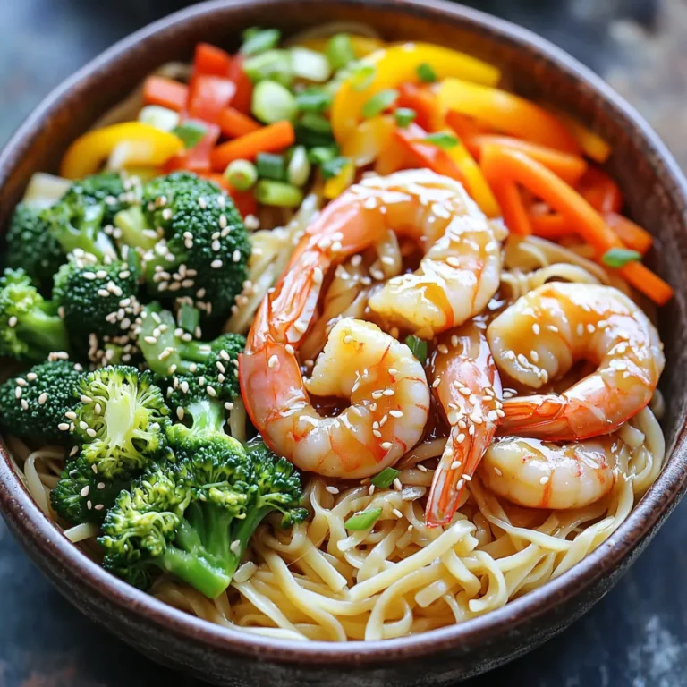 - 8 oz. rice noodles - 1 lb. large shrimp, peeled and deveined - 1 cup broccoli florets - 1 bell pepper, thinly sliced (any color) - 1 carrot, julienned For this teriyaki shrimp noodle bowl, I always use rice noodles. They cook fast and soak up flavor well. Large shrimp add a sweet and juicy bite. Broccoli florets give crunch and color. A bell pepper adds sweetness, which pairs nicely with the sauce. Lastly, the carrot brings a nice color and texture. - 2 tablespoons soy sauce - 2 tablespoons teriyaki sauce - 1 tablespoon sesame oil - 1 tablespoon fresh ginger, minced - 1 clove garlic, minced The soy sauce gives a salty base. Teriyaki sauce adds a sweet glaze. Sesame oil brings a nutty taste that lifts the dish. Fresh ginger and garlic create a fragrant aroma and warm flavor. These sauces and seasonings are key to making this dish shine. - 2 green onions, chopped - Sesame seeds for garnish Green onions add a fresh crunch. They also enhance the color. Sesame seeds provide a nutty finish and look great on top. These simple garnishes make the dish pop and add layers of flavor. First, I bring a large pot of water to a boil. I add the rice noodles and cook them according to the package instructions. This usually takes about 3 to 5 minutes. Once they are soft, I drain the noodles and set them aside. Next, I heat sesame oil in a large skillet over medium heat. I add minced ginger and garlic. I cook them for about 30 seconds until they smell great. Then, I toss in the broccoli, bell pepper, and carrot. I stir-fry them for about 3 to 4 minutes. I want them tender but still crisp. Now, I add the shrimp to the skillet. I pour in the soy sauce and teriyaki sauce. I stir often and cook for about 3 to 4 minutes. The shrimp will turn pink and cook through. After the shrimp are cooked, I add the drained noodles to the skillet. I toss everything together until well combined and heated through. Finally, I garnish the noodle bowls with chopped green onions and sprinkle sesame seeds on top. This adds a nice crunch and flavor. To cook shrimp well, focus on timing and temperature. Shrimp cooks fast. Use medium heat to avoid overcooking. Cook shrimp for about 3-4 minutes. They change from gray to pink when done. They should be firm and opaque. If they curl tightly, they are overcooked. You can easily boost flavor in your teriyaki shrimp noodle bowls. Add spices like red pepper flakes for heat or add herbs like cilantro for freshness. Feel free to customize sauces, too. You might mix teriyaki sauce with a bit of honey or lime juice for a sweet and tangy twist. Prep can be quick and easy. Pre-chop your vegetables a day ahead. This saves time when cooking. You can also use frozen shrimp. They thaw fast and are just as tasty. This way, you can whip up a meal in no time. Enjoy your delicious Teriyaki Shrimp Noodle Bowls! {{image_2}} You can change the veggies in your bowl. Swap out broccoli for snap peas or spinach. They add a nice crunch and fresh taste. Adding mushrooms boosts umami flavor and makes the dish more hearty. Want to switch up the protein? You can use chicken or tofu instead of shrimp. Chicken gives a different texture, while tofu is great for a plant-based meal. You can also add beef slices for a richer taste. Not a fan of rice noodles? Try soba or udon noodles. They bring unique flavors and textures. If you need gluten-free options, you can use gluten-free pasta. It works well and keeps the dish tasty. To store leftover Teriyaki Shrimp Noodle Bowls, let them cool first. Place them in an airtight container. This helps keep them fresh longer. Use glass or BPA-free plastic containers. These options work well for storage. Make sure to seal the container tightly to avoid air exposure. This keeps flavors intact. You can freeze Teriyaki Shrimp Noodle Bowls for later. First, let the dish cool completely. Then, transfer the noodles and shrimp to a freezer-safe container. Label the container with the date. When you're ready to eat, thaw it in the fridge overnight. To reheat, use a microwave or a skillet. Heat on medium and stir often to warm evenly. Leftovers last about three to four days in the fridge. After this, they may spoil. Signs of spoilage include an off smell or change in color. If you see any mold, throw it away immediately. Always trust your senses! This dish is quick to prepare. It takes just 15 minutes from start to finish. You will spend about 10 minutes prepping ingredients and 5 minutes cooking. This makes it a great choice for busy weeknights. Yes, you can! You can cook the shrimp and veggies ahead of time. Just store them in an airtight container in the fridge. When ready to eat, reheat and add the noodles. This saves time and keeps your meal fresh. Absolutely! You can use gluten-free soy sauce instead of regular soy sauce. This simple swap makes the dish safe for those with gluten sensitivity. Also, check the rice noodles to ensure they are gluten-free. To make it spicier, add red pepper flakes or a dash of hot sauce. If you prefer mild flavors, skip the spicy additions. You can also balance heat with a bit of sugar or honey. This gives you control over the spice level. This blog post covered how to make Teriyaki Shrimp Noodle Bowls from scratch. You learned about the key ingredients, including rice noodles, shrimp, and veggies. I explained step-by-step cooking methods to help you achieve the perfect meal. You also got tips on variations and storage to keep your dish fresh. Remember, cooking is fun and easy. Experiment with flavors and make it your own. Enjoy your tasty creation, and happy cooking!