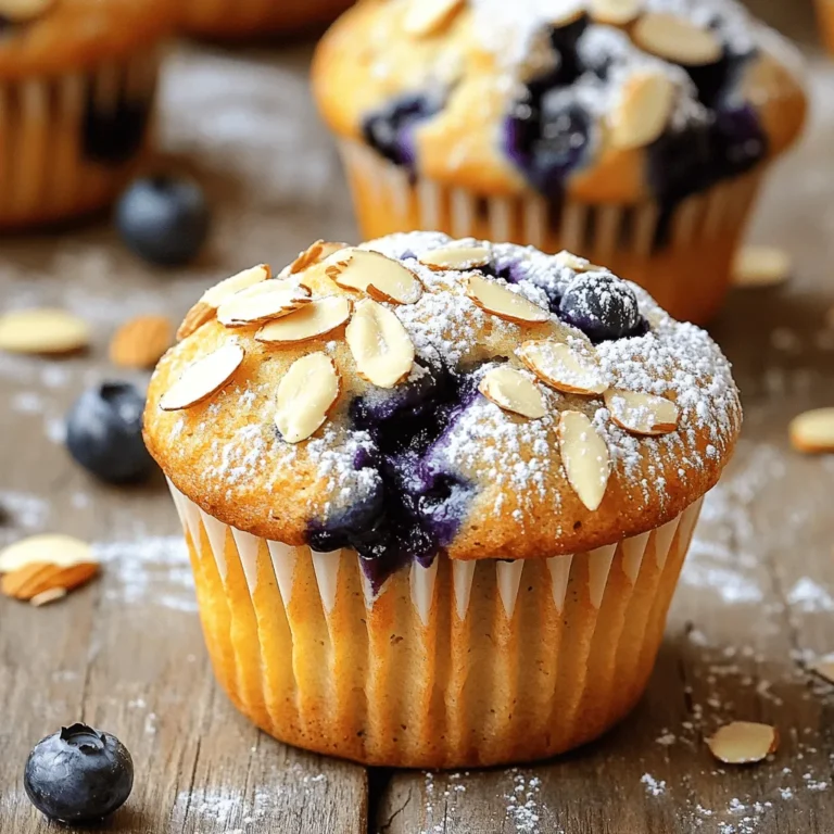 To make delicious blueberry almond muffins, you need fresh ingredients. Here’s what to gather: - 1 cup fresh blueberries (or frozen, if out of season) - 1/4 cup sliced almonds (for topping) Fresh blueberries add a burst of flavor and color. If they are out of season, frozen ones work just fine. Next, you need some key baking ingredients. These help shape the muffins and give them texture. Here’s a list: - 1 cup all-purpose flour - 1/2 cup almond flour - 1/2 cup granulated sugar - 1/4 cup brown sugar - 1/2 cup unsalted butter, melted - 2 large eggs - 1/2 cup milk (or almond milk for a dairy-free option) - 1 teaspoon vanilla extract - 1 tablespoon baking powder - 1/2 teaspoon salt - 1/2 teaspoon ground cinnamon These ingredients create a rich and fluffy muffin. The almond flour adds a nutty taste, while the sugars give sweetness. If you want the muffins to be dairy-free, there are simple swaps. You can use these options: - Almond milk instead of regular milk This swap keeps the muffins moist while making them suitable for those who avoid dairy. You still get all the yummy flavor without the milk. First, you need to prepare your oven. Set it to 375°F (190°C). This is the perfect temperature for baking muffins. Next, grab a muffin tin. You can use paper liners to make cleanup easy or grease the tin with cooking spray. This helps the muffins pop out easily when they are done. In a large mixing bowl, add melted butter, granulated sugar, and brown sugar. Use a whisk to mix them well. This will create a sweet base for your muffins. After that, crack in two large eggs. Pour in the milk and add the vanilla extract. Whisk all of this until it is smooth. This mixture is key for your muffin texture. Now, grab another bowl. In this bowl, mix all-purpose flour, almond flour, baking powder, salt, and cinnamon. Stir these dry ingredients together. This step is crucial for even flavor. Once mixed, gently fold the dry ingredients into the wet mixture. Be careful not to overmix; this keeps your muffins from getting tough. Finally, fold in the fresh blueberries. Make sure they are spread throughout the batter. Now, your muffin batter is ready to fill the tin! To get a great muffin texture, use fresh ingredients. Use fresh blueberries for the best taste. If you use frozen, let them thaw first. Mix the wet and dry ingredients gently. Do not overmix the batter. This keeps your muffins light and fluffy. Fill the muffin cups about two-thirds full. This allows room for rising without spilling over. Store your muffins in a sealed container. A plastic or glass container works well. Keep them at room temperature for up to three days. For longer storage, place them in the fridge. You can also freeze muffins for up to three months. Just wrap them in plastic wrap, then foil. This keeps them fresh and tasty. Serve your muffins warm for the best flavor. A sprinkle of powdered sugar adds a nice touch. You can also add a dollop of whipped cream. This makes for a delicious treat. Pair them with a cup of coffee or tea. Enjoy them as a snack or breakfast. They are great for sharing with friends too! {{image_2}} You can swap blueberries for other fruits. Raspberries, chopped apples, or diced peaches work great. Each fruit brings its own flavor. This can change the taste and feel of the muffins. Experiment with what you love! If you use frozen fruit, add it at the end. This keeps the batter from turning too purple. To make these muffins gluten-free, use a gluten-free flour blend. Almond flour is a good choice too. For a vegan version, replace the eggs with flax eggs. Mix one tablespoon of flaxseed meal with three tablespoons of water. Let it sit for a few minutes until it thickens. You can also use almond milk instead of regular milk. These changes keep the muffins tasty and friendly for all diets. Adding spices can give your muffins a warm, cozy taste. Try adding a pinch of nutmeg or ginger to the batter. For a twist, add a splash of almond extract along with vanilla. You can also mix in some lemon zest for a fresh kick. These little touches make each muffin unique and full of flavor. To keep your blueberry almond muffins fresh, store them in an airtight container. You can place them at room temperature for up to three days. If you want them to last longer, consider refrigerating them. Just remember to let them cool completely before sealing. This way, they will stay soft and yummy. Freezing muffins is a great way to save them for later. First, let the muffins cool down completely. Then, wrap each muffin in plastic wrap. After that, place them in a freezer-safe bag. This helps keep out air and moisture. You can keep them in the freezer for up to three months. When you want to enjoy them, just take out what you need. To reheat your blueberry almond muffins, you can use the microwave or an oven. If using a microwave, heat for about 15-20 seconds. Check if they’re warm enough; if not, add a few more seconds. For the oven, preheat it to 350°F (175°C). Place the muffins on a baking sheet and heat for about 10 minutes. This method helps keep them soft and fresh. Enjoy them warm for the best taste! Yes, you can use frozen blueberries. They work well in this recipe. Just add them straight from the freezer. This saves time and keeps the muffins colorful. They may make the batter a bit wet, but they still taste great. If you need a substitute for almond flour, try using oat flour or all-purpose flour. Both can replace almond flour in equal amounts. Oat flour has a nice flavor and keeps it gluten-free. All-purpose flour is a good choice if you don’t need it to be gluten-free. To check if the muffins are done, insert a toothpick into the center. If it comes out clean, the muffins are ready. It usually takes about 18 to 20 minutes to bake. Keep an eye on them, as ovens may vary. You want a golden brown top that looks inviting. You learned how to make delicious blueberry almond muffins using fresh and simple ingredients. We covered essential steps to ensure perfect texture and taste. Remember to explore variations, like using different fruits or making them gluten-free. Store your muffins properly to enjoy them longer. Baking can be fun and easy with the right tips. Enjoy your muffins fresh and share them with friends. Happy baking!