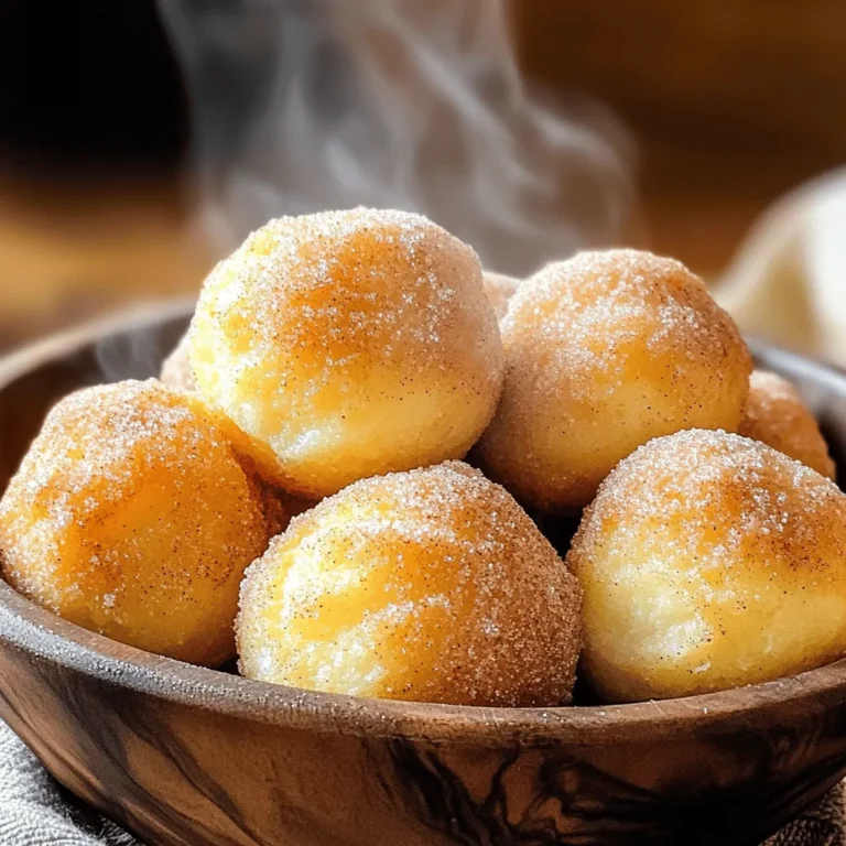 To make these donut holes, gather these key ingredients: - 1 cup all-purpose flour - 1/2 cup granulated sugar - 2 tsp baking powder - 1/2 tsp salt - 1/4 tsp ground nutmeg - 1/4 cup milk - 1 large egg - 2 tbsp unsalted butter, melted - 1 tsp vanilla extract These ingredients create a soft and tasty base for your donut holes. The flour gives structure, while the sugar adds sweetness. Baking powder helps them rise, and nutmeg brings a warm flavor. For the delicious cinnamon sugar coating, you will need: - 1/4 cup granulated sugar (for rolling) - 1 tsp ground cinnamon This mixture makes your donut holes even more tempting. The cinnamon adds warmth and a nice spice that pairs perfectly with the sweet dough. You can easily swap some ingredients if needed: - Use almond or oat milk instead of regular milk for a dairy-free version. - If you don't have nutmeg, you can use more cinnamon. - Substitute the all-purpose flour with a gluten-free blend for a gluten-free treat. These swaps ensure everyone can enjoy these delightful donut holes without missing out on flavor! First, grab a mixing bowl. Add 1 cup of all-purpose flour. Next, add 1/2 cup of granulated sugar. Then, mix in 2 teaspoons of baking powder, 1/2 teaspoon of salt, and 1/4 teaspoon of ground nutmeg. Whisk these ingredients together until they blend well. This mix forms the base for your donut holes. Now, take another bowl. Pour in 1/4 cup of milk. Crack in 1 large egg. Add 2 tablespoons of melted unsalted butter and 1 teaspoon of vanilla extract. Stir everything until smooth. This mixture adds moisture and flavor to your donut holes. Combine the wet mix with the dry mix slowly. Stir until just combined. It's okay if the batter is a bit lumpy. Preheat your air fryer to 350°F (175°C). Lightly oil your hands to prevent sticking. Scoop about 1 tablespoon of batter and roll it into a ball. Repeat this step until you have around 12 to 15 donut holes. Place them in the air fryer basket, making sure they are not touching. Air fry for 8 to 10 minutes. They should turn golden brown and be cooked through. While the donut holes cook, mix the remaining 1/4 cup of granulated sugar with 1 teaspoon of ground cinnamon in a small bowl. When the donut holes are ready, take them out of the air fryer. Let them cool slightly. While they are still warm, roll each donut hole in your cinnamon sugar mix. Make sure they are well coated. Serve the donut holes warm. They are perfect for breakfast or a snack. Pair them with coffee or milk for a delightful treat. You can also add a drizzle of icing for extra sweetness. Enjoy every bite of these tasty air fryer cinnamon sugar donut holes! To get the best texture for your donut holes, follow some key steps. Use fresh baking powder. This helps them rise well. Be careful not to overmix the batter. A few lumps are fine. Overmixing can make them tough. You want soft, fluffy bites. Also, make sure not to crowd the air fryer. Give them space to cook evenly. Common mistakes can ruin your donut holes. First, avoid skipping the oil on your hands. It helps the dough roll easily. Also, don’t rush the cooling step. If you coat them too soon, the sugar won't stick. Lastly, check the air fryer temperature. If it’s too hot, they may burn. If too low, they won't cook through. For perfect air-fried donut holes, preheat the air fryer. This ensures even cooking. Use parchment paper if your fryer allows it. This helps with cleanup and prevents sticking. Check on them halfway through cooking. You can gently shake the basket for even browning. Finally, coat them in cinnamon sugar while warm. This gives the best flavor and texture. {{image_2}} You can easily switch up the flavor of your donut holes. Try adding cocoa powder for chocolate donut holes. Just replace a few tablespoons of flour with cocoa. You can also add a teaspoon of almond extract for a nutty twist. For something fruity, mix in lemon zest or orange zest. These flavors can brighten your treats. If you want a healthier option, consider using gluten-free flour. Many brands make a 1:1 blend, which works well. You can also swap the sugar for a natural sweetener like honey or maple syrup. Use unsweetened applesauce instead of butter for a lower-fat version. These changes can make your donut holes healthier without losing taste. Get creative with coatings! Instead of cinnamon sugar, try powdered sugar or a chocolate glaze. For a fun twist, roll the donut holes in crushed nuts or sprinkles. You can even dip them in melted chocolate for a richer treat. Each topping gives a new look and taste to your donut holes. To keep your donut holes fresh, place them in an airtight container. You can stack them but add parchment paper between layers. This helps prevent sticking. Store them at room temperature for up to two days. If you want to keep them longer, consider refrigerating them. Just remember, they might lose some of their fluffy texture in the fridge. When you’re ready to enjoy the leftovers, reheating is key. Preheat your air fryer to 300°F (150°C). Place the donut holes in a single layer. Heat them for about 3-5 minutes. This will bring back their warmth and slight crispness. You can also use a microwave if you need a quick fix, but they might turn soft. If you want to save some for later, freezing is a great option! First, let the donut holes cool completely. Arrange them in a single layer on a baking sheet and freeze for about an hour. Once frozen, transfer them to a freezer bag. Make sure to press out any extra air. They can last in the freezer for up to three months. Just thaw and reheat when you crave a sweet treat! Yes, you can! You can bake them in the oven. Preheat your oven to 350°F (175°C). Place the rolled donut holes on a baking sheet. Bake for about 12-15 minutes. Keep an eye on them until they turn golden brown. The texture will be a bit different, but they will still taste great! If you need a milk substitute, use almond milk or oat milk. You can also use water if that's what you have. Each option will work just fine. Just make sure it’s unsweetened if you want to keep the flavor balanced. The donut holes are done when they turn golden brown. You can also check by inserting a toothpick. If it comes out clean, they are ready! They should feel firm but springy when you touch them. Yes, you can use whole wheat flour or gluten-free flour. Just remember that different flours may change the texture. If you use almond flour, your donut holes might be denser. Adjust the liquid if needed to get the right batter consistency. These donut holes stay fresh for about two days at room temperature. For longer storage, place them in an airtight container. You can keep them in the fridge for about a week. If you want to keep them longer, freeze them for up to three months. Just thaw before serving! In this post, we explored how to make delicious donut holes. We covered ingredients, step-by-step instructions, and tips for the best results. You learned about flavor options and healthier swaps. Proper storage and reheating methods help keep them fresh. Remember, air frying gives them a light and fluffy texture. Enjoy your homemade treats today. Embrace your creativity and have fun with different flavors and toppings!