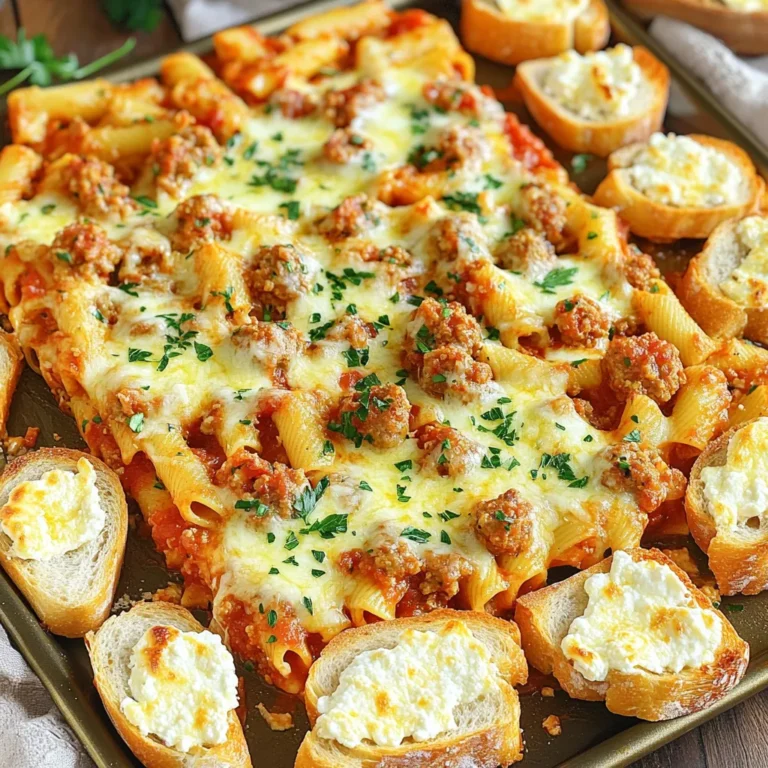 To make this dish, you need the following main ingredients: - 12 oz ziti pasta - 2 tablespoons olive oil - 1 small onion, chopped - 2 garlic cloves, minced - 1 bell pepper, diced - 1 pound Italian sausage (or plant-based sausage) - 1 jar (24 oz) marinara sauce - 1 teaspoon dried oregano - 1 teaspoon dried basil - 1 ½ cups ricotta cheese - 2 cups shredded mozzarella cheese - ½ cup grated Parmesan cheese - 1 teaspoon red pepper flakes (optional) These ingredients create a hearty ziti base. The ziti pasta holds sauce well. The Italian sausage adds rich flavor. If you prefer a plant-based option, use plant-based sausage. The marinara sauce ties everything together. For the delicious garlic bread crust, gather these key items: - 1 large baguette - ½ cup unsalted butter, softened - 2 tablespoons fresh parsley, chopped This garlic bread crust adds a crispy, buttery layer. The baguette is perfect for soaking up the sauce. The garlic and parsley bring fresh flavor. You can enhance your dish with these optional add-ins: - 1 teaspoon red pepper flakes for heat - Fresh basil for garnish Adding red pepper flakes gives a nice kick. Fresh basil adds a pop of color and taste. Feel free to mix and match these options to suit your taste. Start by preheating your oven to 400°F (200°C). Cook 12 oz of ziti pasta until it is al dente. Drain the pasta and set it aside. In a large skillet, heat 2 tablespoons of olive oil over medium heat. Add 1 small chopped onion and sauté for 2-3 minutes. Next, add 2 minced garlic cloves and 1 diced bell pepper. Cook this mix for another 2-3 minutes until softened. Then, add 1 pound of Italian sausage to the skillet. Break it apart with a spoon and cook until it is browned and fully cooked. Season the mixture with salt, pepper, 1 teaspoon of dried oregano, and 1 teaspoon of dried basil. Stir in a 24 oz jar of marinara sauce and the cooked ziti pasta. Mix everything well, then remove it from heat and let it cool slightly. Spread the pasta mixture evenly in a large baking sheet. For the garlic bread crust, slice a large baguette in half lengthwise. In a small bowl, mix ½ cup of softened unsalted butter with 2 minced garlic cloves and 2 tablespoons of chopped fresh parsley. Spread this garlic butter on both halves of the baguette. Place the baguette halves on the baking sheet around the ziti. Now, dollop 1 ½ cups of ricotta cheese over the pasta mixture. Sprinkle 2 cups of shredded mozzarella and ½ cup of grated Parmesan cheese on top. Bake everything in the oven for 20-25 minutes. Look for bubbly and golden cheese. If the garlic bread crust browns too fast, cover it with aluminum foil. Once baked, take it out of the oven and let it cool for a few minutes. Slice and serve directly from the sheet pan. Garnish with extra parsley and offer crushed red pepper flakes for some heat. Enjoy your delicious baked ziti! To make perfect baked ziti, follow these steps: - Cook the Pasta Al Dente: Cook the ziti just until firm. This keeps it from getting mushy when baked. - Season the Meat Well: If using sausage, make sure to season it with salt, pepper, oregano, and basil. This adds great flavor. - Mix Carefully: When combining the pasta with sauce and meat, stir gently. This keeps the ziti intact. A great garlic bread crust makes the dish shine. Here’s how: - Use Softened Butter: This helps spread the garlic mix easily. - Add Fresh Herbs: Chopped parsley gives your garlic bread a fresh taste. - Watch the Oven: If the bread browns too fast, cover it with foil. This helps it bake evenly. When serving baked ziti, presentation matters: - Serve from the Sheet Pan: This keeps it casual and fun. - Add a Garnish: Sprinkle extra parsley on top for color. - Offer Extras: Set out a bowl of crushed red pepper flakes. This lets guests add heat if they want. {{image_2}} You can easily make this dish vegetarian. Just skip the Italian sausage. Use a plant-based sausage for a similar taste. You can also add more veggies like mushrooms or spinach. These will give extra flavor and texture. For a vegan option, use dairy-free cheese. Replace ricotta with a mix of cashews and nutritional yeast. This will keep the creaminess without any dairy. Use olive oil instead of butter on the garlic bread. To make this dish gluten-free, swap the ziti pasta for gluten-free pasta. There are many options available, like chickpea or rice pasta. Check the cooking time, as it may differ from regular pasta. Use gluten-free breadcrumbs on the garlic bread for extra crunch. Just mix them with the garlic butter for a tasty topping. Cheese is key to this dish. You can mix and match different types of cheese. Try using provolone or gouda for a unique twist. For more flavor, add feta or goat cheese to the ricotta mix. If you like a spicy kick, sprinkle some pepper jack cheese on top. It melts well and adds a nice heat. You can also use a blend of cheeses to create a rich, layered taste. To store leftover baked ziti, first let it cool. Once cool, transfer it to an airtight container. You can also use plastic wrap or aluminum foil. Make sure to cover it tightly. Leftover ziti can last in the fridge for up to three days. This keeps the flavors fresh and tasty. When it's time to enjoy your leftovers, preheat your oven to 350°F (175°C). Place the ziti in an oven-safe dish. Add a splash of marinara sauce if it looks dry. Cover the dish with foil to keep it moist. Heat for about 20 minutes or until it's hot all the way through. You can also microwave it in a bowl for a quicker option. Just heat for 1-2 minutes, stirring halfway through. If you want to freeze baked ziti, do it before baking. Assemble the dish but do not bake it yet. Cover it well with plastic wrap and then foil to prevent freezer burn. It can last up to three months in the freezer. When you’re ready to eat, thaw it overnight in the fridge. Then, bake it at 400°F (200°C) until bubbly and golden, usually about 25-30 minutes. Enjoy a tasty meal with ease! To make your ziti creamier, add more ricotta cheese. You can mix it with a bit of heavy cream. This will give you a rich, smooth texture. Stir in some extra mozzarella too. It melts well and adds creaminess. You can also try using cream cheese. Blend it into the ricotta for a richer taste. Another option is to sprinkle in some grated Parmesan. This will enhance the flavor and creaminess. Yes, you can use a different type of pasta! Ziti is great, but you can swap it out for penne or rigatoni. Just make sure to cook it until it's al dente. This means it will still have a little bite when you mix it with the sauce. You can even try using gluten-free pasta if needed. Just follow the cooking time on the package. The important part is to avoid mushy pasta. Nobody likes a soggy baked dish! You can store baked ziti in the fridge for about 3 to 5 days. Make sure to keep it in an airtight container. This will help keep it fresh and tasty. When you want to eat it again, just reheat it in the oven or microwave. If you’re using the oven, cover it with foil to keep it moist. Enjoy your tasty leftovers! Baked ziti is a delightful dish made from simple ingredients. We explored the main items needed and how to create a tasty garlic bread crust. You learned step-by-step instructions to prepare and bake your ziti, along with tips for a perfect meal. We discussed variations to suit everyone’s taste and shared essential storage tips. Embrace these ideas to make your baked ziti a hit. Enjoy the fun of cooking and let your creativity shine. Happy baking!