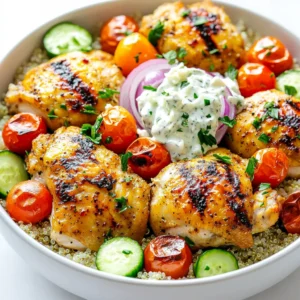 For these flavorful bowls, gather the following: - 1.5 lbs boneless, skinless chicken thighs - 1 cup cherry tomatoes, halved - 1 red onion, cut into wedges - 1 cucumber, diced - 1 cup cooked quinoa or brown rice - 1 cup crumbled feta cheese - 1/2 cup tzatziki sauce (store-bought or homemade) - Fresh parsley, chopped (for garnish) These ingredients create a fresh and tasty meal, perfect for any day. The chicken thighs are juicy and flavorful, making them a great choice. The right seasonings make a big difference. Here’s what you need: - 3 tablespoons olive oil - 3 cloves garlic, minced - 2 teaspoons dried oregano - 1 teaspoon ground cumin - 1 teaspoon paprika - Salt and pepper to taste The olive oil adds richness, while garlic gives a nice kick. Oregano, cumin, and paprika add depth and warmth to the dish. To elevate your gyro bowls, consider these optional toppings: - Extra tzatziki sauce - Sliced olives - Lemon wedges These toppings add extra flavor and a pop of color. They make your bowls even more appealing and delicious. You can customize your dish based on your taste and mood. First, set your oven to 425°F (220°C). This high heat helps create a nice crust on the chicken. Line a large baking sheet with parchment paper. This makes cleanup easy. In a big bowl, mix together the olive oil, minced garlic, oregano, cumin, paprika, salt, and pepper. This will be your marinade. Add the chicken thighs and make sure they get coated well. Marinate them for at least 15 minutes. If you have more time, let them sit in the fridge for up to 2 hours. The longer they marinate, the better the flavor. While the chicken marinates, prepare your veggies. Cut the cherry tomatoes in half and slice the red onion into wedges. Place these vegetables on one side of your baking sheet. This keeps everything organized and makes sure the chicken has enough space to cook. Next, add the marinated chicken thighs next to the veggies on the baking sheet. Bake in your preheated oven for 25-30 minutes. You want the chicken to cook through and look golden. During the last 10 minutes, add the diced cucumber to the pan. This warms them up without making them mushy. After baking, let the chicken rest before slicing it. Now, you’re ready to build your bowls! To marinate chicken thighs well, mix olive oil, minced garlic, oregano, cumin, paprika, salt, and pepper. This mix adds great flavor. Make sure to coat the chicken thighs evenly. Let them sit for at least 15 minutes. For even more taste, refrigerate them for up to 2 hours. This step makes your chicken juicy and tender. Bake the chicken thighs at 425°F (220°C) for 25-30 minutes. The chicken should reach an internal temperature of 165°F (74°C). Check the chicken for a golden color. This cooking time keeps the thighs moist and flavorful. If the chicken is cooked too long, it may dry out. Always use a meat thermometer for best results. For a beautiful dish, layer your bowls with colorful ingredients. Start with quinoa or brown rice. Add sliced chicken, then roasted vegetables, and diced cucumber. Crumble feta cheese on top for extra flavor. Drizzle tzatziki sauce over the dish. Garnish with chopped parsley and a lemon wedge. This adds a fresh touch and brightens up the plate. {{image_2}} You can switch proteins to fit your taste. Chicken thighs are juicy and tender, but beef or tofu work great too. If you choose beef, go for flank steak. It cooks quickly and adds deep flavor. For tofu, use firm or extra-firm. Press it first to remove excess water. Marinate it just like chicken for a tasty dish. Feel free to change up the veggies. Bell peppers add sweetness, while zucchini brings a mild taste. You can also try eggplant for a unique twist. Roasting gives all veggies a great char. Mix and match to find your favorite combo. Just remember to add softer veggies, like cucumbers, later in the cooking time. Quinoa and brown rice are both good choices for your bowls. Quinoa cooks faster and has a nutty flavor. It is also gluten-free and high in protein. Brown rice offers a chewy texture and earthy taste. Choose based on what you like or have on hand. Both grains will soak up the delicious flavors from the chicken and veggies. After you enjoy your Sheet Pan Greek Chicken Gyro Bowls, store leftovers right away. Place them in airtight containers. This keeps them fresh and safe. Try to eat them within three days. Make sure to separate the chicken, veggies, and grains for the best taste. If you want to save some for later, freezing is a great option. Let the dish cool completely before freezing. Portion the bowls into freezer-safe containers. You can freeze them for up to three months. When you’re ready to eat, just thaw them overnight in the fridge. To reheat, use the oven for the best taste. Preheat your oven to 350°F (175°C). Place your leftovers on a baking sheet. Heat for about 15-20 minutes until warm. You can also use the microwave. Just cover the bowl to keep moisture in. Heat in short bursts, stirring in between. Enjoy your delicious meal again! Yes, you can use bone-in chicken. Bone-in chicken adds flavor and moisture. However, it will take longer to cook. Make sure to check the internal temperature. The chicken should reach 165°F (74°C) to be safe. Adjust baking time to 35-40 minutes for bone-in cuts. If you don’t have tzatziki sauce, try using plain yogurt mixed with cucumber and garlic. You can also blend yogurt with fresh herbs like dill or mint for a twist. Another option is to use hummus for a creamy, flavorful touch. To make this recipe gluten-free, choose gluten-free grains like quinoa. Always check for gluten-free labels on products. Most of the ingredients, like chicken and vegetables, are naturally gluten-free. Just ensure your tzatziki sauce is gluten-free. You learned how to make tasty Sheet Pan Greek Chicken Gyro Bowls. We covered the main ingredients, seasonings, and fun topping ideas. I showed you how to marinate the chicken for the best flavor and bake it perfectly. You now have tips for switching proteins, customizing veggies, and selecting grains. Plus, I shared storage tips to keep leftovers fresh. With these steps, you can create a healthy meal that impresses. Enjoy making this dish and feel free to experiment with your favorite flavors!
