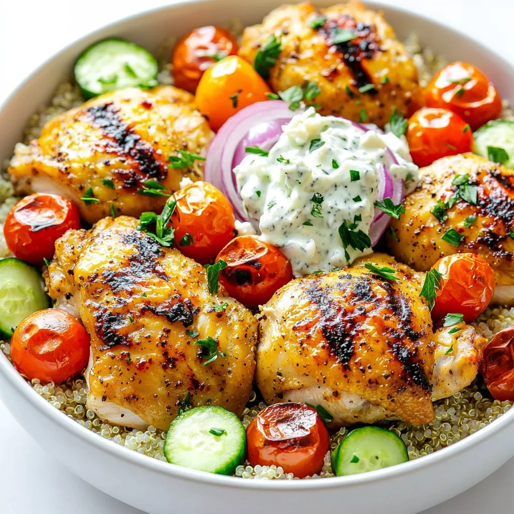 For these flavorful bowls, gather the following: - 1.5 lbs boneless, skinless chicken thighs - 1 cup cherry tomatoes, halved - 1 red onion, cut into wedges - 1 cucumber, diced - 1 cup cooked quinoa or brown rice - 1 cup crumbled feta cheese - 1/2 cup tzatziki sauce (store-bought or homemade) - Fresh parsley, chopped (for garnish) These ingredients create a fresh and tasty meal, perfect for any day. The chicken thighs are juicy and flavorful, making them a great choice. The right seasonings make a big difference. Here’s what you need: - 3 tablespoons olive oil - 3 cloves garlic, minced - 2 teaspoons dried oregano - 1 teaspoon ground cumin - 1 teaspoon paprika - Salt and pepper to taste The olive oil adds richness, while garlic gives a nice kick. Oregano, cumin, and paprika add depth and warmth to the dish. To elevate your gyro bowls, consider these optional toppings: - Extra tzatziki sauce - Sliced olives - Lemon wedges These toppings add extra flavor and a pop of color. They make your bowls even more appealing and delicious. You can customize your dish based on your taste and mood. First, set your oven to 425°F (220°C). This high heat helps create a nice crust on the chicken. Line a large baking sheet with parchment paper. This makes cleanup easy. In a big bowl, mix together the olive oil, minced garlic, oregano, cumin, paprika, salt, and pepper. This will be your marinade. Add the chicken thighs and make sure they get coated well. Marinate them for at least 15 minutes. If you have more time, let them sit in the fridge for up to 2 hours. The longer they marinate, the better the flavor. While the chicken marinates, prepare your veggies. Cut the cherry tomatoes in half and slice the red onion into wedges. Place these vegetables on one side of your baking sheet. This keeps everything organized and makes sure the chicken has enough space to cook. Next, add the marinated chicken thighs next to the veggies on the baking sheet. Bake in your preheated oven for 25-30 minutes. You want the chicken to cook through and look golden. During the last 10 minutes, add the diced cucumber to the pan. This warms them up without making them mushy. After baking, let the chicken rest before slicing it. Now, you’re ready to build your bowls! To marinate chicken thighs well, mix olive oil, minced garlic, oregano, cumin, paprika, salt, and pepper. This mix adds great flavor. Make sure to coat the chicken thighs evenly. Let them sit for at least 15 minutes. For even more taste, refrigerate them for up to 2 hours. This step makes your chicken juicy and tender. Bake the chicken thighs at 425°F (220°C) for 25-30 minutes. The chicken should reach an internal temperature of 165°F (74°C). Check the chicken for a golden color. This cooking time keeps the thighs moist and flavorful. If the chicken is cooked too long, it may dry out. Always use a meat thermometer for best results. For a beautiful dish, layer your bowls with colorful ingredients. Start with quinoa or brown rice. Add sliced chicken, then roasted vegetables, and diced cucumber. Crumble feta cheese on top for extra flavor. Drizzle tzatziki sauce over the dish. Garnish with chopped parsley and a lemon wedge. This adds a fresh touch and brightens up the plate. {{image_2}} You can switch proteins to fit your taste. Chicken thighs are juicy and tender, but beef or tofu work great too. If you choose beef, go for flank steak. It cooks quickly and adds deep flavor. For tofu, use firm or extra-firm. Press it first to remove excess water. Marinate it just like chicken for a tasty dish. Feel free to change up the veggies. Bell peppers add sweetness, while zucchini brings a mild taste. You can also try eggplant for a unique twist. Roasting gives all veggies a great char. Mix and match to find your favorite combo. Just remember to add softer veggies, like cucumbers, later in the cooking time. Quinoa and brown rice are both good choices for your bowls. Quinoa cooks faster and has a nutty flavor. It is also gluten-free and high in protein. Brown rice offers a chewy texture and earthy taste. Choose based on what you like or have on hand. Both grains will soak up the delicious flavors from the chicken and veggies. After you enjoy your Sheet Pan Greek Chicken Gyro Bowls, store leftovers right away. Place them in airtight containers. This keeps them fresh and safe. Try to eat them within three days. Make sure to separate the chicken, veggies, and grains for the best taste. If you want to save some for later, freezing is a great option. Let the dish cool completely before freezing. Portion the bowls into freezer-safe containers. You can freeze them for up to three months. When you’re ready to eat, just thaw them overnight in the fridge. To reheat, use the oven for the best taste. Preheat your oven to 350°F (175°C). Place your leftovers on a baking sheet. Heat for about 15-20 minutes until warm. You can also use the microwave. Just cover the bowl to keep moisture in. Heat in short bursts, stirring in between. Enjoy your delicious meal again! Yes, you can use bone-in chicken. Bone-in chicken adds flavor and moisture. However, it will take longer to cook. Make sure to check the internal temperature. The chicken should reach 165°F (74°C) to be safe. Adjust baking time to 35-40 minutes for bone-in cuts. If you don’t have tzatziki sauce, try using plain yogurt mixed with cucumber and garlic. You can also blend yogurt with fresh herbs like dill or mint for a twist. Another option is to use hummus for a creamy, flavorful touch. To make this recipe gluten-free, choose gluten-free grains like quinoa. Always check for gluten-free labels on products. Most of the ingredients, like chicken and vegetables, are naturally gluten-free. Just ensure your tzatziki sauce is gluten-free. You learned how to make tasty Sheet Pan Greek Chicken Gyro Bowls. We covered the main ingredients, seasonings, and fun topping ideas. I showed you how to marinate the chicken for the best flavor and bake it perfectly. You now have tips for switching proteins, customizing veggies, and selecting grains. Plus, I shared storage tips to keep leftovers fresh. With these steps, you can create a healthy meal that impresses. Enjoy making this dish and feel free to experiment with your favorite flavors!