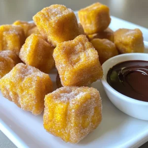 To make delicious Pumpkin Spice Churro Bites, gather these key ingredients: - 1 cup water - 1/2 cup unsalted butter - 1 cup all-purpose flour - 1/2 teaspoon salt - 1 teaspoon pumpkin spice blend (cinnamon, nutmeg, ginger, and allspice) - 3 large eggs - Vegetable oil for frying - 1/2 cup granulated sugar - 1 tablespoon pumpkin spice blend (for coating) These ingredients create the perfect dough for churros. The butter adds richness, while the pumpkin spice brings warmth and flavor. While the churros are great on their own, you can enhance them with these optional ingredients: - 1/2 cup chocolate sauce for dipping This chocolate sauce adds a sweet touch that pairs well with the spices in the churros. You can swap some ingredients if needed: - Instead of unsalted butter, use coconut oil for a dairy-free version. - For a gluten-free option, use a gluten-free all-purpose flour blend. - If you want less sugar, reduce the granulated sugar or use a sugar substitute. These substitutions allow you to enjoy churros while meeting different dietary needs. To start, I grab a medium saucepan. I add one cup of water and half a cup of unsalted butter. I heat this over medium heat. I stir until the butter melts and the mix begins to simmer. Once it simmers, I take the pan off the heat. I then add one cup of all-purpose flour, half a teaspoon of salt, and one teaspoon of pumpkin spice blend. I stir hard until the dough forms and pulls away from the sides. After about five minutes, I let the dough cool. Then, I add three eggs, one at a time. I mix well after each egg until the dough is smooth and creamy. Next, I heat vegetable oil in a deep skillet or fryer. I fill it with about two inches of oil and heat it to 375°F (190°C). I transfer the dough to a piping bag. I fit it with a large star tip for nice shapes. Then, I pipe small bites, about 1-2 inches long, directly into the hot oil. I make sure not to crowd the pan. I fry the churro bites for about 2-3 minutes on each side. I want them golden brown and crispy. I use a slotted spoon to take them out and place them on paper towels to drain oil. In a shallow bowl, I mix granulated sugar with one tablespoon of pumpkin spice blend. I roll the hot churro bites in the mix until they are evenly coated. I arrange the churro bites on a plate. They taste great warm. I often serve them with chocolate sauce for dipping, which adds a nice touch. To get the best churro texture, start with the right dough. Cook the mixture until it pulls away from the pan. This means the water has fully evaporated. After adding eggs, mix well. The dough should be smooth and slightly sticky. Pipe small bites to ensure even cooking. Size matters; keep them about 1-2 inches long. Avoid overcrowding the pan when frying. This can lower the oil temperature, making your churros soggy. Don’t skip cooling the dough before adding eggs. If the dough is too hot, it can cook the eggs and ruin the texture. Also, measure the pumpkin spice blend carefully. Too much can overpower the flavor. Heat your oil to 375°F (190°C) before frying. Use a thermometer for accuracy. This temperature helps create a golden, crispy exterior. Fry for 2-3 minutes on each side. Watch closely to prevent burning. Use a slotted spoon to remove churros and let them drain on paper towels. This step keeps them crispy and not greasy. {{image_2}} You can change up the flavor of these churro bites. Think of using cinnamon sugar for a classic taste. You might also try chocolate or vanilla. For a twist, add some cayenne pepper for heat. Each option brings a new flavor that can surprise your taste buds. Fried churro bites are crispy and golden. They have that perfect crunch on the outside. Baking them gives a lighter option. To bake, shape the dough and place it on a tray. Brush them with melted butter and sprinkle sugar on top. Bake at 375°F until golden brown. Both methods are tasty, so choose what suits you best! Dipping sauces can make your churros even better. Chocolate sauce is a classic choice. It adds richness that pairs well with the spices. You could also try caramel sauce for sweetness. For a fruity twist, serve with a berry sauce. Each dip brings a new layer of flavor, making every bite special! To store leftover churro bites, let them cool first. Place them in an airtight container. They will stay fresh for two days at room temperature. For longer storage, put them in the fridge. They can last up to a week this way. For the best crispiness, reheat churro bites in the oven. Preheat your oven to 350°F (175°C). Spread the churros on a baking sheet. Heat them for about 5-7 minutes. This keeps them crunchy. Avoid using the microwave, as it can make them soggy. If you want to freeze churro bites, first let them cool completely. Then, place them in a single layer on a baking sheet. Freeze them for about an hour until firm. After that, transfer them to a freezer bag. They will stay good for up to two months. When ready to enjoy, reheat from frozen in the oven. To make these churro bites, start by making the dough. In a medium pot, combine 1 cup of water and 1/2 cup of unsalted butter. Heat until the butter melts, then bring it to a simmer. Next, stir in 1 cup of all-purpose flour, 1/2 teaspoon of salt, and 1 teaspoon of pumpkin spice blend. Mix well until it forms a dough. After cooling for five minutes, add 3 large eggs one by one, mixing well each time. Heat vegetable oil in a pan to 375°F (190°C). Pipe small churro shapes into the hot oil and fry them until golden, about 2-3 minutes per side. Finally, roll them in a mix of 1/2 cup sugar and 1 tablespoon of pumpkin spice blend. Yes, you can use gluten-free flour. It works well, but it may change the texture slightly. Look for a gluten-free all-purpose blend that includes xanthan gum. This will help create the right structure for the churro bites. The taste will still be delicious and festive, perfect for fall! To reheat churro bites, use an oven. Preheat it to 350°F (175°C). Place the churros on a baking tray and heat for about 5-7 minutes. This method keeps them crispy. You can also use an air fryer at the same temperature for 3-5 minutes. Avoid microwaving, as it makes them soft and chewy. You can find pumpkin spice churro bites at local bakeries or some cafes during fall. Many supermarkets also sell them frozen. If you prefer fresh, check food trucks or fairs that offer seasonal treats. For a unique twist, make them at home with this recipe! We explored everything you need for delicious Pumpkin Spice Churro Bites. You learned about key ingredients, step-by-step instructions, and helpful tips for perfecting the recipe. Plus, you discovered fun variations and storage advice to enjoy them later. Embrace the joy of creating these treats in your kitchen. They are simple and fun to make, providing warmth and flavor for any occasion. Dive in and enjoy every bite!
