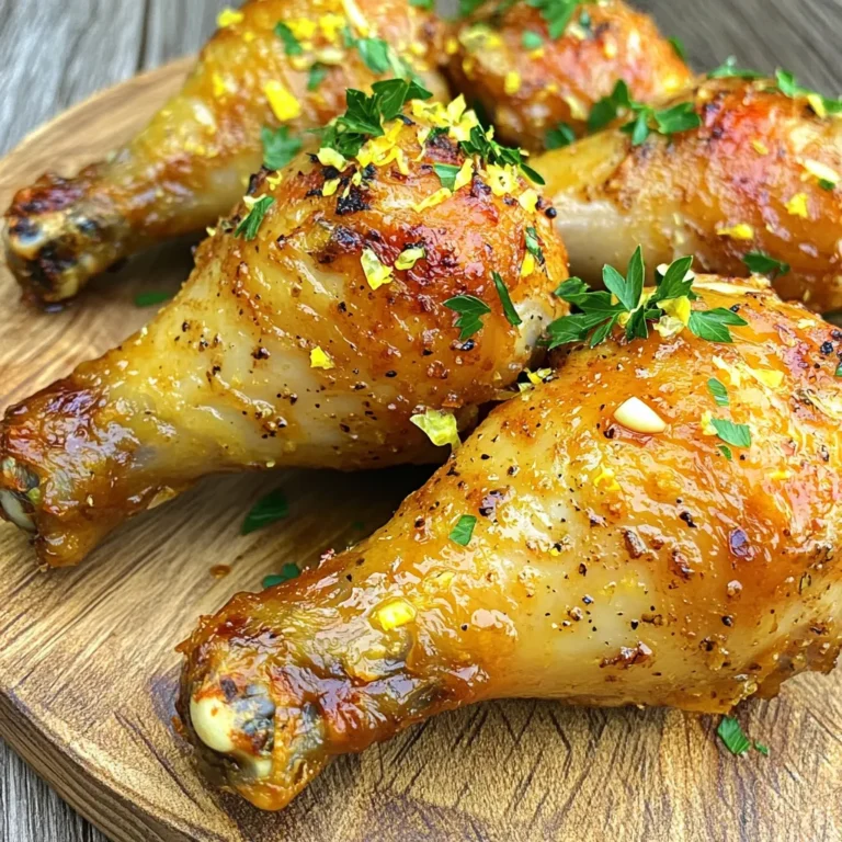 To make Air Fryer Lemon Garlic Drumsticks, you need the following simple ingredients: - 8 chicken drumsticks - 3 tablespoons olive oil - 4 cloves garlic, minced - Zest and juice of 1 lemon - 1 teaspoon dried thyme - 1 teaspoon paprika - 1 teaspoon salt - ½ teaspoon black pepper - Fresh parsley for garnish These ingredients are easy to find at most grocery stores. I love using fresh garlic and lemon because they add a bright flavor. The olive oil helps keep the chicken juicy and crisp. You can use dried thyme for a nice herbal note. Each spice plays a role in the overall taste, making these drumsticks a delight. Make sure your chicken is fresh for the best results. If you want, you can switch the parsley for another herb you enjoy. This recipe is flexible, allowing you to make it your own! To start, I combine the marinade ingredients in a large bowl. I use 3 tablespoons of olive oil, 4 minced garlic cloves, the zest and juice of 1 lemon, 1 teaspoon of dried thyme, 1 teaspoon of paprika, 1 teaspoon of salt, and ½ teaspoon of black pepper. It is important to mix these well to create a flavorful marinade. Next, I add the 8 chicken drumsticks to the bowl, tossing them to coat them fully. I recommend letting them marinate for at least 30 minutes. If you have more time, marinate them for up to 2 hours in the fridge. This step enhances the flavor a lot. Now, I preheat the air fryer. I set the temperature to 400°F (200°C) for about 5 minutes. Preheating is key. It helps the drumsticks cook evenly and get that nice crispiness. Once the air fryer is hot, I arrange the marinated drumsticks in the basket. I make sure they sit in a single layer. This helps them cook properly without steaming. I cook the drumsticks for 25-30 minutes. Halfway through, I turn them to ensure they brown evenly. To check if they are done, I use a meat thermometer. The internal temperature should reach at least 165°F (74°C). After cooking, I remove the drumsticks and let them rest for a few minutes before serving. This helps the juices settle, making them even tastier. To get the best taste from your drumsticks, marinate them for at least 30 minutes. If you have time, let them soak for up to 2 hours. This helps the flavors soak into the meat. Always use fresh ingredients, especially the garlic and lemon. Freshness can make a big difference in taste. Prevention is key to crispy skin. Don't overcrowd the air fryer basket. If the drumsticks touch, they won't cook evenly. Arrange them in a single layer. For extra crispiness, you can pat the drumsticks dry before marinating. This removes excess moisture, which helps them crisp up better. Pair your lemon garlic drumsticks with simple side dishes. Roasted vegetables or a fresh salad work well. You can also serve them with rice or mashed potatoes. For a nice touch, garnish with fresh parsley after cooking. This adds color and a fresh flavor. {{image_2}} You can switch up the flavors in your air fryer lemon garlic drumsticks easily. Try using different marinades for a unique taste. Here are some ideas: - Honey Mustard Marinade: Mix equal parts honey and mustard for a sweet twist. - Spicy Sriracha Marinade: Add sriracha to your olive oil marinade for heat. - Herb Blend: Use fresh herbs like rosemary or basil for a garden-fresh flavor. You can also swap out chicken drumsticks for other cuts. Boneless chicken thighs work well for a juicier bite. Chicken wings are great too if you want a fun party snack! Want to make your drumsticks extra exciting? You can add spice or keep it citrusy. To make them spicy, sprinkle red pepper flakes on top before cooking. For a stronger lemon taste, add more lemon juice or zest for a punch. Dipping sauces can elevate your meal. Here are some tasty options: - Garlic Aioli: Mix mayonnaise with minced garlic and lemon juice. - Spicy Ranch: Blend ranch dressing with hot sauce for a creamy kick. - Cilantro Lime Sauce: Combine Greek yogurt, cilantro, lime juice, and salt for freshness. These variations make your air fryer lemon garlic drumsticks fun and delicious! To keep air fryer lemon garlic drumsticks fresh, store them in an airtight container. This helps keep moisture in and prevents them from drying out. Place them in the fridge within two hours of cooking. They will stay good for up to three days. If you want to keep them longer, freeze them. They last for about two to three months in the freezer. Just remember to wrap them well in plastic wrap or foil. When it’s time to enjoy your leftovers, the best way to reheat them is in the air fryer. Set the air fryer to 350°F (175°C) and heat for about 5-7 minutes. This helps keep the skin crispy. If you use a microwave, place a paper towel over them to avoid sogginess. Heat for about 1-2 minutes, checking often. For the best taste, always try to reheat them in the air fryer. I usually cook air fryer drumsticks for 25 to 30 minutes. Set your air fryer to 400°F (200°C). Flip the drumsticks halfway through cooking. This helps them brown evenly. The exact time can vary. Always check for doneness to ensure they are crispy and golden. Yes, you can use frozen drumsticks. However, they need a little more time. Cook frozen drumsticks for about 30 to 35 minutes at 400°F (200°C). Do not thaw them. Check that they reach the safe temperature before serving. If using thawed drumsticks, follow the standard cooking time. The internal temperature of cooked chicken should be at least 165°F (74°C). Use a meat thermometer to check this. Insert it into the thickest part of the drumstick. This ensures the chicken is safe to eat and juicy. Always prioritize food safety in your cooking. This guide shows you how to make tasty air fryer chicken drumsticks. We covered the key ingredients, step-by-step instructions, and helpful tips for the best results. Remember, marinate well for flavor, preheat your air fryer, and avoid overcrowding. You can also mix up flavors and enjoy leftovers easily. With these tips, you'll create a dish that impresses everyone at your table. Enjoy your cooking!