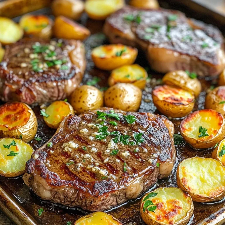 To make this tasty dish, you need: - 2 ribeye steaks (about 1 inch thick) - 1 pound baby potatoes, halved - 4 tablespoons unsalted butter, divided - 4 cloves garlic, minced - 1 teaspoon dried rosemary - 1 teaspoon paprika - Salt and pepper to taste - Fresh parsley, chopped (for garnish) You can swap ingredients if you need to. Here are some easy swaps: - Steak: You can use sirloin or flank steak instead of ribeye. - Potatoes: Yukon gold or red potatoes work well too. - Butter: Olive oil can replace butter for a lighter taste. - Garlic: Garlic powder can be a quick substitute if you lack fresh garlic. - Herbs: If you don’t have rosemary, thyme or oregano can add nice flavor. Choosing the right steak is key for great flavor. Ribeye steaks are rich and juicy. They have a good amount of fat, which adds flavor. Look for steaks that have a nice marbling. This fat helps keep the meat tender and tasty when cooked. If you want a leaner cut, sirloin is a good choice. It is still flavorful but has less fat. Flank steak is another option. It has a bold taste but is best when cooked medium-rare. Avoid tough cuts like round steak, as they need longer cooking times. When selecting your steak, always check for freshness. Fresh meat should have a bright color. It should also smell clean. By choosing the best steak, you set the stage for a delicious meal. To make the garlic butter mixture, first, melt 2 tablespoons of unsalted butter in a small bowl. Add 4 minced garlic cloves, 1 teaspoon of dried rosemary, and 1 teaspoon of paprika. Mix well. Season with salt and pepper to taste. This mixture is vital for adding flavor to the steak. It will bring out the best in your dish. Next, take 1 pound of baby potatoes and cut them in half. Place them on a large sheet pan. Drizzle with 1 tablespoon of olive oil and sprinkle with salt and pepper. Toss the potatoes until they are well coated. Spread them out in a single layer to ensure even cooking. Roast the potatoes in a preheated oven at 425°F (220°C) for about 15 minutes. You want them to start softening but still hold their shape. While the potatoes roast, season 2 ribeye steaks on both sides with salt and pepper. After 15 minutes, take the sheet pan out of the oven. Move the potatoes to the edges of the pan to make space for the steaks. Place the seasoned steaks in the center. Brush the garlic butter mixture generously over the steaks. Return the pan to the oven. Roast for 10 to 12 minutes for medium-rare. Adjust cooking time for your desired doneness. Once cooked, let the steaks rest for 5 minutes before slicing against the grain. Serve with the roasted potatoes and any remaining garlic butter drizzled on top. To get the perfect steak, use a meat thermometer. For medium-rare, aim for 135°F (57°C). Insert the thermometer in the thickest part of the steak. Let the steak rest for five minutes after cooking. This helps the juices stay inside. If you prefer it more done, add a few more minutes. Steak thickness plays a big role in cooking time. Roast the potatoes first to ensure they soften. Toss them in olive oil and seasonings before baking. Spread them out evenly on the pan. If they start to brown too much, cover them lightly with foil. This keeps them cooking without burning. Check them regularly while the steaks are cooking. Add extra herbs to elevate the flavor. Fresh thyme or oregano work well. You can also try adding a pinch of cayenne for heat. A splash of lemon juice brightens the dish too. Feel free to mix and match spices based on your taste. Experimenting can lead to exciting new flavors. This makes the dish uniquely yours. {{image_2}} Adding vegetables can boost flavor and nutrition. You can include carrots, bell peppers, or green beans. Cut them into similar sizes as the potatoes. Toss with olive oil, salt, and pepper. Place them on the sheet pan with the potatoes. This way, they roast together and soak up the garlic butter taste. If you want a change from steak, try chicken thighs or pork chops. Both cook well in the oven and absorb flavors nicely. Season them just like you do the ribeye steaks. Adjust cooking time as needed. Chicken usually takes about 20-25 minutes, while pork can be around 15-20 minutes, depending on thickness. Experimenting with seasonings can make this dish unique. Swap out the paprika for chili powder for heat. Or use Italian herbs like oregano and basil for a fresh twist. You can even try a citrus zest for a bright flavor. Just remember to keep the garlic butter, as it ties everything together beautifully. To store your leftovers, let the dish cool completely. Place the steak and potatoes in an airtight container. Make sure to separate them to keep the steak juicy. Store in the fridge for up to three days. If you want to keep them longer, freezing is a good option. When you’re ready to eat, reheating is simple. Preheat your oven to 350°F (175°C). Place the steak and potatoes on a baking sheet. Cover them with foil to keep moisture in. Heat for about 15-20 minutes until warm. You can also use a microwave, but it may dry out the steak. Freezing this dish is easy. Wrap each steak and portion of potatoes in plastic wrap. Then place them in a freezer-safe bag. This helps prevent freezer burn. You can freeze them for up to three months. To thaw, move them to the fridge overnight before reheating. Enjoy your meal anytime! Yes, you can use other cuts of steak. Cuts like sirloin, flank, or strip work well. Each cut has a different taste and texture. Ribeye is juicy and flavorful, but sirloin is leaner. Just adjust the cooking time. Thinner steaks may need less time. This dish pairs well with a fresh salad. A simple green salad adds a nice crunch. You could also serve it with steamed veggies. Broccoli or green beans complement the steak well. For a cozy touch, add some warm bread. To keep potatoes firm, cut them evenly. Halve baby potatoes for uniform cooking. Make sure they roast in a single layer on the pan. Avoid overcrowding, as steam can make them mushy. Roasting at 425°F helps them crisp up nicely. Keep an eye on them and adjust cooking time as needed. In this post, we explored tasty ingredients, step-by-step cooking, and helpful tips for your meal. You learned how to prepare garlic butter, roast potatoes, and achieve perfect steak doneness. Remember to choose the best cuts and avoid mushy potatoes. You can mix in other veggies and try new seasonings for variety. Store your leftovers well, and enjoy this dish later. Cooking can be simple and fun. Get creative, and make it your own!