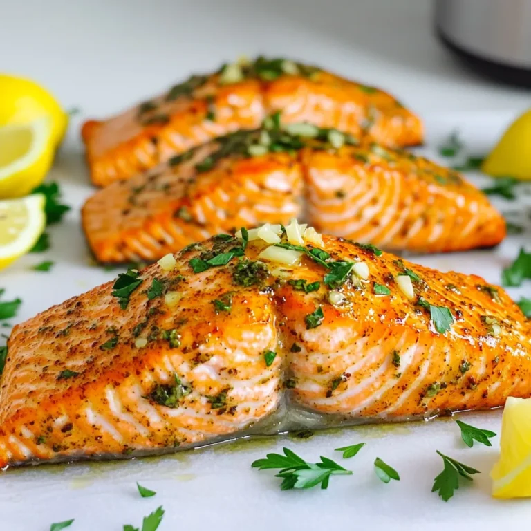 - 4 salmon fillets (6 oz each) - 2 tablespoons olive oil - 4 cloves garlic, minced - 1 teaspoon dried oregano - 1 teaspoon dried thyme - 1 teaspoon paprika - Salt and black pepper to taste - Fresh lemon wedges - Fresh parsley, chopped In this recipe, we use fresh salmon fillets that each weigh about 6 ounces. They are perfect for a quick meal. Olive oil adds a wonderful richness. Garlic brings a bold flavor that makes the dish shine. We season the salmon with dried oregano, thyme, and paprika to add depth. Lastly, salt and black pepper enhance all the flavors perfectly. For a bright finish, serve the salmon with lemon wedges. Fresh parsley on top adds a pop of color and flavor. This simple yet tasty dish is sure to impress anyone at your table. Enjoy the easy steps and the great taste of air-fried garlic herb salmon! Start by patting the salmon fillets dry. This step helps to remove excess moisture. Moisture can make it hard for the salmon to get that nice, crispy crust we love. Use paper towels to gently dry both sides of each fillet. Next, prepare the marinade. In a small bowl, mix together 2 tablespoons of olive oil, 4 minced garlic cloves, 1 teaspoon of dried oregano, 1 teaspoon of dried thyme, 1 teaspoon of paprika, and salt and black pepper to taste. Whisk until well combined. This mixture will give the salmon a burst of flavor. Brush the marinade over both sides of the salmon fillets. Make sure they are well coated. This will help the flavors soak in while they cook. Now it's time to cook! First, preheat your air fryer to 400°F (200°C). This should take about 3-5 minutes. Preheating ensures that the salmon cooks evenly and gets a nice crust. Once preheated, place the marinated salmon fillets in the air fryer basket. Make sure they are in a single layer and not crowded. Overcrowding can lead to uneven cooking. Cook the salmon for 8-10 minutes. The cooking time may vary based on the thickness of your fillets. The salmon is done when it flakes easily with a fork and has a golden crust. After cooking, carefully remove the salmon from the air fryer. Let it rest for a minute. Resting helps make the salmon tender and juicy. When ready to serve, add fresh lemon wedges on the side. You can also sprinkle chopped parsley on top for a lovely pop of color and flavor. Enjoy your delicious air fryer garlic herb salmon fillets! To check if your salmon is done, use the flaking test. Gently poke the fish with a fork. If it flakes easily, it is ready. If it feels firm, give it a few more minutes. For a crispy crust, make sure the salmon is dry before adding the marinade. The air fryer needs dry surfaces to create that nice crunch. A little extra olive oil on the skin side helps, too. You can boost the flavor with more herbs. Try dill, basil, or cilantro for a fresh twist. A pinch of red pepper flakes adds heat if you like spice. For a fun marinade swap, try adding soy sauce or honey. This gives a sweet and savory finish. You can also use fresh lemon juice instead of olive oil for a zesty kick. Do not overcrowd the air fryer basket. This ensures even cooking and crispiness. If you have more fillets, cook them in batches. Avoid stacking the salmon. Each piece needs space to allow hot air to circulate. This helps achieve that perfect golden crust. {{image_2}} You can make this dish even healthier. Try using less oil. Instead of olive oil, you can use cooking spray. It cuts calories but keeps the flavor. For butter, a small amount of low-fat margarine works well. For seasonings, choose low-sodium options. Many brands sell salt-free blends. This choice helps control your sodium intake while keeping taste. Look for garlic or herb mixes that add flavor without the salt. Want to mix it up? Add some citrus! Fresh lemon or lime juice gives a bright taste. You can also try orange zest for a sweet twist. Herbs are great too. You might use dill or basil for a fresh kick. If you like Asian flavors, consider soy sauce or ginger. These ingredients can change the whole dish. Just marinate the salmon for a bit longer to soak up those yummy flavors. What goes well with salmon? Lots of sides! Roasted vegetables are a smart choice. Broccoli, asparagus, or carrots pair nicely. They add color and nutrition to your plate. Also, salads are a great match. A light, crisp salad with mixed greens works well. Toss in some cherry tomatoes and cucumbers for crunch. A simple vinaigrette goes perfectly with salmon too. This combo makes for a balanced and tasty meal! To keep your leftover salmon fresh, follow these tips: - Refrigeration: Place the salmon in an airtight container. This helps to seal in moisture and flavor. Store it in the fridge for up to three days. - Freezing: For longer storage, wrap the salmon tightly in plastic wrap and then foil. This method protects it from freezer burn. You can freeze the salmon for up to three months. For the best taste, use these methods to reheat your salmon: - Air Frying: Set your air fryer to 350°F (175°C). Heat the salmon for about 5-7 minutes. This keeps it moist and crispy. - Other Methods: You can also reheat in the oven. Place the salmon on a baking sheet and cover it with foil. Heat at 350°F (175°C) for about 10 minutes. Knowing how long your leftover salmon lasts is key: - Storage Duration: Leftover salmon stays fresh in the fridge for three days. In the freezer, it lasts up to three months. - Signs of Spoilage: Look for a sour smell, dull color, or slimy texture. If you see any of these signs, it’s best to discard the salmon. Yes, you can cook frozen salmon in an air fryer. It is easy and quick. For best results, set the air fryer to 400°F (200°C). Cook the salmon for 12 to 15 minutes. It’s key to check the fish halfway. If needed, flip it for even cooking. Remember to check for doneness. The salmon should flake easily when done. Salmon is best cooked to an internal temperature of 145°F (63°C). This ensures it is safe to eat. Use a food thermometer to check. Insert it into the thickest part of the fish. The salmon should be opaque and flake when it’s done. Cooking time for salmon in an air fryer varies. It usually takes 8 to 10 minutes. The thickness of the fillets matters. For thin fillets, cook for about 8 minutes. For thicker ones, you may need up to 10 minutes. Always check for doneness, as different air fryers may cook differently. This blog post covered everything you need for making air-fried salmon. We discussed key ingredients, cooking steps, and how to present your dish nicely. I also shared useful tips for flavor and texture, variations for health, and best storage practices. Cooking salmon can be simple and delicious when you know how. With these steps, you can impress anyone at your dinner table. Enjoy making your perfect air-fried salmon!