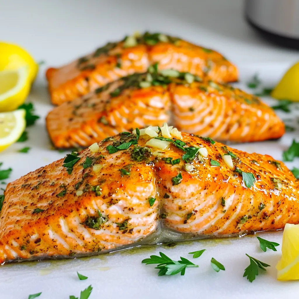 - 4 salmon fillets (6 oz each) - 2 tablespoons olive oil - 4 cloves garlic, minced - 1 teaspoon dried oregano - 1 teaspoon dried thyme - 1 teaspoon paprika - Salt and black pepper to taste - Fresh lemon wedges - Fresh parsley, chopped In this recipe, we use fresh salmon fillets that each weigh about 6 ounces. They are perfect for a quick meal. Olive oil adds a wonderful richness. Garlic brings a bold flavor that makes the dish shine. We season the salmon with dried oregano, thyme, and paprika to add depth. Lastly, salt and black pepper enhance all the flavors perfectly. For a bright finish, serve the salmon with lemon wedges. Fresh parsley on top adds a pop of color and flavor. This simple yet tasty dish is sure to impress anyone at your table. Enjoy the easy steps and the great taste of air-fried garlic herb salmon! Start by patting the salmon fillets dry. This step helps to remove excess moisture. Moisture can make it hard for the salmon to get that nice, crispy crust we love. Use paper towels to gently dry both sides of each fillet. Next, prepare the marinade. In a small bowl, mix together 2 tablespoons of olive oil, 4 minced garlic cloves, 1 teaspoon of dried oregano, 1 teaspoon of dried thyme, 1 teaspoon of paprika, and salt and black pepper to taste. Whisk until well combined. This mixture will give the salmon a burst of flavor. Brush the marinade over both sides of the salmon fillets. Make sure they are well coated. This will help the flavors soak in while they cook. Now it's time to cook! First, preheat your air fryer to 400°F (200°C). This should take about 3-5 minutes. Preheating ensures that the salmon cooks evenly and gets a nice crust. Once preheated, place the marinated salmon fillets in the air fryer basket. Make sure they are in a single layer and not crowded. Overcrowding can lead to uneven cooking. Cook the salmon for 8-10 minutes. The cooking time may vary based on the thickness of your fillets. The salmon is done when it flakes easily with a fork and has a golden crust. After cooking, carefully remove the salmon from the air fryer. Let it rest for a minute. Resting helps make the salmon tender and juicy. When ready to serve, add fresh lemon wedges on the side. You can also sprinkle chopped parsley on top for a lovely pop of color and flavor. Enjoy your delicious air fryer garlic herb salmon fillets! To check if your salmon is done, use the flaking test. Gently poke the fish with a fork. If it flakes easily, it is ready. If it feels firm, give it a few more minutes. For a crispy crust, make sure the salmon is dry before adding the marinade. The air fryer needs dry surfaces to create that nice crunch. A little extra olive oil on the skin side helps, too. You can boost the flavor with more herbs. Try dill, basil, or cilantro for a fresh twist. A pinch of red pepper flakes adds heat if you like spice. For a fun marinade swap, try adding soy sauce or honey. This gives a sweet and savory finish. You can also use fresh lemon juice instead of olive oil for a zesty kick. Do not overcrowd the air fryer basket. This ensures even cooking and crispiness. If you have more fillets, cook them in batches. Avoid stacking the salmon. Each piece needs space to allow hot air to circulate. This helps achieve that perfect golden crust. {{image_2}} You can make this dish even healthier. Try using less oil. Instead of olive oil, you can use cooking spray. It cuts calories but keeps the flavor. For butter, a small amount of low-fat margarine works well. For seasonings, choose low-sodium options. Many brands sell salt-free blends. This choice helps control your sodium intake while keeping taste. Look for garlic or herb mixes that add flavor without the salt. Want to mix it up? Add some citrus! Fresh lemon or lime juice gives a bright taste. You can also try orange zest for a sweet twist. Herbs are great too. You might use dill or basil for a fresh kick. If you like Asian flavors, consider soy sauce or ginger. These ingredients can change the whole dish. Just marinate the salmon for a bit longer to soak up those yummy flavors. What goes well with salmon? Lots of sides! Roasted vegetables are a smart choice. Broccoli, asparagus, or carrots pair nicely. They add color and nutrition to your plate. Also, salads are a great match. A light, crisp salad with mixed greens works well. Toss in some cherry tomatoes and cucumbers for crunch. A simple vinaigrette goes perfectly with salmon too. This combo makes for a balanced and tasty meal! To keep your leftover salmon fresh, follow these tips: - Refrigeration: Place the salmon in an airtight container. This helps to seal in moisture and flavor. Store it in the fridge for up to three days. - Freezing: For longer storage, wrap the salmon tightly in plastic wrap and then foil. This method protects it from freezer burn. You can freeze the salmon for up to three months. For the best taste, use these methods to reheat your salmon: - Air Frying: Set your air fryer to 350°F (175°C). Heat the salmon for about 5-7 minutes. This keeps it moist and crispy. - Other Methods: You can also reheat in the oven. Place the salmon on a baking sheet and cover it with foil. Heat at 350°F (175°C) for about 10 minutes. Knowing how long your leftover salmon lasts is key: - Storage Duration: Leftover salmon stays fresh in the fridge for three days. In the freezer, it lasts up to three months. - Signs of Spoilage: Look for a sour smell, dull color, or slimy texture. If you see any of these signs, it’s best to discard the salmon. Yes, you can cook frozen salmon in an air fryer. It is easy and quick. For best results, set the air fryer to 400°F (200°C). Cook the salmon for 12 to 15 minutes. It’s key to check the fish halfway. If needed, flip it for even cooking. Remember to check for doneness. The salmon should flake easily when done. Salmon is best cooked to an internal temperature of 145°F (63°C). This ensures it is safe to eat. Use a food thermometer to check. Insert it into the thickest part of the fish. The salmon should be opaque and flake when it’s done. Cooking time for salmon in an air fryer varies. It usually takes 8 to 10 minutes. The thickness of the fillets matters. For thin fillets, cook for about 8 minutes. For thicker ones, you may need up to 10 minutes. Always check for doneness, as different air fryers may cook differently. This blog post covered everything you need for making air-fried salmon. We discussed key ingredients, cooking steps, and how to present your dish nicely. I also shared useful tips for flavor and texture, variations for health, and best storage practices. Cooking salmon can be simple and delicious when you know how. With these steps, you can impress anyone at your dinner table. Enjoy making your perfect air-fried salmon!