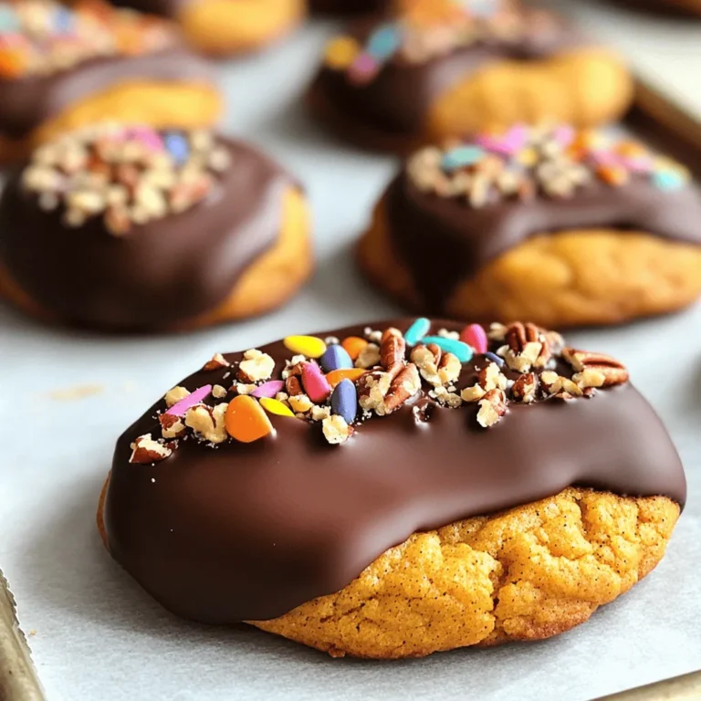 - 1 cup pumpkin puree - 1/2 cup unsalted butter, softened - 1 cup brown sugar - 1/2 cup granulated sugar - 1 large egg - 2 teaspoons vanilla extract - 2 cups all-purpose flour - 1 teaspoon baking soda - 1 teaspoon baking powder - 2 teaspoons pumpkin pie spice - 1/2 teaspoon salt - 1 cup semi-sweet chocolate chips - 1 tablespoon coconut oil (for melting chocolate) The key ingredients for these cookies bring together rich flavors. Pumpkin puree gives them a moist base. The sugars add sweetness and depth. Butter makes them soft and chewy. Pumpkin pie spice creates that warm, cozy taste we love. - Sprinkles - Crushed pecans You can make these cookies even better with toppings. Sprinkles add color and fun. Crushed pecans give a nice crunch and nutty flavor. Feel free to get creative with what you like! - Mixing bowls - Baking sheet - Parchment paper - Whisk - Spoon or spatula - Microwave-safe bowl Having the right tools makes baking easier. Mixing bowls help combine wet and dry ingredients. A baking sheet lined with parchment paper prevents sticking. A whisk mixes the dry ingredients well. Use a spoon or spatula to blend everything together. Lastly, a microwave-safe bowl is perfect for melting the chocolate smoothly. Start by preheating your oven to 350°F (175°C). Line a baking sheet with parchment paper. In a large bowl, cream together the softened butter, brown sugar, and granulated sugar. Mix until it becomes light and fluffy. Next, add in the pumpkin puree, egg, and vanilla extract. Beat this mixture until it is well combined. In another bowl, whisk together the flour, baking soda, baking powder, pumpkin pie spice, and salt. Gradually add the dry ingredients to the wet mixture. Mix until just combined, but don’t overmix. This keeps the cookies soft. Scoop out tablespoon-sized portions of dough. Place them on the prepared baking sheet, leaving about two inches of space between each scoop. Now it’s time to bake! Place the baking sheet in the oven. Bake your cookies for 10 to 12 minutes. They should be set and lightly golden at the edges. Once they’re ready, take them out and let them cool on the baking sheet for five minutes. After that, transfer the cookies to a wire rack to cool completely. While your cookies cool, melt the semi-sweet chocolate chips with coconut oil. Use a microwave-safe bowl. Heat the mixture in 30-second intervals until it becomes smooth. Once your cookies are cool, dip half of each cookie into the melted chocolate. Allow any excess chocolate to drip off. Place the chocolate-dipped cookies back on the parchment paper. If you want, sprinkle festive toppings like sprinkles or crushed pecans right away. Let the chocolate set at room temperature or speed up the process by putting them in the fridge for about 15 minutes. Enjoy your delicious treats! To get soft, chewy cookies, use room-temperature butter. Cream it well with sugars. This mix adds air and makes cookies light. Don’t overmix the dough; it can make cookies tough. Bake until the edges are golden. They will firm up as they cool. You can make the dough ahead of time. Chill the dough for at least an hour. This helps the flavors blend. You can also freeze dough. Scoop the dough onto a baking sheet and freeze until firm. Then, store it in a bag. When you’re ready, bake from frozen, adding a minute or two to the time. If your cookies spread too much, check your butter. It should be soft, not melted. Too much flour can also cause spreading. Make sure you measure accurately. If cookies are dry, they may have been overbaked. Always check them a minute before the time ends. If they stick, let them cool a bit longer on the pan. {{image_2}} You can switch the chocolate chips for white chocolate or milk chocolate. Each type gives a new taste. If you want a richer flavor, try dark chocolate. Just remember, the melt time might change a bit. Use the same method to melt your chocolate. This change lets you create a unique twist on classic flavors. Try adding a seasonal twist to your cookies. For a gingerbread flavor, mix in ground ginger and cinnamon. This change makes your cookies feel festive. You can even add a pinch of nutmeg for warmth. You can also use maple syrup instead of sugar for a richer taste. These small changes make a big difference! Making these cookies gluten-free is easy! Swap all-purpose flour for almond flour or a gluten-free blend. For vegan cookies, replace the butter with coconut oil or vegan butter. Use flax eggs instead of a regular egg. Just mix 1 tablespoon of ground flaxseed with 2.5 tablespoons of water. Let it sit for five minutes. These swaps keep the cookies tasty while meeting your needs. To keep your chocolate dipped pumpkin spice cookies fresh, use an airtight container. Layer the cookies with parchment paper to avoid sticking. Store them at room temperature for the best taste. If it’s warm in your kitchen, a cool spot works too. Avoid direct sunlight, as it can dry them out. Freezing these cookies is easy and keeps them fresh longer. First, let the cookies cool completely. Then, place them in a single layer on a baking sheet. Freeze them for about one hour. After that, transfer the cookies to a freezer-safe bag or container. They can last up to three months in the freezer. Remember to label your containers with the date. Chocolate dipped pumpkin spice cookies last about one week at room temperature. If stored properly in the fridge, they can last up to two weeks. Freezing extends their shelf life to about three months. Enjoy them fresh for the best flavor! Yes, you can use fresh pumpkin. Start by roasting a small pumpkin. Cut it in half, scoop out the seeds, and roast it until soft. Then, mash the pumpkin until smooth. This fresh pumpkin can add a nice flavor to your cookies. Just be aware that fresh pumpkin has more moisture than canned, so you may need to adjust your flour. To make thicker cookies, try a few simple steps. First, use less pumpkin puree. Reducing by a couple of tablespoons can help. Second, chill your dough for 30 minutes before baking. This helps firm up the dough. Lastly, add a bit more flour, like 1/4 cup. This small change can give you a thicker, chewier cookie. If you don't have coconut oil, you can use vegetable oil or butter. Both options work well for melting chocolate. Just remember to use the same amount as the coconut oil in the recipe. This will keep your chocolate smooth and shiny for dipping. These chocolate dipped pumpkin spice cookies are a fun treat for any occasion. We covered key ingredients, simple steps, and helpful tips to ensure perfect cookies. You can explore variations for different tastes and learn storage methods to keep them fresh. Baking should be enjoyable, so don't stress. Experiment with flavors and enjoy your delicious creations. Now, it’s your turn to bake and share these treats. Happy baking!