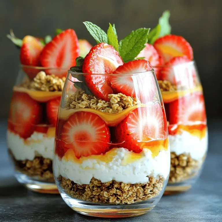 - 2 cups cottage cheese - 1 cup fresh strawberries, hulled and sliced - 1/2 cup granola (your choice) - 2 tablespoons honey or maple syrup - 1 teaspoon vanilla extract - 1/4 teaspoon cinnamon (optional) Cottage cheese is the star of this parfait. It packs protein and gives a creamy texture. Fresh strawberries add sweetness and a burst of flavor. Granola offers a nice crunch and balances the softness. You can sweeten the mix with honey or maple syrup. Vanilla extract makes the flavors pop, while cinnamon gives a warm touch. - Fresh mint leaves Mint leaves are a lovely touch. They add color and a fresh taste. You can place them on top for a beautiful look. - Mixing bowl - Parfait glasses or bowls - Measuring cups and spoons Having the right tools makes cooking fun. Use a mixing bowl to combine your ingredients. Clear parfait glasses help show off the layers. Measuring cups and spoons ensure you get the right amounts. - First, mix 2 cups of cottage cheese with 2 tablespoons of honey or maple syrup. - Add 1 teaspoon of vanilla extract and 1/4 teaspoon of cinnamon if you like. - Stir until the mixture is smooth and creamy. - Grab your parfait glasses or bowls. - Start with a layer of the cottage cheese mix at the bottom. - Next, add a layer of 1 cup of sliced strawberries on top. - Sprinkle 1/2 cup of granola over the strawberries for crunch. - Repeat the layers until you reach the top of the glasses. - Drizzle a little more honey or maple syrup on the last layer if you wish. - Finally, garnish with fresh mint leaves for a bright touch. To make your parfait look great, layer carefully. Start with cottage cheese at the bottom. This holds everything in place. Next, add sliced strawberries. Then sprinkle granola on top. Repeat these layers until you fill your glass. To keep granola crunchy, add it last. If you mix it in too early, it gets soggy. You can change the sweetness to fit your taste. Start with two tablespoons of honey or maple syrup. Taste it first. If you want it sweeter, add more. You can also try different flavors. Instead of vanilla, use almond extract. A pinch of cocoa powder can add a nice twist too. For more nutrients, try adding nuts or seeds. Chopped almonds or walnuts give a nice crunch. You can also add chia seeds or flaxseeds for extra fiber. To keep things fresh, mix in other fruits. Blueberries, raspberries, or bananas work well. This adds color and flavor to your parfait. {{image_2}} You can change the fruit in your parfait. Try blueberries, bananas, or even raspberries. Each fruit brings its own taste. You might also want to use seasonal fruits. Fresh peaches in summer or apples in fall can be delicious. If you follow a vegan diet, you can swap cottage cheese for plant-based yogurt. This keeps your parfait creamy and tasty. For those with gluten issues, look for gluten-free granola. Many brands offer tasty options that fit this need. You can modify the parfait to fit breakfast or a quick snack. For breakfast, add more protein. You might include nuts or seeds for extra crunch. For a fast snack, keep it simple. Layer fewer ingredients and enjoy it on the go. To keep your parfait fresh, cover it tightly. Use plastic wrap or a lid. Place the parfait in the fridge right away. This helps keep it cool and tasty. If you use granola, store it separately. This keeps it crunchy. When you're ready to eat, layer the granola back on top. You can prepare the ingredients ahead of time. Slice the strawberries and store them in a container. Mix the cottage cheese with sweeteners in a bowl. Keep everything in the fridge until you are ready to assemble. When you want to eat, layer the ingredients in parfait glasses. This makes it easy to enjoy a quick meal. Your parfait will stay fresh for about two days in the fridge. After that, the strawberries may get mushy. If you see any signs of mold or smell something off, throw it away. It’s better to be safe than sorry! A Cottage Cheese Strawberry Parfait has about 300 calories per serving. This can vary based on the ingredients you choose. Here’s the breakdown: - Cottage cheese (2 cups): 206 calories - Strawberries (1 cup): 50 calories - Granola (1/2 cup): 150 calories (depends on brand) - Honey or maple syrup (2 tablespoons): 120 calories By adjusting the granola or sweetener, you can manage the calorie count. This parfait is a nutritious choice, packed with protein and vitamins! Yes, you can use frozen strawberries! They are a great alternative. Here are some advantages and considerations: - Advantages: Frozen strawberries are often picked at peak ripeness. They stay fresh longer and are usually cheaper. They also save time on washing and hulling. - Considerations: Thaw the strawberries before use. This helps them mix well with the cottage cheese. Be aware that they may be mushy, which can affect texture. Using frozen strawberries can make this recipe quick and easy! Cottage cheese is a protein powerhouse! Here’s why it’s great for you: - High protein content: One cup has about 28 grams of protein. This helps build and repair muscles. - Low in fat: It has less fat than many other dairy products. This makes it a healthy choice for many diets. - Rich in calcium: Cottage cheese supports strong bones and teeth. It also aids in weight management. Adding cottage cheese to your diet can boost your protein intake and keep you feeling full! In this post, I shared how to make a tasty Cottage Cheese Strawberry Parfait. We covered the key ingredients like cottage cheese, strawberries, and granola. You learned layering steps and tips to perfect it. Adding personal touches with sweeteners and different fruits can make it unique. Remember to store your parfaits well for freshness. Enjoy this healthy treat for breakfast or a snack. You now have all you need to create your own delicious parfait!