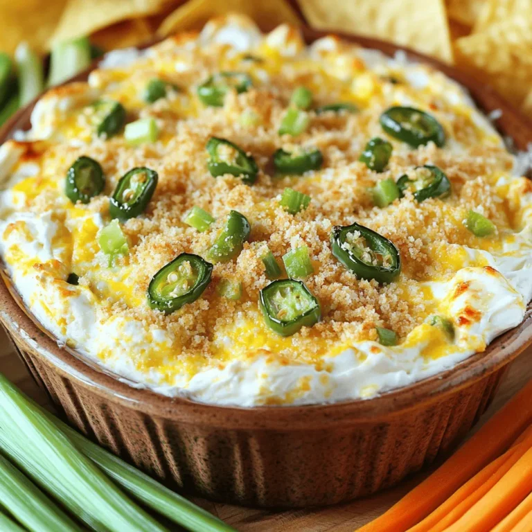- 8 oz cream cheese, softened - 1 cup sour cream - 1 cup shredded cheddar cheese - 1 cup shredded pepper jack cheese - 4-6 fresh jalapeños, diced - 1/2 cup green onions, chopped - 1/2 cup breadcrumbs (optional) - 1 tablespoon garlic powder - 1 teaspoon smoked paprika - Salt and pepper to taste You can swap cream cheese with Greek yogurt for a lighter dip. For sour cream, use plain yogurt or cottage cheese. If you want different cheeses, try gouda or mozzarella. These changes keep the flavors tasty and fun! - Preheat the oven and prepare baking dish First, set your oven to 350°F (175°C). This temperature works best for baking the dip. While it heats, grab an 8x8-inch baking dish. You can lightly grease it with a bit of oil to prevent sticking. - Mixing the base ingredients In a large mixing bowl, add 8 oz of softened cream cheese and 1 cup of sour cream. Use a fork or a mixer to blend them until smooth. This mix is the creamy base of your dip. - Incorporating additional flavors Next, add 1 cup of shredded cheddar cheese and 1 cup of shredded pepper jack cheese. Then, toss in 4-6 diced jalapeños, 1/2 cup of chopped green onions, 1 tablespoon of garlic powder, and 1 teaspoon of smoked paprika. Don’t forget to add salt and pepper to taste. Stir everything until it is well combined. - Transferring dip to baking dish Once mixed, carefully transfer the dip mixture into your greased baking dish. Spread it out evenly with a spatula to ensure even cooking. - Adding topping (if using breadcrumbs) If you like a crunchy topping, sprinkle 1/2 cup of breadcrumbs evenly over the dip. This step is optional but adds a nice texture. - Baking time and checking doneness Place the dish in the preheated oven. Bake for 20-25 minutes. You’ll know it’s done when the dip is bubbly and the top is slightly golden. Once it’s ready, take it out and let it cool for a few minutes before serving. - Achieving the right creaminess: Start with softened cream cheese. Mixing it well with sour cream makes a smooth base. Blend until there are no lumps. This ensures a creamy texture that is easy to scoop. - Balancing spice levels: If you want less heat, remove the seeds from the jalapeños. You can also use fewer jalapeños. For a spicier kick, leave some seeds in. Taste the mixture before baking. Adjust as needed with extra jalapeños or a dash of hot sauce. - Ensuring even baking: Spread the dip evenly in your baking dish. This helps it cook through without hot or cold spots. Keep an eye on it during the last few minutes. When the top is golden, it’s ready! - Best dipping options: Pair the dip with tortilla chips for a classic crunch. Crackers also work well, adding a nice snap. For a fresh touch, use sliced veggies like carrots or bell peppers. They add color and flavor. - Garnishing ideas for presentation: Add sliced green onions or jalapeños on top before serving. This gives a pop of color. You can also sprinkle some smoked paprika for extra flair. It makes the dip look as good as it tastes! {{image_2}} You can change up the taste of this dip easily. Adding different spices can make it unique. Try adding cumin for warmth or chili powder for extra heat. If you want a smoky flavor, toss in some smoked paprika. You can even add a few dashes of hot sauce for a kick. Incorporating meats like bacon or crab can also enhance this dip. Bacon adds a crispy texture and rich flavor. Just cook the bacon until crispy, chop it, and mix it into the dip. If you prefer crab, use lump crab meat for a touch of luxury. Stir it in gently to keep it chunky. For a gluten-free option, simply skip the breadcrumbs. The dip will still taste great without them. You can serve it with gluten-free chips or veggies. If you want a vegan adaptation, swap the cream cheese and sour cream for plant-based versions. Many brands offer vegan cream cheese made from nuts or soy. Use nutritional yeast for a cheesy flavor without dairy. Check labels for gluten-free options if needed. These simple changes make the dip suitable for everyone. To keep your creamy jalapeño popper dip fresh, store it in the fridge. Place it in an airtight container. It will last for about three to four days. If you want to freeze it, that’s simple too. Use a freezer-safe container. Make sure to leave space at the top, as the dip will expand. It can stay in the freezer for up to three months. When ready to enjoy the dip again, you can reheat it. The best way is to use an oven. Preheat it to 350°F (175°C). Place the dip in an oven-safe dish. Heat for about 15-20 minutes until warm. You can also use a microwave. Heat it in short bursts, stirring in between. This method is quick but may change the texture a bit. To keep the dip creamy, avoid overheating. Stirring helps maintain a smooth texture. If it seems thick, add a splash of sour cream or cream cheese to revive it. How do I make my dip less spicy? You can cut down the heat by removing the seeds from the jalapeños. If you want it even milder, use fewer jalapeños. You can also mix in some extra cream cheese or sour cream. This will help cool it down. Can I prepare this dip in advance? Yes, you can make this dip ahead of time. Mix all the ingredients and store it in the fridge. Just bake it right before serving. This makes your party prep easier. What are the best chips to use for dipping? Tortilla chips are a classic choice. They are crispy and tasty. You can also try pita chips or fresh veggie sticks. Carrot and cucumber sticks work well, too. Can I serve the dip cold? This dip tastes best when it is warm and gooey. If you prefer it cold, feel free to try it. Just know the flavors will change a bit. How long can the dip sit out during a party? The dip can sit out for about two hours. After that, it’s best to refrigerate it. Keeping food safe is important, so be mindful of time! This blog explored a tasty layered dip that’s easy to make and adapt. You learned about key ingredients and useful substitutions. The step-by-step guide ensures your dip comes out perfect every time. Remember the tips for balancing spice and garnishing for a great look. Explore flavor options and dietary variations to suit everyone. Store leftovers properly and reheat for the best taste. With these tricks, you’ll impress your guests and enjoy every bite. Get ready to share this delicious dip at your next gathering!