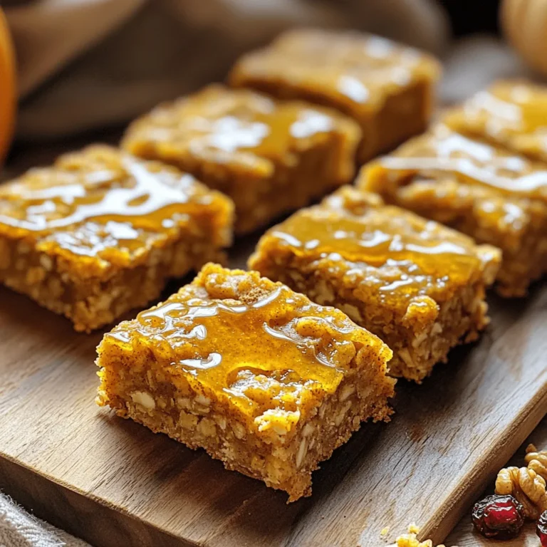 To start, we need three key ingredients that form the base of our bars: - 2 cups rolled oats - 1 cup canned pumpkin puree - 1/2 cup almond butter (or peanut butter) These rolled oats give our bars texture and fiber. The canned pumpkin adds moisture and a warm flavor. Almond butter, or peanut butter, offers healthy fats and binds everything together. Next, let’s sweeten and spice things up: - 1/4 cup honey or maple syrup - 1 teaspoon ground cinnamon - 1/2 teaspoon ground nutmeg Honey or maple syrup brings sweetness. Cinnamon and nutmeg add that cozy pumpkin spice flavor. These spices make each bite delightful. For extra crunch or sweetness, consider these optional ingredients: - 1/2 cup chopped walnuts or pecans - 1/2 cup dried cranberries or chocolate chips Chopped nuts provide a great crunch. Dried cranberries or chocolate chips add sweetness and fun. Feel free to mix and match based on your taste. This list of ingredients makes it easy to prepare your Pumpkin Spice Oatmeal Breakfast Bars. Each ingredient plays a key role in creating a delicious treat. First, preheat your oven to 350°F (175°C). This step is key to getting even baking. Next, line an 8x8 inch baking dish with parchment paper. Leave some paper hanging over the sides. This helps you lift the bars out later. In a large bowl, combine 2 cups of rolled oats, 1 teaspoon of ground cinnamon, 1/2 teaspoon of ground nutmeg, 1/2 teaspoon of ground ginger, and 1/4 teaspoon of salt. Mix these dry ingredients well. This blend brings a warm, fall flavor to your bars. In another bowl, blend together 1 cup of canned pumpkin puree, 1/2 cup of almond butter (or peanut butter), 1/4 cup of honey (or maple syrup), 1/2 cup of unsweetened applesauce, and 1 teaspoon of vanilla extract. Make sure this mixture is smooth. Once it is, pour it into the bowl with the dry ingredients. Stir well until all oats are coated. If you want, fold in 1/2 cup of chopped walnuts (or pecans) and 1/2 cup of dried cranberries (or chocolate chips) for extra flavor. Transfer this mixture to your lined baking dish. Press it down firmly and evenly into the corners. Use a spatula or your hands to pack it tight. Now, bake in the preheated oven for 25-30 minutes. Check if the edges turn golden brown and if the center feels set. Once done, let it cool for about 10-15 minutes in the pan. Lift the bars out using the parchment paper and cool them completely on a wire rack. After they cool, cut them into squares or bars. Enjoy this tasty, healthy treat! - Store your bars in an airtight container. This keeps them fresh and moist. - You can freeze these bars for longer storage. Wrap them tightly in plastic wrap, then place in a freezer bag. They can last up to three months. - For a beautiful presentation, serve on a rustic wooden board. - Drizzle with honey or maple syrup before serving. This adds extra sweetness and makes them look lovely. You can also sprinkle some cinnamon on top for a nice touch. - Make sure to pack the mixture down tightly in the baking dish. This helps your bars bake evenly. - If you like softer bars, check them at 25 minutes. For firmer bars, leave them in for the full 30 minutes. {{image_2}} To make these pumpkin spice oatmeal breakfast bars gluten-free, you need to use certified gluten-free oats. Regular oats may contain gluten due to cross-contamination. Always check the label to ensure they are safe. You can keep the rest of the ingredients the same. This simple swap allows everyone to enjoy these tasty bars without worry. If you want to make these bars vegan, you can swap out honey for maple syrup. This keeps the sweetness and maintains the flavor. For the nut butter, almond butter works well, but you can use sunflower seed butter if you have nut allergies. Both options give you great taste and texture without animal products. Feel free to get creative with mix-ins! You can add different nuts, like pecans or almonds, for crunch. Seeds like chia or pumpkin seeds also add a nice touch. If you want a fruity twist, try adding dried apples or raisins. Chocolate chips can make the bars more indulgent. The options are endless, so have fun with it! Each Pumpkin Spice Oatmeal Breakfast Bar contains about 130 calories. This count can vary based on optional add-ins. If you choose to add nuts or chocolate chips, the calorie count may rise. A serving size is one bar. For a full batch of 16 bars, you get a blend of flavors and nutrients that feel like a treat. Oats are the star of this recipe. They provide fiber, which aids digestion. Fiber helps keep you full longer. Pumpkin is low in calories but high in vitamins. It’s rich in vitamin A, which is good for your eyes. Nuts, like walnuts or pecans, add healthy fats and protein. They also give the bars a nice crunch. If you add cranberries or chocolate chips, you’ll get extra antioxidants. Each ingredient plays a role in making these bars both tasty and nutritious. These bars are great for many diets. They can fit into vegetarian and gluten-free plans. Just make sure to use certified gluten-free oats. If you have nut allergies, you can swap almond butter for sunflower seed butter. Honey can be replaced with maple syrup to make these bars vegan. Always check labels for allergens. This way, you can enjoy your breakfast safely. You can easily make these bars vegan by swapping some ingredients. Use maple syrup instead of honey. For the nut butter, almond butter works well. You can also replace the eggs with flaxseed meal. Mix one tablespoon of flaxseed meal with three tablespoons of water. Let it sit until it thickens. This mix acts like an egg. These bars stay fresh for about a week. Store them in an airtight container. Keep them at room temperature for best taste. You can also freeze them for longer life. Wrap each bar in plastic wrap. Then, place them in a freezer-safe bag. They can last for up to three months in the freezer. Yes, you can use fresh pumpkin. It will change the texture slightly. Fresh pumpkin can be more watery. To fix this, cook the pumpkin first. Roast it until soft, then mash it well. Drain any excess water before adding it to your mix. This way, you’ll keep the right consistency for your bars. These Pumpkin Spice Oatmeal Breakfast Bars blend simple ingredients for a tasty treat. I showed you how to mix oats, pumpkin, and spices into delicious bars. Follow the steps, and enjoy soft, chewy snacks. Keep them fresh with my storage tips and try the variations for new flavors. Remember, these bars are healthy and fun to make. They fit many diets, too. Enjoy baking and making these bars your own!