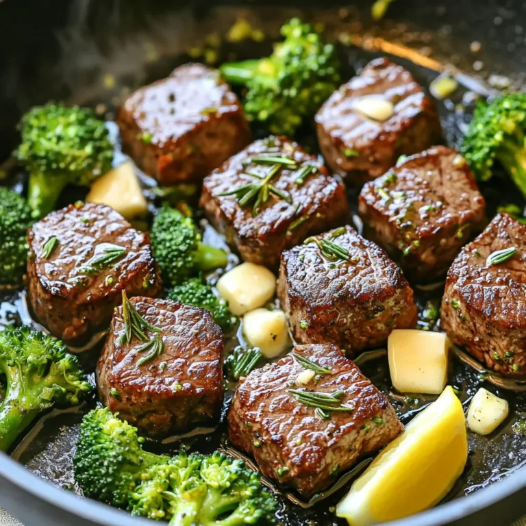 - 1 lb sirloin steak, cut into bite-sized cubes - 4 tablespoons unsalted butter - 4 cloves garlic, minced - 1 teaspoon fresh rosemary, chopped - 1 teaspoon fresh thyme, chopped - Salt and pepper to taste - 2 cups broccoli florets - 1 tablespoon olive oil - Lemon wedges for garnish Gathering the right ingredients sets you up for success. Start with a pound of sirloin steak. Cut it into bite-sized cubes for easy cooking and eating. Use unsalted butter for rich flavor. You will need four cloves of minced garlic to give your dish that amazing aroma. For herbs, grab some fresh rosemary and thyme. They add depth to your steak bites. Don't forget the salt and pepper! They enhance all the flavors and make everything pop. Now, let’s not forget the vegetable side. Broccoli florets add color and health to your meal. Sauté them in olive oil for a tasty crunch. Finally, some lemon wedges will brighten your plate and add a zesty kick. With these ingredients, you’re on your way to making a delightful meal that is full of flavor! Start by cutting your sirloin steak into bite-sized cubes. This helps the meat cook evenly. Next, season the steak cubes with salt and pepper. Make sure to coat each piece well. This step ensures every bite bursts with flavor. Now, heat a large skillet over medium-high heat. Add 2 tablespoons of unsalted butter and let it melt. Wait until the butter is hot and bubbling. This is the perfect time to add the seasoned steak bites. Place them in a single layer in the skillet. Be careful not to overcrowd the pan. This helps the steak sear properly. Once your steak bites are in the skillet, let them cook for 2-3 minutes without moving them. This forms a nice crust. After that, flip the bites and cook for another 2-3 minutes. You can adjust the time based on how you like your steak cooked. Now, reduce the heat to medium. Push the steak to one side of the skillet. Add the remaining 2 tablespoons of butter, minced garlic, rosemary, and thyme. Stir these ingredients together and let them cook for 1-2 minutes. You want the garlic to turn golden and fragrant. Finally, mix everything together in the skillet for one more minute. This blends all the rich flavors perfectly. To get your steak just right, start by checking the cooking time. For medium doneness, cook the steak bites for about 4-6 minutes total. If you like it rare, cut down the time to 3-4 minutes. Always let your cooked steak rest for 5 minutes before serving. This helps keep it juicy. For tender-crisp broccoli, sauté it over medium heat. Cook for about 5-7 minutes. Stir it often to avoid burning. A light sprinkle of salt enhances the taste. You can also add a pinch of garlic powder or lemon zest for extra flavor. Switch up the herbs if you want! Fresh basil or parsley works great too. If you prefer a different cut of steak, try ribeye or filet mignon. Both offer rich flavor and tenderness. {{image_2}} You can add more veggies to your skillet! Low-carb options include zucchini, bell peppers, and asparagus. These veggies pair well with steak and cook quickly. - Zucchini: Slice it into half-moons. Sauté it for about 3-4 minutes until tender. - Bell Peppers: Cut them into strips. Cook for about 5 minutes for a nice crunch. - Asparagus: Snap off the ends and sauté for 4-5 minutes until bright green. Feel free to mix and match these veggies for added color and taste! You can cook your steak bites in different ways. Grilling gives a smoky flavor, while baking is easy and hands-off. - Grilling: Preheat your grill to medium-high. Skewer the steak bites and grill for about 2-3 minutes per side. - Oven-Baked: Preheat your oven to 400°F (200°C). Spread the steak bites on a baking sheet and cook for about 10 minutes. Both methods can bring out unique flavors in your steak! Marinades can add a lot of flavor to your steak. Simple ones work best for keto. - Garlic and Herb Marinade: Mix olive oil, minced garlic, and herbs. Let the steak marinate for at least 30 minutes. - Spicy Marinade: Combine olive oil, chili flakes, and lime juice for heat. For butter blends, consider adding herbs like parsley or chives. Mix them with your melted butter for a tasty drizzle over the steak. To store leftovers, let the steak bites cool down. Place them in a container with a tight lid. Use a glass or plastic container to keep them fresh. The steak bites stay good for up to three days in the fridge. For freezing, use freezer-safe containers. Make sure to leave space for expansion. You can freeze the steak bites for up to three months. To thaw, place the container in the fridge overnight. This helps keep the texture nice. Reheat steak bites in a skillet over low heat. Add a little butter or broth to keep them moist. Heat for about five minutes, stirring often. This method helps avoid dryness. You can also use a microwave on medium power. Heat for 30-second intervals, checking often. Yes, you can use chicken. Chicken thighs work best for this dish. They stay moist and tender. Cut them into bite-sized pieces just like the steak. Season them the same way you would the steak. Cook them until they reach 165°F for safety. To make this dish dairy-free, use olive oil instead of butter. You can also try avocado oil for a rich flavor. For a buttery taste, try dairy-free butter. Look for brands that fit your diet needs. This dish is high in protein and low in carbs. The steak provides healthy fats and amino acids. Broccoli adds fiber and vitamins. Overall, it fits well into a keto diet. Each serving has around 25 grams of protein and 5 grams of carbs. To keep the steak tender, choose a good cut like sirloin. Don’t overcook it; aim for medium doneness. Let the steak rest after cooking. This helps juices stay inside the meat. Slice against the grain to ensure each bite is tender. This blog post covered a tasty steak recipe, its key ingredients, and cooking steps. You learned how to season and cook the steak perfectly while pairing it with tender broccoli. Remember, the right herbs and cooking methods can enhance your meal. Explore variations for different flavors and storage tips for leftovers. By following these steps, you can create a delicious dish that suits your taste. Enjoy your cooking journey and keep experimenting with new flavors!