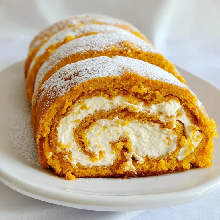 To make a delicious Pumpkin Cream Cheese Roll Cake, you need these key ingredients: - 3/4 cup all-purpose flour - 1 cup pumpkin puree (canned or fresh) - 1 tsp baking powder - 1/2 tsp baking soda - 1 tsp ground cinnamon - 1/2 tsp ground nutmeg - 1/4 tsp ground ginger - 1/4 tsp salt - 3 large eggs - 1 cup granulated sugar - 1 tsp vanilla extract - 8 oz cream cheese, softened - 1/2 cup powdered sugar - 1/4 cup unsalted butter, softened - 1 tsp vanilla extract (for cream cheese filling) These ingredients work together to create a moist cake and a rich cream cheese filling. The pumpkin puree adds flavor and keeps the cake soft. Spices like cinnamon and nutmeg give it that cozy fall taste. You can make your cake even better with some fun garnishes: - Chopped nuts - Chocolate shavings These add a nice crunch and a touch of elegance to your cake. Feel free to get creative! 1. Preheat your oven: Start by setting your oven to 350°F (175°C). This helps the cake bake evenly. 2. Prepare the pan: Grab a 15x10-inch jelly roll pan. Line it with parchment paper and lightly grease it. This step ensures the cake comes out easily. 3. Mix dry ingredients: In a medium bowl, whisk together these dry items: - 3/4 cup all-purpose flour - 1 tsp baking powder - 1/2 tsp baking soda - 1 tsp ground cinnamon - 1/2 tsp ground nutmeg - 1/4 tsp ground ginger - 1/4 tsp salt Mix them well until they are fully combined. This blend adds flavor to your cake. 1. Beat eggs and sugar: In a large mixing bowl, beat 3 large eggs with 1 cup granulated sugar. Mix until it gets thick and pale. This takes about 2-3 minutes. 2. Add pumpkin and vanilla: Next, mix in 1 cup pumpkin puree and 1 tsp vanilla extract. Stir until smooth. The pumpkin gives moisture and flavor to the cake. 1. Spread the batter: Pour the batter into your prepared pan. Spread it evenly into the corners. 2. Bake the cake: Place it in your preheated oven. Bake for about 15-20 minutes. Use a toothpick to check if it’s done. If it comes out clean, it’s ready. 3. Cool the cake: Remove the pan from the oven. Sprinkle powdered sugar over a clean dish towel. Carefully flip the cake onto the towel, peeling off the parchment paper. Roll it up gently from the short side. Let it cool completely in the towel. 1. Mix the filling ingredients: In a mixing bowl, beat 8 oz softened cream cheese and 1/4 cup unsalted butter until it’s smooth. Gradually add in 1/2 cup powdered sugar and 1 tsp vanilla extract. Keep mixing until it's creamy and well combined. 1. Spread the filling: Once the cake is cool, unroll it carefully. Spread the cream cheese filling evenly over the cake, leaving a small border around the edges. 2. Roll it up: Gently roll the cake back up, this time with the cream cheese filling inside. Wrap it tightly in plastic wrap. Refrigerate for at least 1 hour to let it set. By following these steps, you create a beautiful pumpkin cream cheese roll cake that is sure to impress! - Avoiding overmixing: When mixing wet and dry ingredients, fold gently. This keeps the cake light. Overmixing can make it dense. The batter should be just combined, with no lumps. - Ensuring even baking: Bake the cake in a preheated oven. Use a jelly roll pan to spread the batter evenly. This helps it cook through and rise well. Rotate the pan halfway to avoid hot spots. - Serving suggestions: Slice the roll cake into even pieces. Serve on a nice platter. You can drizzle some cream cheese frosting or caramel sauce on the plate for flair. This makes it look inviting. - Decorative garnishing tips: Add a sprinkle of chopped nuts or chocolate shavings on top. This adds texture and flavor. A sprig of mint can bring a pop of color. It makes your cake look fancy and fun. {{image_2}} You can easily change the flavor of your pumpkin cream cheese roll cake. One way is to add extra spices. Try mixing in ground cloves or allspice for a rich taste. You can also adjust the amount of cinnamon and nutmeg for a stronger flavor. Using different fillings is another fun way to switch things up. Instead of cream cheese, try using mascarpone or ricotta cheese. You can also add a swirl of chocolate or caramel sauce for a sweet surprise. If you need gluten-free options, use a gluten-free flour blend. Just make sure it has a good binding agent, like xanthan gum. This keeps your cake soft and moist. For vegan alternatives, replace eggs with flaxseed meal mixed with water. Use a plant-based cream cheese spread too. You can also swap regular sugar for coconut sugar or maple syrup for a healthier touch. To keep your pumpkin cream cheese roll cake fresh, follow these steps: - Refrigeration: Store the roll cake in the fridge. Place it in an airtight container or cover it with plastic wrap. This keeps it moist and prevents it from drying out. - Freezing: If you want to save some for later, freeze it. Wrap the roll tightly in plastic wrap, then place it in a freezer bag. This helps avoid freezer burn. When stored properly, your pumpkin cream cheese roll cake can last: - In the fridge: About 4 to 5 days. - In the freezer: Up to 2 months. Make sure to label the container with the date. This helps you know when to enjoy it! How can I make the cake more moist? To make your cake moist, add more pumpkin puree. You can also try adding applesauce. Both options help keep the cake soft and flavorful. Another tip is to avoid overbaking. Check it a few minutes early to pull it out at the right time. Can I use homemade pumpkin puree? Yes, you can use homemade pumpkin puree! Just make sure to cook and drain it well. This helps remove excess water. A thicker puree gives your cake the best texture. What can I substitute for cream cheese? You can use mascarpone cheese or ricotta cheese. Both options give a creamy texture. If you want a lighter option, try Greek yogurt. It won’t have the same taste, but it works well. Why did my cake crack? Cracks can happen if the cake bakes too fast. Make sure your oven is at the right temperature. If it’s too hot, it can rise too quickly. Also, avoid overmixing the batter. This can create too much air, leading to cracks. How to fix a soggy filling? If your filling is too soggy, try adding more powdered sugar. This can help thicken it up. You can also chill the filling longer before spreading it. If it feels too wet, let it sit in the fridge for a bit. This blog post covered how to make a delicious pumpkin roll cake. We discussed key ingredients like flour, pumpkin puree, and cream cheese. I shared simple steps to mix, bake, and fill your cake perfectly. You learned helpful tips for great results, along with fun ways to adjust flavors and stay within dietary needs. Proper storage techniques help keep your cake fresh longer. Remember, with this guide, you can confidently create and enjoy your pumpkin roll cake. Happy baking!
