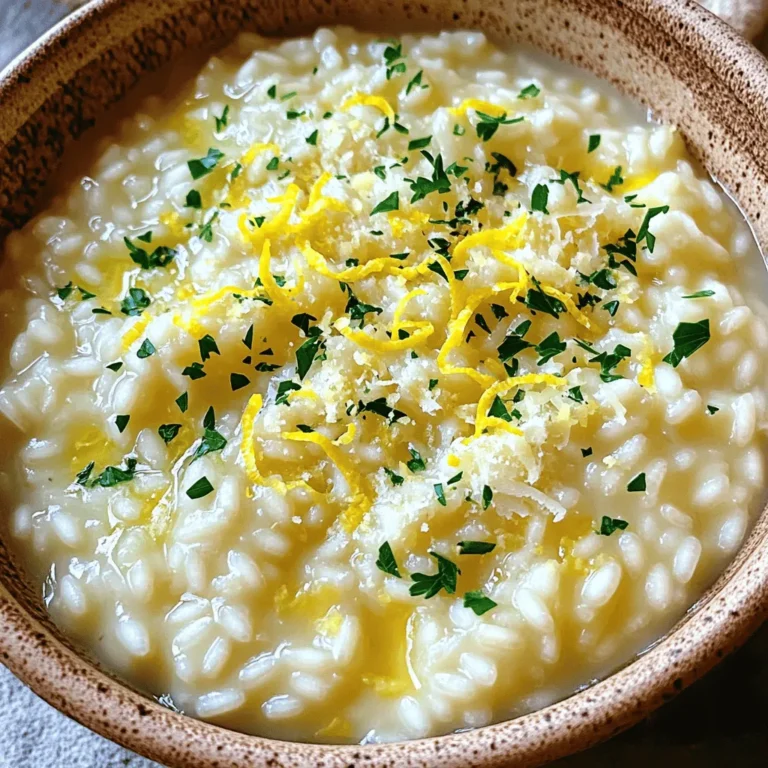 To make a tasty One-Pot Lemon Parmesan Risotto, gather these simple items: - 1 cup Arborio rice - 4 cups vegetable broth - 1 medium onion, finely chopped - 3 cloves garlic, minced - 1 tablespoon olive oil - 1 tablespoon butter - Zest of 1 lemon - 1/4 cup fresh lemon juice - 1 cup grated Parmesan cheese - 1/2 teaspoon salt - 1/4 teaspoon black pepper - Fresh parsley, chopped (for garnish) Each ingredient plays a key role in creating the dish’s creamy texture and bright flavor. Arborio rice is special because it absorbs liquid well and becomes creamy. The vegetable broth adds depth to the taste. Onions and garlic give a sweet and savory base. Olive oil and butter create a rich foundation. Lemon zest and juice bring a refreshing zing. Grated Parmesan cheese adds a salty richness that ties everything together. Seasoning with salt and pepper enhances the flavors. Finally, garnish with parsley to add color and freshness. With these ingredients, you’ll create a dish that’s both simple and delightful. 1. First, heat 1 tablespoon of olive oil and 1 tablespoon of butter in a large pot. Set the heat to medium. Wait until the butter melts and bubbles. 2. Next, add 1 finely chopped medium onion. Sauté it for about 4-5 minutes until it turns soft and clear. 3. Stir in 3 minced garlic cloves. Cook for 1 minute until the kitchen smells great. 4. Now, add 1 cup of Arborio rice to the pot. Stir the rice for 2-3 minutes. This toasts the rice and gives it a nice flavor. 5. Gradually add 4 cups of vegetable broth, one ladle at a time. Stir the rice as you pour in the broth. 6. Wait for each ladle to be absorbed before adding the next. This step takes about 18-20 minutes. 7. Keep stirring until the rice is creamy and just a bit firm to the bite. 8. Remove the pot from the heat. Stir in the zest of 1 lemon and 1/4 cup of fresh lemon juice. 9. Add 1 cup of grated Parmesan cheese, 1/2 teaspoon of salt, and 1/4 teaspoon of black pepper. Mix it well until the cheese melts and becomes creamy. 10. Taste your risotto. If it needs more flavor, adjust the seasoning as needed. Stirring is key when making risotto. When you stir, you help release the starch from the rice. This starch makes the risotto creamy. So, keep stirring as you add the broth. To test if your rice is done, taste it. It should be creamy yet firm. If it feels too hard, let it cook a bit longer. Adding fresh herbs can boost the flavor. Try using parsley, thyme, or basil. These herbs add a nice touch. Using homemade broth is another great way to enhance flavor. Store-bought broth works, but homemade broth adds depth. If you have time, try making your own! For garnishing, use fresh parsley and lemon zest. This adds color and brightness. A sprinkle of extra Parmesan on top makes it look special. Serve the risotto in warm bowls. This keeps the dish hot and inviting. A side salad or crusty bread pairs well with the risotto. {{image_2}} You can make this risotto even better by adding veggies. Seasonal vegetables work well. Think peas in spring or butternut squash in fall. You can also add spinach or kale for a pop of color and nutrition. Just toss them in when you add the broth. They will cook down nicely and add great taste. Want to make this meal heartier? You can add protein easily. Grilled chicken or shrimp makes a great option. Just cook them separately and stir them in at the end. For a vegetarian twist, consider chickpeas or lentils. They add protein and flavor without meat. Don’t be afraid to play with flavors! Different cheeses can change the taste. Try using goat cheese or feta for a tangy kick. You can also experiment with citrus. Lime or orange zest can add a unique twist. Just remember to adjust the lemon juice to balance the flavors. To keep your One-Pot Lemon Parmesan Risotto fresh, let it cool first. Spread it out on a plate to speed up cooling. Once cool, transfer it to an airtight container. Make sure to seal it well. This will help keep the risotto moist and flavorful. It can last in the fridge for about three days. When it's time to enjoy leftovers, reheat your risotto gently. The best way is to use a stovetop. Add a splash of broth or water to keep it creamy. Stir it often to avoid sticking. You can also use the microwave, but check every minute to keep it from drying out. Yes, you can freeze risotto! But keep in mind, the texture might change. To freeze, place it in a freezer-safe container. Leave some space at the top for expansion. When you want to eat it, thaw it in the fridge overnight. Reheat it on the stovetop, adding liquid to restore creaminess. Arborio rice is the best choice for risotto. This rice has a high starch content. When cooked, it releases creamy goodness. This makes your risotto smooth and rich. Other types of rice do not work as well. They lack the right texture for risotto. Yes, you can make risotto ahead of time. To store it, let it cool down first. Place it in an airtight container. You can keep it in the fridge for up to three days. When you reheat it, add a splash of broth. This keeps it creamy and delicious. To make a dairy-free risotto, swap the cheese. Use nutritional yeast for a cheesy flavor. You can also try coconut cream for creaminess. This gives the dish a nice texture. Just be sure to adjust the seasoning to taste. You can use chicken broth in your risotto. It will change the flavor a bit. Chicken broth adds a richer taste. If you like a deeper flavor, go for it. Just remember to adjust the salt in your dish. Perfect risotto combines simple ingredients and steps for a delicious dish. We discussed how to make it creamy and flavorful, focusing on key steps like toasting the rice and gradually adding broth. I shared tips on enhancing flavor, adding proteins, and presenting your dish beautifully. Don’t forget about storage methods for leftovers! With these insights, you can confidently create risotto that impresses. Enjoy experimenting with flavors and variations that suit your taste!