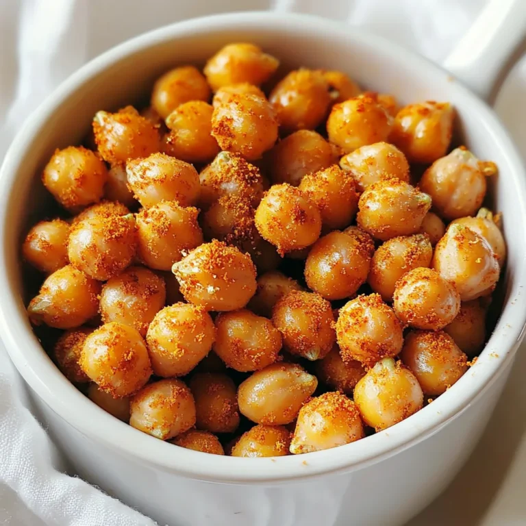 To make crispy air fryer chickpeas, you need these simple ingredients: - 1 can (15 oz) chickpeas, rinsed and drained - 1 tablespoon olive oil - 1 teaspoon smoked paprika - 1 teaspoon garlic powder - ½ teaspoon onion powder - ½ teaspoon cumin - ½ teaspoon sea salt - ¼ teaspoon black pepper - 1 tablespoon nutritional yeast (optional for a cheesy flavor) These ingredients create a tasty crunch that is hard to resist! You can swap some ingredients if needed: - Use avocado oil instead of olive oil for a different flavor. - Try chili powder instead of smoked paprika for a spicier kick. - Skip nutritional yeast if you want a simpler taste. Feel free to mix and match based on what you have at home! This snack is healthy and packed with nutrients. Here’s a rough breakdown per serving: - Calories: 150 - Protein: 7g - Fat: 5g - Carbohydrates: 20g - Fiber: 6g Crispy chickpeas are not just tasty but also fill you up. They make a great snack or salad topper! Start with one can of chickpeas. Rinse them well and drain the water. Spread the chickpeas on a clean towel. Pat them gently until they are dry. Removing moisture helps them get crispy. This step is very important for great texture. In a mixing bowl, add the dried chickpeas. Pour in one tablespoon of olive oil. Then, add one teaspoon of smoked paprika. Next, add one teaspoon of garlic powder. Follow this with half a teaspoon of onion powder, half a teaspoon of cumin, half a teaspoon of sea salt, and a quarter teaspoon of black pepper. If you like cheese flavor, toss in one tablespoon of nutritional yeast. Mix well until all the chickpeas are evenly coated. Preheat your air fryer to 400°F (200°C) for five minutes. Once it’s hot, add the seasoned chickpeas to the basket. Spread them in a single layer. If your air fryer is small, cook them in batches. Cook for 15 to 20 minutes. Shake the basket halfway through cooking. This helps them cook evenly. When they are golden brown and crispy, they are done! Take them out and let them cool for a few minutes. They will get crunchier as they cool. Enjoy your crispy chickpea snack! To make your chickpeas super crispy, drying them is key. After rinsing, spread them on a towel. Pat them dry gently. The less moisture, the crisper they become. Preheat your air fryer to 400°F (200°C). This step helps cook them evenly and quickly. Cook for 15-20 minutes, shaking the basket halfway. This ensures all sides get that perfect crunch. One mistake is not drying the chickpeas enough. If they are wet, they won't crisp up well. Another mistake is overcrowding the air fryer basket. Always place the chickpeas in a single layer. This allows hot air to circulate freely. Lastly, avoid skipping the oil. It helps the spices stick and adds flavor. These crispy chickpeas make a great snack on their own. You can also toss them in salads for added crunch. They pair well with hummus or yogurt dips. For a fun twist, sprinkle them over soups or grain bowls. You can even use them as a topping for roasted vegetables. Enjoy experimenting with different pairings! {{image_2}} You can change the flavor of your crispy chickpeas easily. For a spicy kick, add cayenne pepper or chili powder. Mix in a teaspoon for a bold taste. If you prefer sweet, try cinnamon and a dash of sugar. This gives a nice contrast to the chickpeas. You can also create a tangy version. Use lemon zest and a bit of lime juice for brightness. If you want to switch things up, there are many options. For a lower-fat version, skip the olive oil. Instead, use a spray oil. If you’re vegan, the nutritional yeast is great for a cheesy flavor. If you need gluten-free, all your ingredients already work! You can even try using different beans, like black beans, for a fun twist. Crispy chickpeas taste great as a snack or meal topper. Toss them on salads for extra crunch. They also work well in grain bowls. Use them in a wrap to add texture. You can even serve these chickpeas as a party snack. Just place them in a bowl, and watch everyone enjoy! After you enjoy your crispy chickpeas, store any leftovers in an airtight container. Make sure they are completely cool before sealing the container. This helps keep them crunchy. If you leave them warm, they might get soggy. You can keep them at room temperature for up to two days. If you want to reheat your chickpeas, use the air fryer. Preheat it to 350°F (175°C) for about 5 minutes. Then, add the chickpeas in a single layer. Heat them for about 5 minutes. This reheating method keeps them crispy. Avoid using the microwave, as it makes them soft. Crispy chickpeas are best enjoyed fresh. However, if stored properly, they can last up to one week. Keep them out of direct sunlight and moisture. If you notice them losing their crunch, it’s time to toss them. Stale chickpeas just won't taste as good! To keep chickpeas crispy, dry them well. After rinsing and draining, spread them on a towel. Pat them gently to remove extra moisture. This step helps them crisp up in the air fryer. Yes, you can use dried chickpeas, but they need more work. Soak them in water overnight. After soaking, cook them until tender. Then, let them cool and dry before seasoning. This way, you’ll get a great texture. For the best flavor, mix olive oil with spices. Use smoked paprika, garlic powder, onion powder, cumin, sea salt, and black pepper. Toss everything together so the chickpeas are coated well. You can also add nutritional yeast for a cheesy taste. This blog post covered the key steps for making crispy chickpeas. We looked at ingredients, how to prep, and cook them in an air fryer. I shared tips for crispiness and common mistakes to avoid. We also explored flavor variations and storage info. Try these recipes to enjoy tasty chickpeas at home. Experiment with flavors and have fun!
