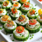 - Cucumber: Use one large cucumber. This will be the base of your bites. Its crispness adds a nice crunch. - Cream Cheese: You need 8 oz of softened cream cheese. This gives a rich and creamy texture. - Greek Yogurt: Add 2 tablespoons of Greek yogurt. It lightens the cream cheese and adds tang. - Fresh Dill: One tablespoon of chopped fresh dill brings a bright herb flavor. It pairs well with the cream cheese. - Garlic Powder: Use 1 teaspoon of garlic powder for a hint of garlic taste. It blends well into the mixture. - Onion Powder: Add 1 teaspoon of onion powder. This enhances the overall flavor of the bites. - Everything Bagel Seasoning: You will need 2 teaspoons of this seasoning. It gives that unique everything bagel taste. - Cherry Tomatoes: Halve some cherry tomatoes for garnish. They add color and a burst of sweetness. - Fresh Chives: Chop fresh chives to sprinkle on top. They add a fresh, onion-like flavor. These ingredients come together to create tasty and fresh cucumber bites. Each bite bursts with flavor and is perfect for any snack time. First, grab your large cucumber. Wash it well to remove dirt. Next, slice the cucumber into 1-inch thick rounds. A sharp knife helps with clean cuts. Arrange the slices on a serving platter. This will be the base for your bites. In a mixing bowl, take 8 ounces of softened cream cheese. Add 2 tablespoons of Greek yogurt to make it creamy. Mix them together until smooth. Then, stir in 1 tablespoon of chopped fresh dill. Add 1 teaspoon of garlic powder and 1 teaspoon of onion powder. Finally, mix in 2 teaspoons of everything bagel seasoning. Make sure everything blends well. Now it’s time to assemble your bites. Use a small spoon or a piping bag for this step. Take a cucumber slice and generously dollop the cream cheese mixture on top. Make sure it covers the slice nicely. Repeat this for all cucumber rounds. Once all the slices are topped, sprinkle the remaining 1 teaspoon of everything bagel seasoning over them. For a pop of color, add a half cherry tomato on each bite. Finish with a sprinkle of chopped chives for extra flavor. Chill the bites in the refrigerator for about 15 minutes. This helps them taste fresh and cool before serving. Pick a large cucumber that feels firm. Look for smooth skin and no soft spots. English cucumbers are great for this recipe. They have thin skin and fewer seeds. Slice them into 1-inch rounds for the best bite size. If you want a lighter option, try Greek yogurt. It adds creaminess and tang. You can also use vegan cream cheese for a dairy-free version. Sour cream works well too, giving a nice flavor. Add a squeeze of lemon for a zesty kick. You can mix in herbs like chives or parsley. For a spicy twist, add a pinch of cayenne pepper. Experiment with different toppings like smoked salmon or red pepper flakes. Arrange the cucumber bites on a colorful platter. Use cherry tomatoes and chives for bright colors. Chill the bites before serving for extra freshness. This makes them look and taste even better. {{image_2}} Want to add some heat? Use spicy cream cheese. Mix in some sriracha or hot sauce. Just a teaspoon will do. You can also add diced jalapeños. This gives a kick to each bite. It’s a great way to spice up the flavor. For a vegan option, replace cream cheese with vegan cream cheese. You can also use hummus for a different taste. Try almond or cashew cream as a rich alternative. Just make sure your everything bagel seasoning is vegan too. This way, everyone can enjoy these tasty bites. Get creative with your toppings! Instead of cherry tomatoes, try diced bell peppers. They add color and crunch. You can also use olives or pickles for a briny kick. Fresh herbs like parsley or basil can brighten the dish. Feel free to mix and match to find your favorite flavors! To keep your Everything Bagel Cucumber Bites fresh, store them in an airtight container. Make sure to layer them with parchment paper. This helps prevent sogginess. You can keep them in the fridge for up to two days. Enjoy them cold for the best taste. For the best flavor, store the cream cheese mixture separately. Keep it in the fridge in a sealed container. Cucumber slices tend to lose their crunch quickly. Slice them just before serving. This keeps them crisp and fresh. There’s no need to reheat these bites. They taste best chilled. If you have leftovers, just grab them straight from the fridge. Enjoy them as a quick snack anytime! Yes, you can make these bites ahead of time. Prepare them up to 24 hours in advance. Just keep them in the fridge. This helps the flavors blend well. The cucumbers will stay crisp and fresh. If you want a swap for cream cheese, try Greek yogurt or a dairy-free option. Hummus also works well for a twist. These alternatives keep the bites creamy and delicious. Look for everything bagel seasoning with a good mix of flavors. It should have sesame seeds, poppy seeds, garlic, and onion. Check the label for no added sugars or fillers. Freshness matters, so choose a recent batch. Yes, these bites are gluten-free. The main ingredients, cucumber and cream cheese, contain no gluten. Just ensure your everything bagel seasoning is gluten-free as well. Absolutely! You can add proteins like smoked salmon or shredded chicken. These additions can boost flavor and nutrition. Simply layer them on top of the cream cheese before serving. This blog post covered how to make Everything Bagel Cucumber Bites. We explored the key ingredients like cucumber, cream cheese, and fresh herbs. I shared step-by-step instructions for easy preparation and assembling. You also learned valuable tips for selecting the best ingredients and enhancing flavors. Variations allow you to customize these bites, and I provided storage info to keep them fresh. These bites are simple, tasty, and great for any gathering. Enjoy making and sharing this delightful snack!