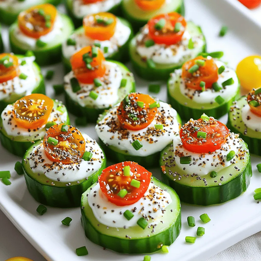 - Cucumber: Use one large cucumber. This will be the base of your bites. Its crispness adds a nice crunch. - Cream Cheese: You need 8 oz of softened cream cheese. This gives a rich and creamy texture. - Greek Yogurt: Add 2 tablespoons of Greek yogurt. It lightens the cream cheese and adds tang. - Fresh Dill: One tablespoon of chopped fresh dill brings a bright herb flavor. It pairs well with the cream cheese. - Garlic Powder: Use 1 teaspoon of garlic powder for a hint of garlic taste. It blends well into the mixture. - Onion Powder: Add 1 teaspoon of onion powder. This enhances the overall flavor of the bites. - Everything Bagel Seasoning: You will need 2 teaspoons of this seasoning. It gives that unique everything bagel taste. - Cherry Tomatoes: Halve some cherry tomatoes for garnish. They add color and a burst of sweetness. - Fresh Chives: Chop fresh chives to sprinkle on top. They add a fresh, onion-like flavor. These ingredients come together to create tasty and fresh cucumber bites. Each bite bursts with flavor and is perfect for any snack time. First, grab your large cucumber. Wash it well to remove dirt. Next, slice the cucumber into 1-inch thick rounds. A sharp knife helps with clean cuts. Arrange the slices on a serving platter. This will be the base for your bites. In a mixing bowl, take 8 ounces of softened cream cheese. Add 2 tablespoons of Greek yogurt to make it creamy. Mix them together until smooth. Then, stir in 1 tablespoon of chopped fresh dill. Add 1 teaspoon of garlic powder and 1 teaspoon of onion powder. Finally, mix in 2 teaspoons of everything bagel seasoning. Make sure everything blends well. Now it’s time to assemble your bites. Use a small spoon or a piping bag for this step. Take a cucumber slice and generously dollop the cream cheese mixture on top. Make sure it covers the slice nicely. Repeat this for all cucumber rounds. Once all the slices are topped, sprinkle the remaining 1 teaspoon of everything bagel seasoning over them. For a pop of color, add a half cherry tomato on each bite. Finish with a sprinkle of chopped chives for extra flavor. Chill the bites in the refrigerator for about 15 minutes. This helps them taste fresh and cool before serving. Pick a large cucumber that feels firm. Look for smooth skin and no soft spots. English cucumbers are great for this recipe. They have thin skin and fewer seeds. Slice them into 1-inch rounds for the best bite size. If you want a lighter option, try Greek yogurt. It adds creaminess and tang. You can also use vegan cream cheese for a dairy-free version. Sour cream works well too, giving a nice flavor. Add a squeeze of lemon for a zesty kick. You can mix in herbs like chives or parsley. For a spicy twist, add a pinch of cayenne pepper. Experiment with different toppings like smoked salmon or red pepper flakes. Arrange the cucumber bites on a colorful platter. Use cherry tomatoes and chives for bright colors. Chill the bites before serving for extra freshness. This makes them look and taste even better. {{image_2}} Want to add some heat? Use spicy cream cheese. Mix in some sriracha or hot sauce. Just a teaspoon will do. You can also add diced jalapeños. This gives a kick to each bite. It’s a great way to spice up the flavor. For a vegan option, replace cream cheese with vegan cream cheese. You can also use hummus for a different taste. Try almond or cashew cream as a rich alternative. Just make sure your everything bagel seasoning is vegan too. This way, everyone can enjoy these tasty bites. Get creative with your toppings! Instead of cherry tomatoes, try diced bell peppers. They add color and crunch. You can also use olives or pickles for a briny kick. Fresh herbs like parsley or basil can brighten the dish. Feel free to mix and match to find your favorite flavors! To keep your Everything Bagel Cucumber Bites fresh, store them in an airtight container. Make sure to layer them with parchment paper. This helps prevent sogginess. You can keep them in the fridge for up to two days. Enjoy them cold for the best taste. For the best flavor, store the cream cheese mixture separately. Keep it in the fridge in a sealed container. Cucumber slices tend to lose their crunch quickly. Slice them just before serving. This keeps them crisp and fresh. There’s no need to reheat these bites. They taste best chilled. If you have leftovers, just grab them straight from the fridge. Enjoy them as a quick snack anytime! Yes, you can make these bites ahead of time. Prepare them up to 24 hours in advance. Just keep them in the fridge. This helps the flavors blend well. The cucumbers will stay crisp and fresh. If you want a swap for cream cheese, try Greek yogurt or a dairy-free option. Hummus also works well for a twist. These alternatives keep the bites creamy and delicious. Look for everything bagel seasoning with a good mix of flavors. It should have sesame seeds, poppy seeds, garlic, and onion. Check the label for no added sugars or fillers. Freshness matters, so choose a recent batch. Yes, these bites are gluten-free. The main ingredients, cucumber and cream cheese, contain no gluten. Just ensure your everything bagel seasoning is gluten-free as well. Absolutely! You can add proteins like smoked salmon or shredded chicken. These additions can boost flavor and nutrition. Simply layer them on top of the cream cheese before serving. This blog post covered how to make Everything Bagel Cucumber Bites. We explored the key ingredients like cucumber, cream cheese, and fresh herbs. I shared step-by-step instructions for easy preparation and assembling. You also learned valuable tips for selecting the best ingredients and enhancing flavors. Variations allow you to customize these bites, and I provided storage info to keep them fresh. These bites are simple, tasty, and great for any gathering. Enjoy making and sharing this delightful snack!