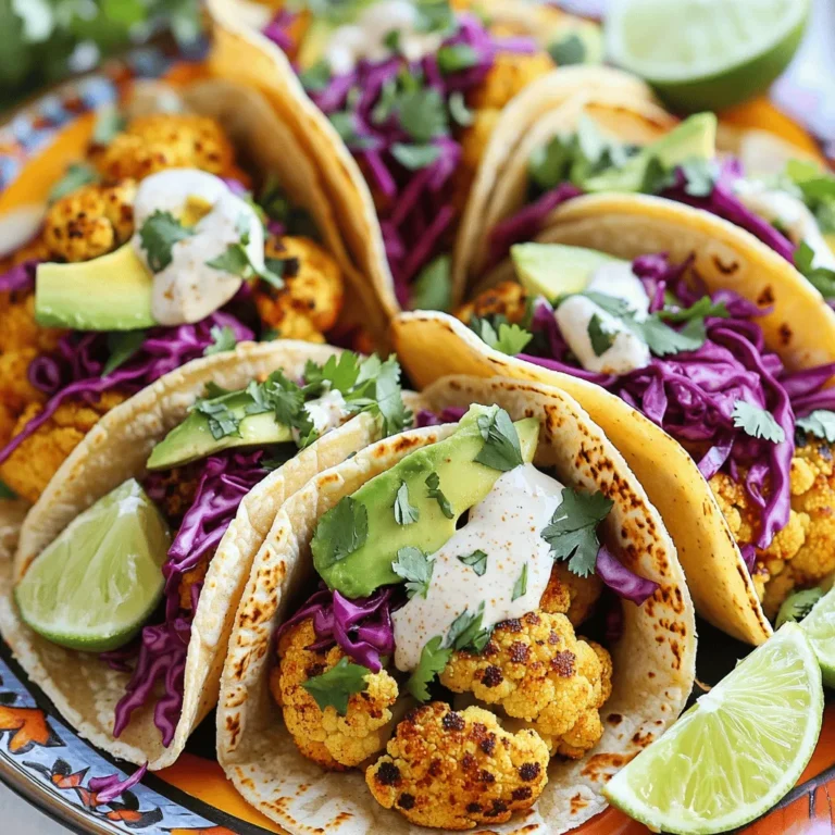 To make these tasty tacos, you need: - 1 medium head of cauliflower, cut into florets - 2 tablespoons olive oil - 1 teaspoon paprika - 1 teaspoon ground cumin - 1 teaspoon garlic powder - Salt and pepper to taste - 8 small corn tortillas - 1 cup shredded red cabbage - 1 avocado, sliced - Fresh cilantro leaves for garnish These ingredients work together to create a flavorful dish. The cauliflower gives a hearty base, while the spices add warmth. The tortillas wrap everything up nicely, and the cabbage adds crunch. For the chipotle crema, gather these items: - 1/2 cup Greek yogurt - 1-2 tablespoons chipotle in adobo sauce (adjust based on spice preference) - 1 tablespoon lime juice - Salt to taste The Greek yogurt makes the crema rich and creamy. The chipotle in adobo sauce adds a smoky kick. Lime juice brightens the flavor, making each bite refreshing. You can enhance your tacos with these garnishes: - Extra cilantro leaves - Lime wedges These add freshness and a zesty touch to your tacos. You can also try adding hot sauce for more spice. Enjoy the fun of customizing your meal with these extras! First, grab a medium head of cauliflower. Cut it into small florets. In a large bowl, add the florets. Drizzle two tablespoons of olive oil over the cauliflower. Then, sprinkle one teaspoon of paprika, ground cumin, and garlic powder. Add salt and pepper to taste. Toss everything together until the cauliflower is well coated. Next, preheat your oven to 425°F (220°C). Spread the seasoned cauliflower florets in a single layer on a baking sheet. Make sure they are not crowded. Roast them for 25 to 30 minutes. Flip the florets halfway through cooking. You want them golden brown and tender when they are done. While the cauliflower roasts, let’s make the chipotle crema. In a small bowl, mix half a cup of Greek yogurt with one to two tablespoons of chipotle in adobo sauce. You can adjust the amount based on how spicy you want it. Add one tablespoon of lime juice and a pinch of salt. Stir until it is smooth, then set it aside. Roasting cauliflower can make it crispy and flavorful. Here are some tips: - Cut Florets Evenly: Try to cut the cauliflower into similar-sized florets. This helps them cook evenly. - Don’t Overcrowd the Pan: Spread the florets in a single layer on the baking sheet. If you pack them too tight, they will steam instead of roast. - Use High Heat: Preheat your oven to 425°F (220°C). This high heat gives the cauliflower a nice golden color. - Flip Halfway: Be sure to flip the florets halfway through cooking. This ensures they brown on all sides. The chipotle crema adds a creamy kick to the tacos. Here are ways to boost its flavor: - Adjust Spice Level: Start with one tablespoon of chipotle in adobo sauce. Taste and add more if you like it spicier. - Fresh Lime Juice: Use fresh lime juice instead of bottled for a brighter taste. - Chill Before Serving: Let the crema sit in the fridge for 15 minutes before using. This helps the flavors meld together. - Add Garlic Powder: A pinch of garlic powder can give the crema an extra punch. Warming tortillas makes them soft and pliable. Here’s how to do it right: - Use a Dry Skillet: Heat a dry skillet over medium heat. - Warm for 30 Seconds: Place the tortilla in the skillet for about 30 seconds. Flip and warm the other side for the same time. - Keep Them Covered: After warming, stack the tortillas on a plate and cover them with a clean kitchen towel. This keeps them warm and soft. - Avoid Microwave: Avoid using the microwave. It can make tortillas tough and chewy. {{image_2}} You can easily make these tacos even more veggie-friendly. Swap the roasted cauliflower for other vegetables. Sweet potatoes add a nice sweetness. Zucchini gives a fresh crunch. You can also use bell peppers for a pop of color. Each option brings its unique flavor while keeping the meal plant-based. Corn tortillas are naturally gluten-free, making this dish a great choice. If you want to switch things up, try lettuce wraps. They offer a crisp, refreshing alternative. You can also use gluten-free tortillas, which are now widely available. Just check the label to ensure they fit your needs. Customize your tacos with fun toppings. Try adding diced tomatoes for freshness. Pickled onions add a tangy crunch. You can even throw in some black beans for protein. Cheese lovers can sprinkle on feta or cotija. Don't forget a squeeze of lime for extra zing. Store leftover tacos in an airtight container. Keep the roasted cauliflower, cabbage, and avocado separate from the tortillas. This way, the tortillas stay soft and fresh. Place the crema in a small container. It stays creamy and tasty when stored correctly. To reheat the roasted cauliflower, place it in a skillet. Heat over low to medium heat until warm. For the tortillas, warm them briefly in a dry skillet. This keeps them soft and pliable. Avoid the microwave, as it can make them tough. If you want to reheat the crema, do it gently on low heat. You can freeze roasted cauliflower for later use. Allow it to cool completely. Then, place it in a freezer-safe bag or container. Use it within three months for the best taste. For the chipotle crema, freeze it in small portions. Thaw it in the fridge before use. This way, you can enjoy this tasty dish at any time! Yes, you can make parts of this recipe ahead of time. Roast the cauliflower and store it in the fridge. It stays good for about three days. Make the chipotle crema, too, and keep it in an airtight container. When you’re ready to eat, warm the cauliflower and tortillas. This makes it quick and easy. You can use many other veggies in these tacos. Try bell peppers, zucchini, or sweet potatoes. These options add great texture and flavor. Just roast them the same way as the cauliflower. Feel free to mix and match to suit your taste! To change the spice level, adjust the chipotle in adobo sauce. Start with one tablespoon if you want it mild. Gradually add more until you reach your desired heat. You can also add a bit of honey to balance the heat if you find it too spicy. Yes, you can swap Greek yogurt with sour cream or a non-dairy option. For a lighter version, use plain yogurt. These options keep the crema creamy while changing the flavor slightly. Choose what fits your diet best! Roasted cauliflower tacos are easy and tasty. We covered key ingredients, from cauliflower to crema. I shared step-by-step instructions so you can roast perfectly. Tips help you enhance flavors and warm tortillas right. There are fun variations and easy storage ideas too. Try this dish today to impress friends and family. These tacos are simple to make, yet full of flavor. Enjoy the process and experiment with your own ideas!