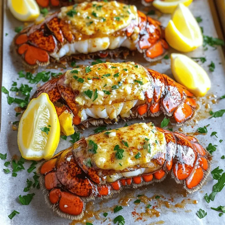 - 4 lobster tails - 1/2 cup unsalted butter - 4 garlic cloves, minced - 2 tablespoons fresh parsley, chopped - 1 tablespoon lemon juice - 1 teaspoon paprika - 1 teaspoon salt - 1/2 teaspoon black pepper - Lemon wedges, for serving The key to this dish is fresh ingredients. First, you need four lobster tails. Look for ones that feel firm and heavy. Next, grab half a cup of unsalted butter. This will give the dish rich flavor. You should also have four garlic cloves. Mince them finely to release their aroma. For a burst of freshness, use two tablespoons of fresh parsley. You will need one tablespoon of lemon juice. This brightens the flavor. Add one teaspoon of paprika for a hint of warmth. Then, include one teaspoon of salt and half a teaspoon of black pepper for seasoning. Lastly, have some lemon wedges ready for serving. They add a nice touch and enhance the dish's taste. First, preheat your oven to 425°F (220°C). This high heat cooks the lobster quickly and evenly. Next, line a large sheet pan with parchment paper. This makes cleanup easy and helps the lobster not stick. Now, let’s make the garlic butter. In a small saucepan, melt 1/2 cup of unsalted butter over medium heat. Once it melts, add 4 minced garlic cloves. Sauté the garlic for about 1-2 minutes. You want it fragrant but not browned. Remove the pan from the heat. Stir in 2 tablespoons of chopped parsley, 1 tablespoon of lemon juice, 1 teaspoon of paprika, 1 teaspoon of salt, and 1/2 teaspoon of black pepper. This mix adds flavor to our lobster. To prepare the lobster tails, use kitchen scissors. Cut each tail in half lengthwise. Be careful to expose the meat while keeping the shell intact. This step helps the meat cook and soak up the butter. Place the lobster tails on the sheet pan with the cut side facing up. Brush each tail generously with the garlic butter mixture. Make sure to cover all the meat for the best flavor. Now, it’s time to bake! Place the sheet pan in your preheated oven. Bake the lobster tails for about 12-15 minutes. They are done when the meat looks opaque and has a light brown color. After baking, remove the tails from the oven. Drizzle any remaining garlic butter from the pan over the lobster. This extra touch enhances the dish's flavor. Serve the lobster tails with fresh lemon wedges on the side. The lemon adds a bright, zesty kick that complements the rich butter. - Avoid overcooking lobster: Lobster cooks fast. Bake it for 12-15 minutes. The meat should be opaque and firm. Overcooking makes it tough. Use a meat thermometer, aiming for 140°F (60°C) for best results. - Best practices for butter application: Brush each tail with the garlic butter mix. Apply it generously for rich flavor. Don’t waste any butter left in the pan. Drizzle it over the tails after baking for more taste. - Pairing lobster tails with sides: Lobster pairs well with simple sides. Try garlic green beans or roasted asparagus. A fresh salad with lemon vinaigrette works great too. These sides balance the rich lobster. - Best wines to complement lobster dishes: Choose white wines for lobster. A crisp Chardonnay or a light Sauvignon Blanc complements the dish well. If you prefer red, go for a light Pinot Noir. These wines enhance the flavor of the lobster without overpowering it. {{image_2}} You can change up the flavor of your lobster tails easily. Adding fresh herbs like thyme or dill gives it a new twist. Both herbs add a nice, fresh taste that pairs well with the garlic butter. If you want a bit of spice, consider using Old Bay seasoning. This classic blend gives a bold flavor that enhances the lobster's natural sweetness. You can mix and match herbs and spices to create your own unique flavor. You have options when it comes to cooking lobster tails. Grilling them adds a smoky flavor that many people enjoy. It gives a nice char and keeps the meat juicy. If you want to stick to the sheet pan method, that works great too. It helps to keep the flavors concentrated and the lobster tender. You can also try broiling the lobster tails. Broiling cooks the tops quickly, which gives a nice texture. It creates a slightly crisp surface while keeping the inside moist. Each method brings out different flavors, so have fun experimenting! To keep your leftover lobster tails fresh, place them in an airtight container. Store them in the fridge. They stay good for up to two days. Always cool them down before sealing. This helps prevent moisture buildup. You can freeze lobster tails, but you'll need to prepare them first. Wrap each tail tightly in plastic wrap. Then, place them in a freezer-safe bag. They can stay in the freezer for up to three months. When you're ready to eat, thaw them in the fridge overnight. To reheat lobster tails without drying out the meat, use a gentle heat. You can steam them on the stove. Place the tails in a steamer basket over boiling water. Cover it and steam for about 5-8 minutes. This keeps the meat moist. You can also use the oven. Preheat it to 350°F (175°C). Place the tails on a baking dish with a splash of water. Cover with foil and heat for 10-15 minutes. Microwaving is quick but tricky. If you choose this method, use a low power setting. Cover the tails with a damp paper towel. Heat in short bursts of 30 seconds. Check often to avoid drying them out. The best way to cook lobster tails is by baking them. Baking gives even heat, which helps the tails cook properly. This method also allows you to infuse flavors easily. Use a mix of garlic butter, lemon juice, and spices for great taste. Follow the recipe carefully for perfect results. You know lobster tails are done when the meat turns opaque and lightly browned. This usually takes about 12-15 minutes at 425°F (220°C). You can also check the internal temperature. It should reach 140°F (60°C). If you see white, flaky meat, it is ready to eat. Yes, you can prepare garlic butter lobster tails ahead of time. Cut the lobster tails and mix the garlic butter. Store them in the fridge for up to 24 hours. When ready to cook, just bake them as directed. This makes dinner easy and quick! You have all the tools to make delicious lobster tails. The ingredients, steps, and tips set you up for success. Remember to avoid overcooking, and don’t forget the lemon. You can add your favorite herbs for a twist. Store leftovers properly to enjoy later. With these tips, you’ll impress your friends and family. Cooking should be fun and rewarding, so dive in and enjoy your tasty lobster meal!
