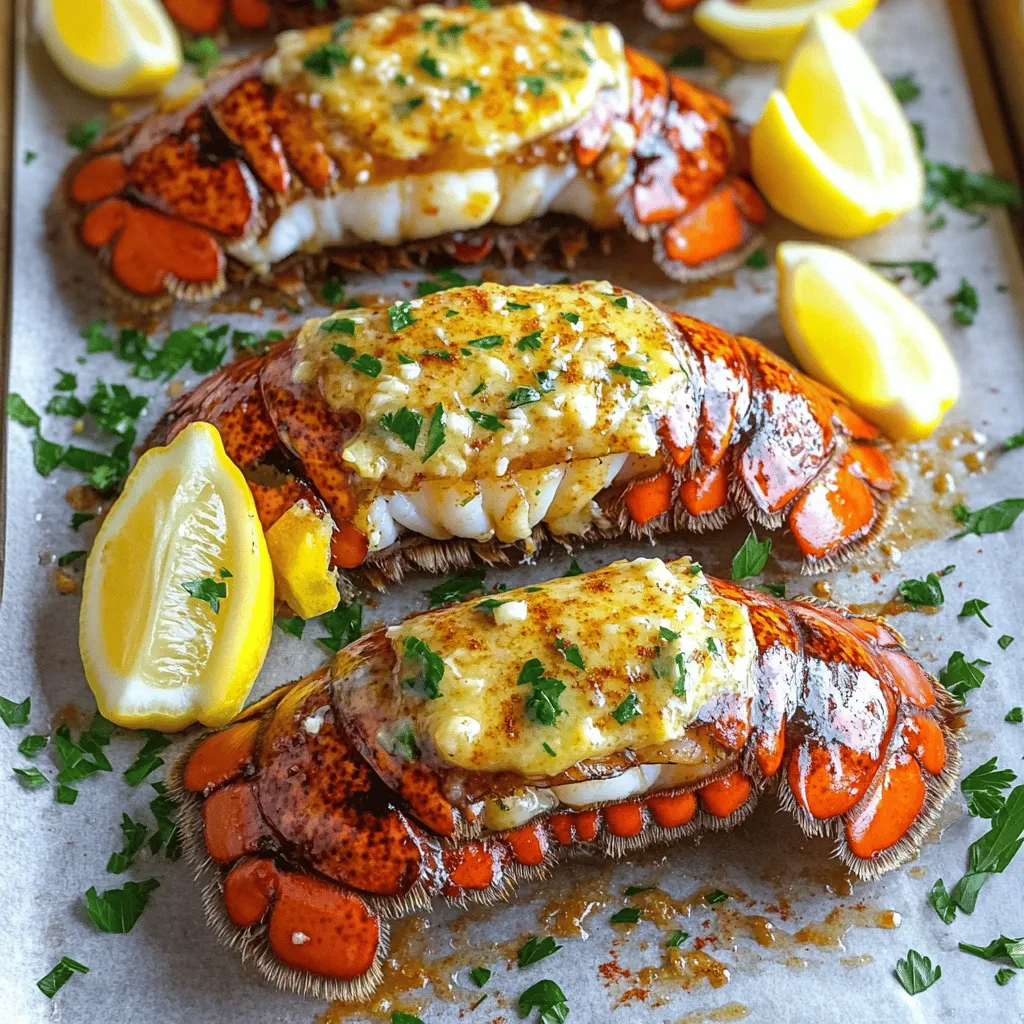 - 4 lobster tails - 1/2 cup unsalted butter - 4 garlic cloves, minced - 2 tablespoons fresh parsley, chopped - 1 tablespoon lemon juice - 1 teaspoon paprika - 1 teaspoon salt - 1/2 teaspoon black pepper - Lemon wedges, for serving The key to this dish is fresh ingredients. First, you need four lobster tails. Look for ones that feel firm and heavy. Next, grab half a cup of unsalted butter. This will give the dish rich flavor. You should also have four garlic cloves. Mince them finely to release their aroma. For a burst of freshness, use two tablespoons of fresh parsley. You will need one tablespoon of lemon juice. This brightens the flavor. Add one teaspoon of paprika for a hint of warmth. Then, include one teaspoon of salt and half a teaspoon of black pepper for seasoning. Lastly, have some lemon wedges ready for serving. They add a nice touch and enhance the dish's taste. First, preheat your oven to 425°F (220°C). This high heat cooks the lobster quickly and evenly. Next, line a large sheet pan with parchment paper. This makes cleanup easy and helps the lobster not stick. Now, let’s make the garlic butter. In a small saucepan, melt 1/2 cup of unsalted butter over medium heat. Once it melts, add 4 minced garlic cloves. Sauté the garlic for about 1-2 minutes. You want it fragrant but not browned. Remove the pan from the heat. Stir in 2 tablespoons of chopped parsley, 1 tablespoon of lemon juice, 1 teaspoon of paprika, 1 teaspoon of salt, and 1/2 teaspoon of black pepper. This mix adds flavor to our lobster. To prepare the lobster tails, use kitchen scissors. Cut each tail in half lengthwise. Be careful to expose the meat while keeping the shell intact. This step helps the meat cook and soak up the butter. Place the lobster tails on the sheet pan with the cut side facing up. Brush each tail generously with the garlic butter mixture. Make sure to cover all the meat for the best flavor. Now, it’s time to bake! Place the sheet pan in your preheated oven. Bake the lobster tails for about 12-15 minutes. They are done when the meat looks opaque and has a light brown color. After baking, remove the tails from the oven. Drizzle any remaining garlic butter from the pan over the lobster. This extra touch enhances the dish's flavor. Serve the lobster tails with fresh lemon wedges on the side. The lemon adds a bright, zesty kick that complements the rich butter. - Avoid overcooking lobster: Lobster cooks fast. Bake it for 12-15 minutes. The meat should be opaque and firm. Overcooking makes it tough. Use a meat thermometer, aiming for 140°F (60°C) for best results. - Best practices for butter application: Brush each tail with the garlic butter mix. Apply it generously for rich flavor. Don’t waste any butter left in the pan. Drizzle it over the tails after baking for more taste. - Pairing lobster tails with sides: Lobster pairs well with simple sides. Try garlic green beans or roasted asparagus. A fresh salad with lemon vinaigrette works great too. These sides balance the rich lobster. - Best wines to complement lobster dishes: Choose white wines for lobster. A crisp Chardonnay or a light Sauvignon Blanc complements the dish well. If you prefer red, go for a light Pinot Noir. These wines enhance the flavor of the lobster without overpowering it. {{image_2}} You can change up the flavor of your lobster tails easily. Adding fresh herbs like thyme or dill gives it a new twist. Both herbs add a nice, fresh taste that pairs well with the garlic butter. If you want a bit of spice, consider using Old Bay seasoning. This classic blend gives a bold flavor that enhances the lobster's natural sweetness. You can mix and match herbs and spices to create your own unique flavor. You have options when it comes to cooking lobster tails. Grilling them adds a smoky flavor that many people enjoy. It gives a nice char and keeps the meat juicy. If you want to stick to the sheet pan method, that works great too. It helps to keep the flavors concentrated and the lobster tender. You can also try broiling the lobster tails. Broiling cooks the tops quickly, which gives a nice texture. It creates a slightly crisp surface while keeping the inside moist. Each method brings out different flavors, so have fun experimenting! To keep your leftover lobster tails fresh, place them in an airtight container. Store them in the fridge. They stay good for up to two days. Always cool them down before sealing. This helps prevent moisture buildup. You can freeze lobster tails, but you'll need to prepare them first. Wrap each tail tightly in plastic wrap. Then, place them in a freezer-safe bag. They can stay in the freezer for up to three months. When you're ready to eat, thaw them in the fridge overnight. To reheat lobster tails without drying out the meat, use a gentle heat. You can steam them on the stove. Place the tails in a steamer basket over boiling water. Cover it and steam for about 5-8 minutes. This keeps the meat moist. You can also use the oven. Preheat it to 350°F (175°C). Place the tails on a baking dish with a splash of water. Cover with foil and heat for 10-15 minutes. Microwaving is quick but tricky. If you choose this method, use a low power setting. Cover the tails with a damp paper towel. Heat in short bursts of 30 seconds. Check often to avoid drying them out. The best way to cook lobster tails is by baking them. Baking gives even heat, which helps the tails cook properly. This method also allows you to infuse flavors easily. Use a mix of garlic butter, lemon juice, and spices for great taste. Follow the recipe carefully for perfect results. You know lobster tails are done when the meat turns opaque and lightly browned. This usually takes about 12-15 minutes at 425°F (220°C). You can also check the internal temperature. It should reach 140°F (60°C). If you see white, flaky meat, it is ready to eat. Yes, you can prepare garlic butter lobster tails ahead of time. Cut the lobster tails and mix the garlic butter. Store them in the fridge for up to 24 hours. When ready to cook, just bake them as directed. This makes dinner easy and quick! You have all the tools to make delicious lobster tails. The ingredients, steps, and tips set you up for success. Remember to avoid overcooking, and don’t forget the lemon. You can add your favorite herbs for a twist. Store leftovers properly to enjoy later. With these tips, you’ll impress your friends and family. Cooking should be fun and rewarding, so dive in and enjoy your tasty lobster meal!