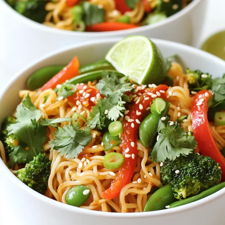 - 8 oz rice noodles - 2 tablespoons vegetable oil - 4 cloves garlic, minced - 1 tablespoon fresh ginger, grated - 1 red bell pepper, thinly sliced - 1 cup snap peas - 1 cup broccoli florets - 1/4 cup low-sodium soy sauce - 2 tablespoons chili paste - 1 tablespoon sesame oil - 1 tablespoon rice vinegar - 1 tablespoon honey or maple syrup - 2 green onions, sliced - Fresh cilantro for garnish - Sesame seeds for topping These ingredients form the base of the chili garlic noodle bowls. The rice noodles give a nice texture. The garlic and ginger add great flavor. Fresh vegetables like bell pepper and snap peas provide crunch. - Lime wedges for serving - Red pepper flakes for extra heat - Peanuts or cashews for crunch Adding a lime wedge brings a zesty touch. If you love heat, sprinkle red pepper flakes on top. Nuts can add a nice bite to the dish. - Rice noodles: You can use egg noodles or whole wheat noodles. - Vegetable oil: Olive oil or sesame oil works too. - Soy sauce: Tamari is a good gluten-free option. - Honey: Use agave syrup for a vegan choice. These swaps keep the recipe flexible. You can use what you have on hand without losing flavor. First, boil a large pot of water. Add the rice noodles. Cook them according to the package. You want them al dente. This usually takes about 4 to 6 minutes. Once done, drain them. Rinse the noodles under cold water. This stops the cooking process. Set them aside for later. In a small bowl, mix the sauce ingredients. Add the soy sauce, chili paste, sesame oil, rice vinegar, and honey. Whisk until everything blends well. This sauce brings the heat and flavor you need. Set it aside, too. Heat a large skillet or wok over medium-high heat. Add the vegetable oil. Once hot, toss in the minced garlic and grated ginger. Sauté for about 30 seconds until it smells great. Now, add the sliced red bell pepper, snap peas, and broccoli florets. Stir-fry these for about 5 minutes. You want them tender but still crisp. Now it’s time to mix everything. Add the cooked rice noodles to the skillet. Pour the chili garlic sauce over the noodles. Toss everything together gently. Make sure the noodles and veggies are coated in the sauce. Cook for another 2 to 3 minutes. This helps everything heat through. Take the skillet off the heat. Serve the noodle bowls in deep dishware. Garnish with sliced green onions and fresh cilantro. A sprinkle of sesame seeds on top adds a nice touch. For a zesty finish, add a lime wedge on the side. Enjoy your meal! To make the best noodles, follow these steps: - Use fresh rice noodles if possible, as they have a great texture. - Boil water in a large pot. Add the noodles and cook until just tender. - Drain the noodles and rinse them under cold water. This stops the cooking. - Toss them with a little oil to prevent sticking. These tips help your noodles stay firm and tasty. Spice is key in chili garlic noodle bowls. Here’s how to adjust it: - Start with one tablespoon of chili paste. This gives a nice kick. - Taste the dish after mixing in the sauce. - Add more chili paste if you want it spicier. - For milder flavors, you can add more honey or maple syrup. This way, you control the heat and make it just right for you. Serving can make your dish shine. Here are some easy ideas: - Use deep bowls to hold the noodles and veggies well. - Garnish with sliced green onions and fresh cilantro for color. - Add a sprinkle of sesame seeds on top for crunch. - Serve with a lime wedge on the side for a zesty touch. These simple tips make your chili garlic noodle bowls look and taste amazing! {{image_2}} You can add protein to your chili garlic noodle bowls for more flavor and nutrition. Tofu is a great choice for a vegetarian option. Press and cube firm tofu, then sauté it until golden. For chicken, use boneless, skinless breast or thigh. Cut it into small pieces and cook until no longer pink. Shrimp adds a nice touch too; just sauté them until they turn pink. Each protein choice brings its unique taste and texture, making your meal even better. To make this dish vegan, simply replace honey with maple syrup. You can also use vegetable broth instead of water for cooking the noodles. If you want to keep it vegetarian, just go with the tofu option. It soaks up the sauce well and stays tasty. These small changes let everyone enjoy this delicious meal without losing any flavor. Feel free to mix up the veggies! You can add carrots, zucchini, or bell peppers for crunch. Spinach or bok choy adds a nice touch of green. Use what you have in your fridge; it all works well. The key is to keep the veggies crisp. Cook them just enough to stay bright and fresh. This way, every bowl looks great and tastes even better. To keep your chili garlic noodle bowls fresh, place them in an airtight container. Make sure they cool down before sealing. Store them in the fridge. They stay tasty for about three days. When you're ready to eat, reheat the noodles. Use a microwave or a skillet. If using a microwave, heat in short bursts. Stir the noodles often. This helps them heat evenly. In a skillet, add a splash of water, and stir over low heat until warm. You can freeze these noodle bowls if you want to save some for later. Put the cooled noodles in a freezer-safe bag. Squeeze out the air before sealing. They can last up to two months in the freezer. To eat, just thaw them in the fridge overnight and reheat as mentioned. Yes, you can use many noodle types. Rice noodles are great, but try soba or udon. They each add a unique taste and texture. Cook them according to package directions. This will ensure they fit well with the dish. To add heat, increase the chili paste. Start with an extra tablespoon, then taste. You can also add red pepper flakes or sliced fresh chili for more spice. Adjust it to your taste. Just remember, it’s easier to add heat than to take it away! Serve the noodle bowls with a side of crispy spring rolls or a fresh salad. A light cucumber salad pairs well, too. You can even enjoy them with grilled chicken or shrimp for extra protein. These sides will complement the flavors and make a complete meal. Leftovers last about three to four days in the fridge. Store them in an airtight container to keep them fresh. When you’re ready to eat, reheat them in a pan or microwave until hot. Just add a splash of water if they seem dry. In this post, I covered how to make chili garlic noodle bowls. You learned about key ingredients, easy steps, and helpful tips. I also shared fun variations and storage advice. Remember, you can adjust flavors and ingredients to suit your taste. Cooking is about creativity and fun, so try new things! Enjoy this dish with friends or family for a tasty meal. You now have the tools to make chili garlic noodles your way. Happy cooking!