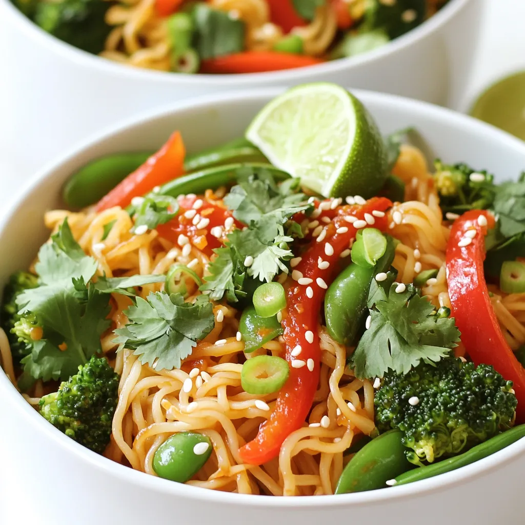 - 8 oz rice noodles - 2 tablespoons vegetable oil - 4 cloves garlic, minced - 1 tablespoon fresh ginger, grated - 1 red bell pepper, thinly sliced - 1 cup snap peas - 1 cup broccoli florets - 1/4 cup low-sodium soy sauce - 2 tablespoons chili paste - 1 tablespoon sesame oil - 1 tablespoon rice vinegar - 1 tablespoon honey or maple syrup - 2 green onions, sliced - Fresh cilantro for garnish - Sesame seeds for topping These ingredients form the base of the chili garlic noodle bowls. The rice noodles give a nice texture. The garlic and ginger add great flavor. Fresh vegetables like bell pepper and snap peas provide crunch. - Lime wedges for serving - Red pepper flakes for extra heat - Peanuts or cashews for crunch Adding a lime wedge brings a zesty touch. If you love heat, sprinkle red pepper flakes on top. Nuts can add a nice bite to the dish. - Rice noodles: You can use egg noodles or whole wheat noodles. - Vegetable oil: Olive oil or sesame oil works too. - Soy sauce: Tamari is a good gluten-free option. - Honey: Use agave syrup for a vegan choice. These swaps keep the recipe flexible. You can use what you have on hand without losing flavor. First, boil a large pot of water. Add the rice noodles. Cook them according to the package. You want them al dente. This usually takes about 4 to 6 minutes. Once done, drain them. Rinse the noodles under cold water. This stops the cooking process. Set them aside for later. In a small bowl, mix the sauce ingredients. Add the soy sauce, chili paste, sesame oil, rice vinegar, and honey. Whisk until everything blends well. This sauce brings the heat and flavor you need. Set it aside, too. Heat a large skillet or wok over medium-high heat. Add the vegetable oil. Once hot, toss in the minced garlic and grated ginger. Sauté for about 30 seconds until it smells great. Now, add the sliced red bell pepper, snap peas, and broccoli florets. Stir-fry these for about 5 minutes. You want them tender but still crisp. Now it’s time to mix everything. Add the cooked rice noodles to the skillet. Pour the chili garlic sauce over the noodles. Toss everything together gently. Make sure the noodles and veggies are coated in the sauce. Cook for another 2 to 3 minutes. This helps everything heat through. Take the skillet off the heat. Serve the noodle bowls in deep dishware. Garnish with sliced green onions and fresh cilantro. A sprinkle of sesame seeds on top adds a nice touch. For a zesty finish, add a lime wedge on the side. Enjoy your meal! To make the best noodles, follow these steps: - Use fresh rice noodles if possible, as they have a great texture. - Boil water in a large pot. Add the noodles and cook until just tender. - Drain the noodles and rinse them under cold water. This stops the cooking. - Toss them with a little oil to prevent sticking. These tips help your noodles stay firm and tasty. Spice is key in chili garlic noodle bowls. Here’s how to adjust it: - Start with one tablespoon of chili paste. This gives a nice kick. - Taste the dish after mixing in the sauce. - Add more chili paste if you want it spicier. - For milder flavors, you can add more honey or maple syrup. This way, you control the heat and make it just right for you. Serving can make your dish shine. Here are some easy ideas: - Use deep bowls to hold the noodles and veggies well. - Garnish with sliced green onions and fresh cilantro for color. - Add a sprinkle of sesame seeds on top for crunch. - Serve with a lime wedge on the side for a zesty touch. These simple tips make your chili garlic noodle bowls look and taste amazing! {{image_2}} You can add protein to your chili garlic noodle bowls for more flavor and nutrition. Tofu is a great choice for a vegetarian option. Press and cube firm tofu, then sauté it until golden. For chicken, use boneless, skinless breast or thigh. Cut it into small pieces and cook until no longer pink. Shrimp adds a nice touch too; just sauté them until they turn pink. Each protein choice brings its unique taste and texture, making your meal even better. To make this dish vegan, simply replace honey with maple syrup. You can also use vegetable broth instead of water for cooking the noodles. If you want to keep it vegetarian, just go with the tofu option. It soaks up the sauce well and stays tasty. These small changes let everyone enjoy this delicious meal without losing any flavor. Feel free to mix up the veggies! You can add carrots, zucchini, or bell peppers for crunch. Spinach or bok choy adds a nice touch of green. Use what you have in your fridge; it all works well. The key is to keep the veggies crisp. Cook them just enough to stay bright and fresh. This way, every bowl looks great and tastes even better. To keep your chili garlic noodle bowls fresh, place them in an airtight container. Make sure they cool down before sealing. Store them in the fridge. They stay tasty for about three days. When you're ready to eat, reheat the noodles. Use a microwave or a skillet. If using a microwave, heat in short bursts. Stir the noodles often. This helps them heat evenly. In a skillet, add a splash of water, and stir over low heat until warm. You can freeze these noodle bowls if you want to save some for later. Put the cooled noodles in a freezer-safe bag. Squeeze out the air before sealing. They can last up to two months in the freezer. To eat, just thaw them in the fridge overnight and reheat as mentioned. Yes, you can use many noodle types. Rice noodles are great, but try soba or udon. They each add a unique taste and texture. Cook them according to package directions. This will ensure they fit well with the dish. To add heat, increase the chili paste. Start with an extra tablespoon, then taste. You can also add red pepper flakes or sliced fresh chili for more spice. Adjust it to your taste. Just remember, it’s easier to add heat than to take it away! Serve the noodle bowls with a side of crispy spring rolls or a fresh salad. A light cucumber salad pairs well, too. You can even enjoy them with grilled chicken or shrimp for extra protein. These sides will complement the flavors and make a complete meal. Leftovers last about three to four days in the fridge. Store them in an airtight container to keep them fresh. When you’re ready to eat, reheat them in a pan or microwave until hot. Just add a splash of water if they seem dry. In this post, I covered how to make chili garlic noodle bowls. You learned about key ingredients, easy steps, and helpful tips. I also shared fun variations and storage advice. Remember, you can adjust flavors and ingredients to suit your taste. Cooking is about creativity and fun, so try new things! Enjoy this dish with friends or family for a tasty meal. You now have the tools to make chili garlic noodles your way. Happy cooking!